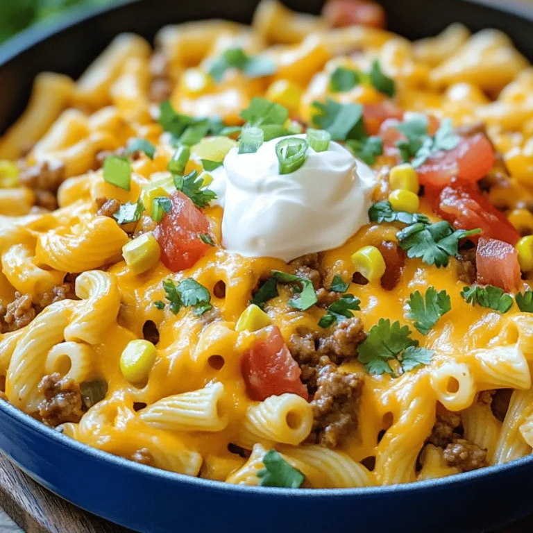 - 8 oz. elbow macaroni - 1 lb. ground beef or turkey - 1 packet taco seasoning - 1 cup diced tomatoes (canned or fresh) - 1 cup black beans, drained and rinsed - 1 cup corn (frozen or canned) - 2 cups shredded cheddar cheese - 1 cup salsa - 1/2 cup sour cream - 1 tablespoon olive oil - Salt and pepper to taste - Chopped green onions and cilantro for garnish In this Cheesy Taco Pasta recipe, I use simple and fresh ingredients. The elbow macaroni gives a nice bite. Ground beef or turkey adds protein and flavor. Taco seasoning brings a spicy kick that makes this dish fun. Diced tomatoes provide moisture and freshness. Black beans add fiber and heartiness. Corn adds sweetness and color, making the dish pop. Cheddar cheese is the star, melting into a creamy delight. Salsa adds a zesty layer that ties all the flavors together. Sour cream brings a smooth finish that balances the spice. I love to top it with green onions and cilantro for a fresh touch. You can find the full recipe at the end of this section. To cook elbow macaroni, bring a large pot of salted water to a boil. Add the macaroni and cook according to the package directions. You want it to be al dente, which means it should still have a slight bite. This usually takes about 7-8 minutes. Once cooked, drain the pasta in a colander and set it aside. In a large skillet, heat one tablespoon of olive oil over medium heat. Add one pound of ground beef or turkey. Cook it until it is browned, breaking it apart with a spatula. This should take about 5-7 minutes. After that, drain any excess fat. Stir in one packet of taco seasoning, one cup of diced tomatoes, one cup of black beans (drained and rinsed), one cup of corn, and one cup of salsa. Let this mixture simmer for about 5 minutes. This step is key for blending all the flavors together. Now, it’s time to bring it all together. Add the drained macaroni to the skillet. Stir it well to combine everything. Next, reduce the heat to low. Mix in one and a half cups of shredded cheddar cheese until it melts and becomes creamy. Finally, remove the skillet from the heat and stir in half a cup of sour cream. This will add richness and depth to your dish. Season with salt and pepper to taste. For the full recipe, check the instructions above! - How to achieve the best flavor: Use good-quality taco seasoning. You can also add garlic powder and onion powder for extra taste. Fresh herbs like cilantro boost the flavor too. - Tips for perfect pasta texture: Cook the elbow macaroni until al dente. This means it should still have a slight bite. Overcooking makes it mushy. - Best techniques for melting cheese: Add cheese gradually. Stir it in at low heat for smoothness. Cheese melts better when it's at room temperature. - Creative serving ideas: Serve in bowls and top with extra cheese and chopped green onions. You can also put some sour cream on top for a creamy touch. - Best side dishes to pair with Cheesy Taco Pasta: Pair it with a fresh salad or tortilla chips. A side of guacamole adds creaminess that pairs well. - What to watch out for while cooking: Don’t rush when browning the meat. Let it brown well for deeper flavor. Also, be careful not to add too much liquid. - Tips for preventing a soggy dish: Drain excess liquid from canned tomatoes and beans. This keeps the dish creamy, not watery. {{image_2}} You can easily swap the ground beef or turkey in this recipe. Try using ground chicken or even plant-based meat. If you're going for a vegan option, use lentils or mushrooms instead. They add a nice texture and flavor. For dairy-free meals, choose vegan cheese and sour cream. These options make this dish friendly for many diets. To boost the flavor, consider adding spices like cumin, paprika, or chili powder. A dash of hot sauce can add a kick. You can also top this dish with fresh avocado or diced jalapeños for extra zest. Using different types of cheese can change the taste too. Try pepper jack for some heat or mozzarella for a milder flavor. Mix and match to find your perfect blend. While this dish is great as a one-pot meal, you can turn it into a cheesy taco pasta bake. Just transfer the mixture to a baking dish after mixing in the cheese. Add more cheese on top and bake at 350°F for about 15 minutes. The cheese will melt and create a golden crust. It’s a fun twist that makes for a great presentation! For the full recipe, check out the previous section. To keep your Cheesy Taco Pasta fresh, store it in the fridge. Use an airtight container. This helps keep out moisture and air. Make sure to let it cool first. If you cover it while hot, steam builds up. This can spoil the taste and texture. To freeze Cheesy Taco Pasta, follow these steps: 1. Allow the dish to cool completely. 2. Portion it into freezer-safe containers or bags. 3. Remove as much air as possible. This helps prevent freezer burn. When you're ready to eat it, thaw it overnight in the fridge. Reheat it on the stove over low heat. You can add a splash of water or broth to keep it moist. In the fridge, Cheesy Taco Pasta lasts about 3-4 days. In the freezer, it can last up to 3 months. Always check for signs of spoilage. Look for off smells or changes in texture. If it smells sour or looks discolored, it’s best to toss it. Enjoy your meals safely! You can swap beef for turkey or chicken. If you want a meat-free dish, use black beans or lentils. Both options keep the taste great. You can also try plant-based ground meat for a vegan choice. Yes, you can prepare Cheesy Taco Pasta ahead of time. Cook the pasta and meat mixture separately. Store them in the fridge. When you're ready to eat, mix them together and heat until warm. To spice up the dish, add jalapeños or hot sauce. You can also use spicy salsa instead of regular salsa. Experiment with chili powder or cayenne pepper for extra heat. Absolutely! Gluten-free pasta works well in Cheesy Taco Pasta. Just cook it according to package instructions. This way, everyone can enjoy this tasty meal. For the full recipe, check out the earlier section. Cheesy Taco Pasta is a fun and easy dish to make. We covered its ingredients, steps, tips, and variations. Remember to cook pasta al dente and avoid sogginess. Get creative with toppings and try new flavors. This meal is great for families or parties. Store leftovers properly for later enjoyment. Don’t forget, there are many ways to customize this recipe to suit your taste. Enjoy making your version of Cheesy Taco Pasta today!