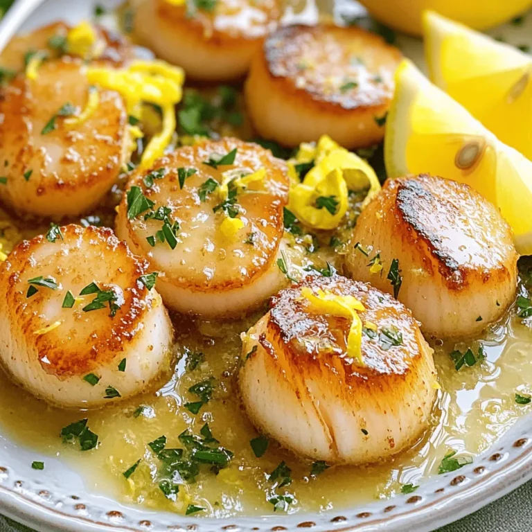 - 1 lb sea scallops, patted dry - 4 tablespoons unsalted butter, divided - 4 cloves garlic, minced - Zest of 1 lemon - 2 tablespoons fresh lemon juice - 2 tablespoons fresh parsley, chopped - Salt and pepper, to taste - Lemon wedges, for garnish Using fresh ingredients makes a big difference in your dish. The sea scallops should be the star. Buy them from a trusted source. Look for ones that are firm and smell fresh. Butter adds richness. Use unsalted butter to control the salt. Garlic gives a fragrant punch. Mince it well, so it spreads evenly. Lemon zest gives bright flavor. It enhances the scallops. Fresh lemon juice adds tang. Fresh parsley brings color and flavor. Use it for garnish, but also mix it in for freshness. Don’t forget salt and pepper for seasoning. Adjust these to your taste. Lastly, lemon wedges are perfect for serving. They provide an extra squeeze of flavor. For the full recipe and instructions, check out the complete guide. First, you need to pat dry the scallops. Use a paper towel to soak up moisture. This step is key for a good sear. Season both sides with salt and pepper. Just a pinch is enough. This adds flavor without overpowering the scallops. Next, choose a large skillet. A non-stick skillet works well. Heat 2 tablespoons of butter over medium-high heat. Wait until it melts and starts to bubble. This shows the pan is hot enough for cooking. Now, place the scallops in the skillet. Make sure they are in a single layer. Avoid overcrowding the pan; this helps them sear better. Cook them for about 2-3 minutes. Look for a golden-brown crust on one side. Gently flip each scallop using tongs. Now, add the minced garlic to the pan. Cook for another 2-3 minutes. Baste the scallops with the melted butter. This keeps them moist and adds flavor. Once the scallops are opaque and firm, it’s time for lemon. Add the zest and juice from the lemon. Then, add the remaining 2 tablespoons of butter. Toss everything gently for one more minute. This combines the flavors well. Finally, remove the skillet from heat. Stir in freshly chopped parsley for a pop of color. This adds freshness to your dish. Transfer the scallops to a serving plate. Drizzle with the garlic lemon butter sauce. Garnish with lemon wedges for a bright touch. For a full guide, check the [Full Recipe]. To get that perfect sear on your scallops, aim for a high heat. The skillet should be hot, but not smoking. A good range is between medium-high and high heat. This helps to form a nice crust. Avoid moving the scallops too soon. Let them cook for 2-3 minutes on one side. If you flip them too early, they might stick. Keep the scallops in a single layer. Overcrowding the pan can cause steaming instead of searing. When choosing scallops, fresh is best. Fresh scallops should smell like the ocean, not fishy. They should look plump and slightly moist. If you must use frozen scallops, make sure they are dry-packed. This means they are frozen without extra water, which helps with flavor. Sourcing scallops may vary by location. Local fish markets often have fresher options. If you can, ask for the catch of the day. This ensures you get the best flavor. To kick up the flavor, consider adding spices. A pinch of cayenne can add heat. Alternatively, try using smoked paprika for a unique twist. Herbs can also enhance the dish. Fresh thyme, tarragon, or basil can pair well. You can mix and match herbs for more depth. A little creativity can make your dish shine. For a full guide, check the Full Recipe of garlic lemon butter scallops. {{image_2}} You can use different herbs to change the flavor of your garlic lemon butter scallops. Consider thyme, tarragon, or basil. Each herb brings a unique taste. Mixing herbs can create even more complex flavors. For instance, thyme and lemon work well together. Tarragon adds a hint of sweetness. Basil offers a fresh and aromatic twist. Experiment to find your favorite blend! You can add vegetables to your dish for extra color and nutrition. Asparagus or spinach pairs nicely with scallops. Simply sauté them in the pan before adding the scallops. This adds a lovely crunch and flavor. If you like a bit of heat, sprinkle in some red pepper flakes. They bring a nice kick without overpowering the dish. Adjust the amount to suit your taste! Pair your scallops with delicious side dishes. A light salad or creamy risotto complements the flavors well. Garlic bread is another great option for scooping up that tasty sauce. For a drink, try a crisp white wine like Sauvignon Blanc. It matches the citrus notes of the dish. You can also go for a light sparkling water with lemon. It refreshes the palate beautifully. To keep your garlic lemon butter scallops fresh, follow these steps: - Refrigeration: Place scallops in an airtight container. This keeps them moist and prevents odors. Store in the fridge for up to two days. - Freezing: For longer storage, freeze scallops. Use a freezer-safe bag or container. Remove as much air as possible to prevent freezer burn. They can last about three months in the freezer. When it’s time to enjoy your leftovers, reheating carefully is key: - Best Methods: Reheat scallops in a skillet over low heat. Add a splash of water or broth to keep them moist. - Avoiding Texture Changes: Do not microwave them. This can make scallops rubbery. Always heat gently to maintain their tender texture. Knowing how long your cooked scallops last is important: - Fridge Duration: Cooked scallops last in the fridge for about two days. Make sure they are stored properly. - Signs of Spoilage: Check for an off smell, slimy texture, or discoloration. If you notice any of these signs, it's best to discard them. You can tell when scallops are cooked by looking for a few signs. They should turn opaque and firm. The outside should have a nice golden-brown crust. The ideal internal temperature for cooked scallops is 125°F (52°C). Use a meat thermometer for accuracy if you have one. Yes, you can use frozen scallops. Thaw them in the fridge overnight for the best results. If you are short on time, you can also place them in cold water for about an hour. When cooking, remember that frozen scallops may need a minute or two longer than fresh ones. Garlic lemon butter scallops pair well with many sides. Try serving them over a bed of creamy risotto or alongside steamed asparagus. You can also add a simple salad for a fresh touch. To elevate the dish, garnish with fresh herbs or a squeeze of lemon juice. To make this recipe dairy-free, swap the butter for a dairy-free alternative, like olive oil or vegan butter. You can still achieve great flavor. For cooking methods, you can sauté the scallops in oil instead of butter. Just make sure to heat the oil until it’s hot enough for a good sear. This article guides you through making delicious garlic lemon butter scallops. You learned about key ingredients, step-by-step cooking techniques, and essential tips for the perfect result. Scallops can be tricky, but with careful attention to detail, you can create a flavorful dish. Remember to choose fresh scallops and experiment with variations. Serving simple sides and wine will enhance your meal. Enjoy your cooking adventure and savor every bite of your creation!