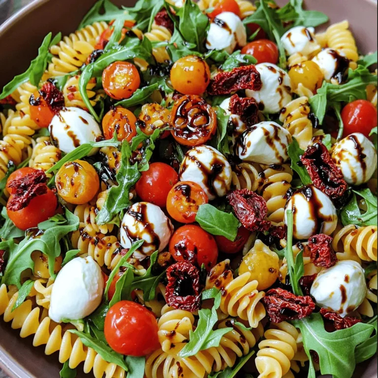 To make a tasty Caprese pasta salad, gather these simple items: - 8 oz whole wheat pasta (fusilli or penne) - 1 cup cherry tomatoes, halved - 1 cup fresh mozzarella balls, halved - 1 cup arugula - ½ cup fresh basil, chopped - ¼ cup sun-dried tomatoes, chopped - 3 tablespoons balsamic glaze - 3 tablespoons extra virgin olive oil - Salt and pepper to taste - ½ teaspoon red pepper flakes (optional) You can switch some items for a different taste. Try these: - Use gluten-free pasta if you want a gluten-free dish. - Swap arugula for spinach for a milder flavor. - Use regular mozzarella instead of fresh if needed. - Try different tomatoes, like grape or heirloom. - Replace balsamic glaze with lemon juice for a fresh twist. This salad not only tastes good, but it's also good for you. Here’s what one serving offers: - Calories: About 300 - Protein: 10g - Carbohydrates: 40g - Fat: 12g - Fiber: 6g This dish is full of vitamins and minerals, thanks to the fresh veggies and whole grains. Enjoy this healthy meal while soaking up the sun! For the full recipe, check the details above. Start by boiling a large pot of water. Add salt to the water for flavor. Once the water is boiling, add 8 oz of whole wheat pasta. Cook it according to the package instructions until it is al dente. This usually takes about 8 to 10 minutes. After cooking, drain the pasta in a colander. Rinse it under cold water to stop the cooking process. This keeps the pasta from getting mushy. While the pasta cooks, wash and cut your vegetables. Slice 1 cup of cherry tomatoes in half. Take 1 cup of fresh mozzarella balls and also cut them in half. Rinse 1 cup of arugula and set it aside. Lastly, chop ½ cup of fresh basil and ¼ cup of sun-dried tomatoes. Having these ready will make mixing the salad easier. In a large bowl, combine the cooled pasta with the cherry tomatoes, mozzarella, arugula, chopped basil, and sun-dried tomatoes. In a smaller bowl, whisk together 3 tablespoons of balsamic glaze and 3 tablespoons of extra virgin olive oil. Add salt, pepper, and ½ teaspoon of red pepper flakes if you like a kick. Drizzle this dressing over the pasta salad. Gently toss everything together until it is well mixed. Let the salad chill in the refrigerator for 15 to 30 minutes. This time helps all the flavors blend together. You can serve it chilled or at room temperature. For a pretty presentation, add extra basil leaves on top and drizzle a little more balsamic glaze. This makes the dish look inviting and fresh. For the full recipe, check out the detailed instructions provided. To craft the best Caprese pasta salad, focus on fresh ingredients. Use ripe cherry tomatoes and creamy mozzarella. Select high-quality extra virgin olive oil for rich flavor. Cook the pasta al dente for a nice bite. Rinse it under cold water to cool it fast. This stops the cooking and keeps it from getting mushy. Mix all the ingredients gently to keep the pasta intact. Let the salad sit in the fridge for at least 15 minutes. This allows the flavors to blend beautifully. Many cooks make simple mistakes when making this salad. One big mistake is overcooking the pasta. Soft pasta can ruin the dish. Another issue is using low-quality ingredients. Cheap olive oil and old tomatoes can spoil the flavor. Avoid adding too much dressing at once. It’s better to start with less and add more if needed. Lastly, don’t skip the chill time. Serving the salad too warm can dull the taste. For serving, use a large bowl to showcase the colors of the salad. Garnish with whole basil leaves for a fresh look. A drizzle of balsamic glaze on top adds flair and flavor. Serve it chilled or at room temperature. Pair this dish with grilled chicken or fish for a complete meal. You can enjoy it as a side or a light main dish. If you want to impress guests, consider serving it on a platter. This adds a touch of elegance. For the full recipe, check out the complete guide. {{image_2}} You can easily make a gluten-free version of Caprese pasta salad. Swap the whole wheat pasta for gluten-free pasta. Many brands offer great options like brown rice or quinoa pasta. Cook it just like regular pasta and then follow the same steps in the full recipe. This way, everyone can enjoy this light dish. To make a vegan Caprese pasta salad, replace the fresh mozzarella. Use vegan mozzarella or cubes of avocado for creaminess. You can also add a spoon of nutritional yeast for a cheesy flavor. Follow the full recipe, and you will have a fresh, plant-based meal that is bursting with flavor. If you want extra protein, try adding grilled chicken or shrimp. These proteins pair well with the salad's fresh flavors. You can also use chickpeas for a vegetarian option. Cook the proteins separately, mix them in, and enjoy a heartier meal. This twist makes the salad more filling and satisfying. To store your Caprese pasta salad, place it in a clean, airtight container. Make sure the lid seals tight. This keeps the salad fresh and tasty. You can store it in the fridge for up to three days. If you notice the salad getting soggy, it's best to eat it sooner. I don’t recommend freezing Caprese pasta salad. The freshness of the tomatoes and herbs does not hold up well in the freezer. When frozen, the salad can become watery and lose its bright flavors. If you want to prepare it ahead, just make the pasta and dressing. Store them separately and mix them fresh before serving. Use glass or plastic containers with tight lids. Glass containers are great because they won’t stain. They also keep the salad fresh for longer. If you plan to take the salad on the go, use a plastic container. These are lightweight and easy to pack. Just remember to keep the dressing separate until you're ready to eat. This keeps everything crisp and delicious. Caprese Pasta Salad lasts about 3 days in the fridge. Store it in an airtight container. The pasta and veggies keep fresh. However, the mozzarella may lose some texture. Yes, you can make Caprese Pasta Salad ahead of time. It tastes even better after sitting for a while. Just mix all the ingredients and chill it. You can add many things for extra flavor. Try olives for a salty touch. Grilled chicken or shrimp can add protein. A pinch of garlic or a squeeze of lemon brightens it up too. Yes, Caprese Pasta Salad is healthy. It has whole wheat pasta, fresh tomatoes, and mozzarella. These ingredients provide fiber and protein. Using olive oil adds healthy fats. Enjoy it as a light meal or side. For the full recipe, check it out here! You learned about making a tasty Caprese pasta salad. We covered all the key ingredients, swaps, and the salad's nutrition. I shared step-by-step cooking tips. You now know how to avoid mistakes and serve it well. We also explored variations like gluten-free and vegan options. Lastly, I explained storage tips for your leftovers. This salad is easy and fun to make. Enjoy it fresh or as a meal prep favorite. Happy cooking, and enjoy your delicious salad!