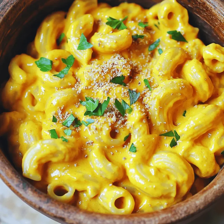 To make Easy Vegan Pumpkin Mac and Cheese, gather these ingredients: - 8 ounces elbow macaroni (or any pasta of choice) - 1 cup canned pumpkin puree - 1 cup cashews (soaked in water for 2-4 hours and drained) - 1 cup nutritional yeast - 1 cup almond milk (or any non-dairy milk) - 2 tablespoons olive oil - 2 tablespoons lemon juice - 1 teaspoon garlic powder - 1 teaspoon onion powder - 1 teaspoon smoked paprika - Salt and pepper to taste - Optional: fresh parsley, chopped (for garnish) I recommend these brands for the best results: - Cashews: Choose raw, unsalted cashews from brands like Now Foods or Blue Diamond. - Nutritional Yeast: Look for Bragg or Bob’s Red Mill for a great cheesy flavor. - Almond Milk: Almond Breeze or Silk are both tasty and creamy options. Each serving of this vegan mac and cheese is packed with nutrients: - Calories: Approximately 350 - Protein: 12g - Carbohydrates: 45g - Dietary Fiber: 5g - Fat: 16g - Saturated Fat: 2g - Sugar: 2g - Sodium: 400mg This dish is not only comforting but also provides a good source of plant protein and healthy fats. Enjoy this creamy delight while knowing it fuels your body well! For the full recipe, check out the details above. First, fill a large pot with water. Add a pinch of salt to it. Next, bring the water to a boil. Once boiling, add 8 ounces of elbow macaroni. Cook the pasta until it is al dente, which usually takes about 8-10 minutes. After cooking, drain the pasta in a colander. Set it aside while you make the sauce. In a high-speed blender, gather your sauce ingredients. You need 1 cup of canned pumpkin puree, 1 cup of soaked cashews, and 1 cup of nutritional yeast. Also, add 1 cup of almond milk, 2 tablespoons of olive oil, and 2 tablespoons of lemon juice. Don't forget 1 teaspoon of garlic powder, 1 teaspoon of onion powder, and 1 teaspoon of smoked paprika. Season with salt and pepper to taste. Blend these until the mixture is smooth and creamy. If it seems too thick, add a bit more almond milk. In the pot you used for the pasta, pour the creamy pumpkin sauce over the macaroni. Stir the pasta and sauce together well. Make sure every piece of pasta gets coated. Place the pot on low heat. Stir continuously for about 2-3 minutes. Heat until everything is warm but do not let it boil. Once heated, taste the dish. Adjust the seasoning if needed. For the best look, serve this mac and cheese in bowls. Garnish with fresh parsley for a nice touch. Enjoy this dish that is both creamy and tasty! To get that creamy feel in vegan pumpkin mac and cheese, use soaked cashews. Soak them for 2-4 hours. This step helps blend them into a smooth mixture. If your sauce is too thick, add more almond milk. Blend well until it is silky. You want it to coat the pasta nicely. If you blend too little, your sauce may end up grainy. Seasoning makes a big difference. Start with the basics like salt and pepper. Then, add garlic powder and onion powder for depth. Smoked paprika gives it a nice kick. If you want more flavor, try adding a pinch of cayenne pepper. Taste as you go. Adjust the seasonings based on your preference. A squeeze of lemon juice adds brightness too. Presentation can make your dish pop. Serve the mac and cheese in colorful bowls. A sprinkle of fresh parsley adds a nice green touch. You can also add more nutritional yeast on top. This gives it a cheesy look and taste. For a fun twist, consider serving with a side of roasted veggies. This adds color and nutrition to your plate. {{image_2}} You can boost the health of your vegan pumpkin mac and cheese by adding veggies. Spinach, kale, or broccoli work well. Just chop them into small pieces. Cook the vegetables in the pot while boiling the pasta. This way, they get tender but still keep their color. This adds fiber, vitamins, and minerals to your meal. Elbow macaroni is classic, but other pasta types work great too. Try whole wheat, gluten-free, or chickpea pasta. These options change the taste and texture a bit. Whole wheat adds a nutty flavor. Gluten-free pasta is perfect for those with allergies. Chickpea pasta gives extra protein. Choose what you like best for your dish. If you enjoy heat, make your mac and cheese spicy! Add jalapeños or red pepper flakes to the sauce. You can also stir in some hot sauce right before serving. This gives a nice kick without overpowering the pumpkin flavor. Adjust the spice level to match your taste. You can even top with crushed red pepper for extra heat! For the full recipe, check out the link above. To store leftover vegan pumpkin mac and cheese, let it cool first. Then, place it in an airtight container. This helps keep the flavors fresh. You can store it in the fridge for up to 4 days. Make sure to label the container with the date. This way, you know when to use it. When you are ready to eat your leftovers, reheat them gently. Use a pan on low heat for even warming. Add a splash of almond milk to help loosen the sauce. Stir often to avoid burning. You can also microwave it in a bowl. Heat it in short bursts, stirring in between. This keeps the creamy texture nice. You can freeze vegan pumpkin mac and cheese too! Just make sure it cools completely before freezing. Use a freezer-safe container or bag. It will stay good for about 2-3 months. When ready to eat, thaw it in the fridge overnight. Reheat it on the stove or in the microwave. For the best taste, use it sooner rather than later. No, this recipe uses no dairy cheese. However, you can try different vegan cheese brands. Some people like to mix in a bit of vegan cream cheese for extra creaminess. Yes, it can be gluten-free! Just choose gluten-free pasta. There are many great options on the market today. Look for brands that offer elbow macaroni made from rice or chickpeas. Making this dish is quick! It takes about 30 minutes from start to finish. You can prep the ingredients while the pasta cooks. You can serve this dish with a fresh salad or steamed veggies. Roasted broccoli or green beans pair nicely. For a hearty meal, add some grilled tofu or tempeh on the side. For the complete recipe, check out the Full Recipe section! This blog post covered how to make Easy Vegan Pumpkin Mac and Cheese. We looked at all the ingredients, brands to trust, and their nutrition. You learned simple steps for cooking pasta and making a creamy pumpkin sauce. I shared tips for the best flavor and looks. Plus, we explored tasty variations and how to store leftovers. Making this dish is fun and easy. With these steps and tips, you can impress anyone at your next meal. Enjoy your cooking!