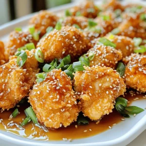 - 1 lb boneless, skinless chicken thighs - 1/2 cup cornstarch - 1/4 teaspoon black pepper - 1 cup panko breadcrumbs - 1/4 cup sesame seeds - 1/4 cup soy sauce - 1/4 cup honey - 1 tablespoon apple cider vinegar - 1 teaspoon ginger paste - 1 garlic clove, minced - Green onions, finely sliced - Toasted sesame seeds To make crispy sesame chicken, gather all your ingredients first. This helps you stay organized and enjoy the cooking process. The chicken thighs offer a tender bite while the cornstarch provides that essential crunch. Panko breadcrumbs and sesame seeds create a delightful texture and nutty flavor. For the sauce, soy sauce and honey blend perfectly. Apple cider vinegar adds a hint of tang, while ginger and garlic bring warmth and depth. These simple ingredients make a sauce that truly elevates your dish. Don’t forget your garnishes! Finely sliced green onions and toasted sesame seeds add a pop of color and flavor. When you plate your dish, it not only looks great but also tastes amazing. This is the key to making crispy sesame chicken irresistible. For the detailed steps on how to combine these ingredients, check out the Full Recipe. To start, mix the dry ingredients. In a bowl, combine 1/2 cup cornstarch, 1/2 teaspoon salt, and 1/4 teaspoon black pepper. This mix will help the chicken get crispy. Next, bread the chicken. Take 1 lb of cut chicken thighs. Dip each piece into the cornstarch mix, then into a beaten large egg. Finally, coat each piece with a mix of 1 cup panko breadcrumbs and 1/4 cup sesame seeds. Make sure the coating is even. This step is key for that crunchy texture. Now, heat oil for frying. In a deep skillet, add enough vegetable oil to cover the chicken pieces. Heat it over medium-high heat. Once the oil is hot, fry the chicken in batches. Cook for about 5-7 minutes until each piece is golden brown and crispy. Drain the fried chicken on paper towels. This keeps it from getting soggy. For the sauce, grab a separate saucepan. Combine 1/4 cup soy sauce, 1/4 cup honey, 1 tablespoon apple cider vinegar, 1 teaspoon ginger paste, and a minced garlic clove. Heat the mixture over medium heat. Stir and bring it to a simmer for 3-4 minutes. This thickens your sauce and blends the flavors nicely. Once the chicken is fried, drizzle or toss the sauce over it. Make sure each piece is well-coated. Enjoy your crispy sesame chicken! For more details, check out the Full Recipe. To make your chicken crispy, use cornstarch and panko breadcrumbs. Cornstarch helps absorb moisture, while panko adds crunch. - Use 1/2 cup of cornstarch. - Mix it with 1/2 teaspoon salt and 1/4 teaspoon black pepper. - Coat each chicken piece well before frying. Frying temperature matters too. Heat your vegetable oil to medium-high. The right heat cooks the chicken fast and keeps it crispy. - Fry in small batches. - Cook each batch for about 5-7 minutes. - Drain on paper towels to remove excess oil. To boost flavor, adjust the sauce. This sauce is a mix of sweet and savory, but you can change it to your taste. - Add more honey for sweetness or soy sauce for saltiness. - Try using fresh garlic and ginger. Fresh ingredients add a lively taste and aroma. Use 1 teaspoon of ginger paste and 1 minced garlic clove in your sauce. This makes it more vibrant and tasty. How you serve your chicken makes a big difference. For an attractive plate, use a large platter. - Drizzle extra sauce over the chicken. - Garnish with sliced green onions and toasted sesame seeds for color and texture. This makes your Crispy Sesame Chicken look as good as it tastes! For more tips and the full recipe, check the [Full Recipe]. {{image_2}} You can make Crispy Sesame Chicken lighter. Instead of frying, try baking. Bake the chicken at 400°F for 20-25 minutes. This method keeps the crunch without extra oil. If you want low-sodium soy sauce, use tamari or coconut aminos. Both give a similar flavor but with less salt. You can add spices to the coating for extra flavor. Try paprika or cayenne for a little heat. A pinch of garlic powder adds a nice touch too. To mix things up, use different sauces. Sweet chili sauce or teriyaki sauce can give a fun twist. You can also try a spicy mustard sauce for a zing. Pair your Crispy Sesame Chicken with tasty sides. Steamed broccoli or stir-fried vegetables work well. They add color and nutrition. You can also serve it with rice. Jasmine or brown rice both complement the dish. For a fresh touch, add a side salad with sesame dressing. Enjoy your meal with a mix of flavors and textures! To keep your Crispy Sesame Chicken fresh, refrigerate it right away. Place the chicken in a shallow container. This helps it cool down faster. Cover the container tightly with a lid or plastic wrap. This keeps the chicken from drying out. Use it within three days for the best taste. Use airtight containers for storing leftovers. Glass containers work great since they do not stain. You can also use BPA-free plastic containers. Make sure they are safe for food use. Label your containers with the date. This helps you track how long they have been stored. To enjoy your Crispy Sesame Chicken again, you need to reheat it carefully. The oven is the best choice. Preheat your oven to 350°F (175°C). Place the chicken on a baking sheet. Heat for about 10-15 minutes. This keeps the chicken crispy. The microwave is faster but can make the chicken soggy. If you must use it, heat in short bursts. Check after every 30 seconds to avoid overcooking. Yes, you can freeze Crispy Sesame Chicken! First, let it cool completely. Then, wrap each piece tightly in plastic wrap. Place the wrapped pieces in a freezer bag. Squeeze out the air and seal it. This prevents freezer burn. To thaw, move the chicken to the fridge overnight. This keeps it safe. You can also use the microwave for a quick thaw. Use the defrost setting, checking often. Once thawed, reheat in the oven for the best results. Enjoy your delicious meal again! For the complete recipe, check out the Full Recipe section. You can use chicken breasts as a substitute for chicken thighs. They are leaner but still work well. You may also try chicken tenders, which are tender and cook quickly. For vegetarian options, consider using tofu or tempeh. They absorb flavors well and provide a nice texture when cooked. Look for a golden brown color on the chicken. The coating should be crispy and firm. You can use a meat thermometer to check the temperature. Chicken should reach 165°F (75°C) to be safe to eat. If you do not have a thermometer, cut into a piece. The meat should be white with no pink inside. Yes, you can make the sauce in advance. Just mix all the sauce ingredients in a saucepan. Cook it over medium heat until it thickens slightly. Allow it to cool, then store it in an airtight container. When ready to use, reheat it gently on the stove. You can also microwave it for a quick option. This blog post recaps the steps to make Crispy Sesame Chicken. We covered the ingredients, cooking methods, and tips for perfect results. Whether you fry or bake, the key is achieving crispiness. I shared flavorful sauce ideas and garnishing tips to enhance your dish. Remember to store and reheat leftovers properly for best taste. With simple variations, you can easily adapt this recipe. Enjoy your cooking adventure with these helpful insights, and impress everyone with your delicious meal!
