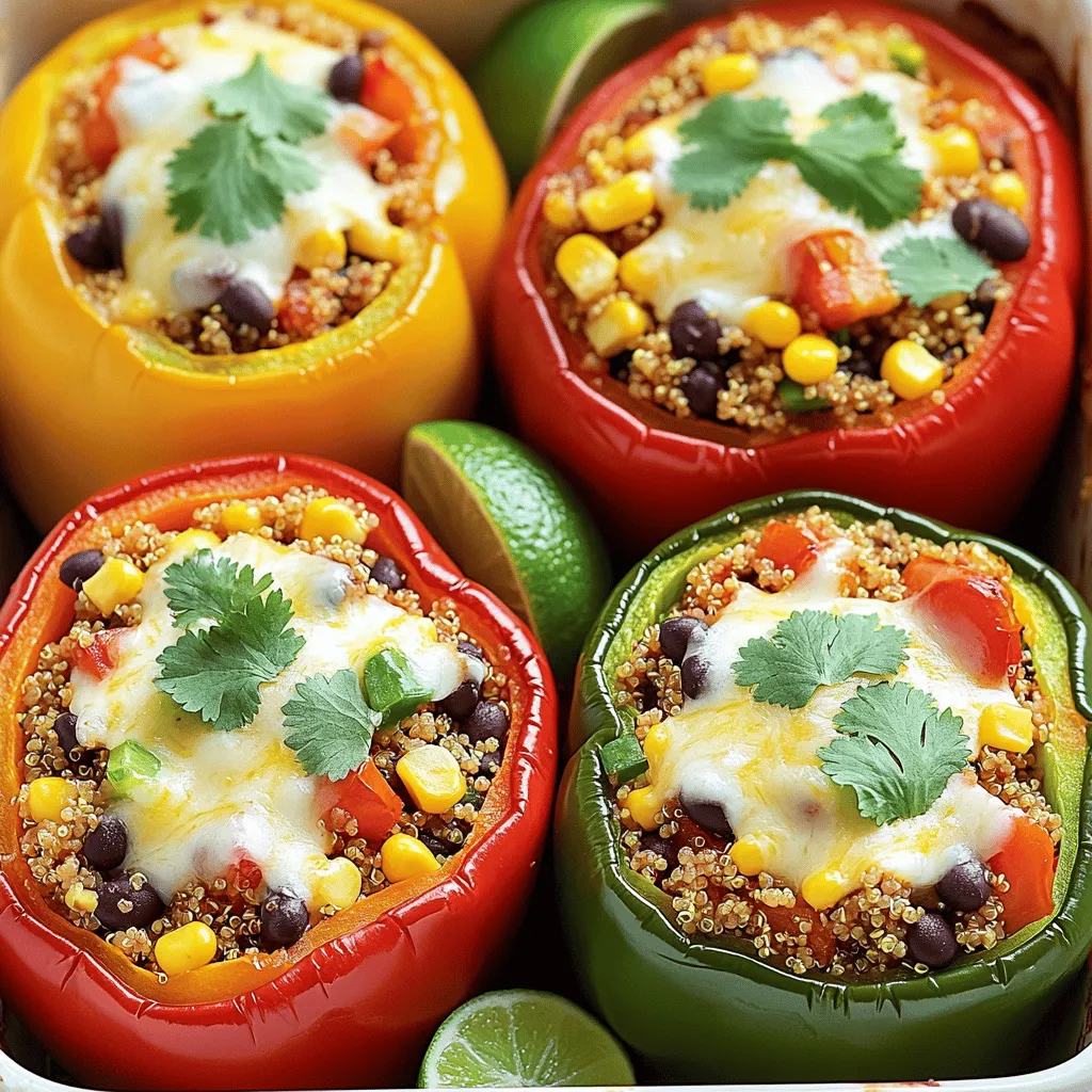 To make Mexican Quinoa Stuffed Peppers, you need some tasty main ingredients: - 4 large bell peppers (any color) - 1 cup quinoa, rinsed - 2 cups vegetable broth or water - 1 can (15 oz) black beans, drained and rinsed - 1 cup corn kernels (fresh, frozen, or canned) - 1 cup diced tomatoes (fresh or canned) These ingredients create a rich and filling dish. The bell peppers add color and crunch. Quinoa provides protein and fiber, making it a great base. Black beans add earthiness and more protein. Corn gives sweetness, while diced tomatoes add moisture and flavor. To bring all the flavors together, use these spices and seasonings: - 1 teaspoon cumin - 1 teaspoon chili powder - ½ teaspoon smoked paprika - Salt and pepper to taste These spices give the dish its vibrant Mexican flair. Cumin offers warmth, while chili powder adds a bit of heat. Smoked paprika creates a smoky depth. Don’t forget to adjust salt and pepper for your taste. Finally, add some delightful toppings: - 1 cup shredded cheese (cheddar or a Mexican blend) - Fresh cilantro for garnish - Lime wedges for serving The cheese melts beautifully over the peppers, adding creaminess. Fresh cilantro gives a pop of color and flavor. Lime wedges add brightness when squeezed over the peppers. You can find the full recipe [here](insert link). - Preheat the oven to 375°F (190°C). - Cut the tops off the bell peppers and remove the seeds. Place them upright in a baking dish. - In a medium saucepan, combine 1 cup of rinsed quinoa with 2 cups of vegetable broth. - Bring the mixture to a boil. Then, reduce heat to simmer, cover, and cook for about 15 minutes. You want the quinoa fluffy and all the liquid absorbed. - In a large bowl, combine the cooked quinoa, 1 can of black beans, 1 cup of corn, and 1 cup of diced tomatoes. - Add 1 teaspoon each of cumin and chili powder, and ½ teaspoon of smoked paprika. Season with salt and pepper to taste. Mix it all together well. - Spoon the quinoa mixture into each bell pepper. Fill them tightly and mound slightly at the top. - Add 1 cup of shredded cheese on top of the stuffed peppers. - Cover the baking dish with foil and bake for 25 minutes. - Remove the foil and bake for another 10-15 minutes until the peppers are tender and the cheese is bubbly. For the full recipe, check the instructions above! - Choosing the right bell peppers: Select large, firm peppers. Red, yellow, and green all work well. Their sweetness adds flavor. Look for peppers without blemishes. Fresh peppers hold up better during cooking. - Ensuring quinoa is properly cooked: Rinse the quinoa to remove bitterness. Use twice as much broth as quinoa. Simmer until it is fluffy. This usually takes about 15 minutes. Let it sit covered for a few minutes after cooking. - Adding other vegetables: Feel free to throw in diced zucchini, mushrooms, or spinach. These add color and nutrients. You can also mix in cooked carrots or chopped kale. This makes the dish even heartier. - Spice level adjustments: If you like heat, add diced jalapeños. For milder flavors, skip the chili powder. You can also use a pinch of cayenne pepper for warmth. Taste as you go to find your perfect heat. - Garnishing techniques: Top your stuffed peppers with fresh cilantro. This brightens the dish and adds a fresh taste. You can also sprinkle extra cheese on top. A squeeze of lime adds a zesty finish. - Serving suggestions: Serve the peppers on a colorful plate. Adding a side salad makes it a complete meal. You can also offer sour cream or avocado on the side for extra creaminess. For the full recipe, check out the Full Recipe section above! {{image_2}} You can easily boost the protein in your Mexican quinoa stuffed peppers. Try adding ground turkey or chicken. Cook the meat before mixing it with the quinoa and beans. This adds a savory flavor and makes the dish heartier. For a vegetarian version, consider incorporating tofu. Crumble firm tofu and sauté it with spices. This option keeps the meal filling and tasty while staying meat-free. Mixing up the spices can create exciting flavor variations. For a southwest-style dish, add smoked chipotle or cayenne pepper for heat. You can also try a Mediterranean twist. Use feta cheese and olives in the filling. This gives a fresh, tangy taste that pairs well with the peppers. If you prefer a vegan option, there are simple swaps. Choose dairy-free cheese alternatives to keep it cheesy without animal products. Nutritional yeast is a great choice for a cheesy flavor. You can also add more plant-based ingredients. Think of black olives, zucchini, or spinach to enhance nutrients and flavor. These adjustments make the dish suitable for everyone. For the full recipe, check out the details above. To keep your Mexican quinoa stuffed peppers fresh, refrigerate them right away. Place them in an airtight container. This helps keep the moisture in and prevents them from drying out. You can stack them if needed, but make sure they’re covered well. Use leftovers within three to four days for the best taste. When you want to enjoy your leftovers, you can use the microwave or the oven. The microwave is quick but may make the peppers a bit soggy. Heat them at medium power for about 2-3 minutes. The oven gives better results. Preheat it to 350°F (175°C) and bake for 10-15 minutes. This keeps the peppers firm and the cheese nice and melted. Cover them with foil to keep moisture in. Freezing stuffed peppers is a smart way to save a meal for later. First, let them cool completely. Wrap each pepper tightly in plastic wrap. Then, place them in a freezer-safe bag. They can last up to three months in the freezer. When you’re ready to eat, thaw them in the fridge overnight. Reheat as you would with fresh peppers. Enjoy the flavor without the fuss! For the full recipe, check the earlier section. Making Mexican Quinoa Stuffed Peppers takes about 1 hour. You need 20 minutes to prep and 40 minutes to cook. This includes baking time. Yes, you can make this recipe ahead. Prepare the stuffed peppers, then cover and store them in the fridge. They stay fresh for up to 2 days. When ready, bake them until hot. Yes, these stuffed peppers are gluten-free. All the ingredients, like quinoa and black beans, do not contain gluten. Always check labels for any hidden gluten. You can use rice or farro instead of quinoa. Both give a nice texture. For a lighter option, try cauliflower rice. Just cook it until tender before mixing with the other ingredients. This blog post covered how to make delicious Mexican Quinoa Stuffed Peppers. You learned about key ingredients like bell peppers, quinoa, and spices. We explored step-by-step instructions for prepping, cooking, and baking. Plus, we shared tips for customizing and presenting your dish. You now have storage info to keep your peppers fresh and a FAQ section for any lingering questions. These stuffed peppers are tasty, healthy, and easy to make. Enjoy creating your own unique twist on this crowd-pleasing recipe!