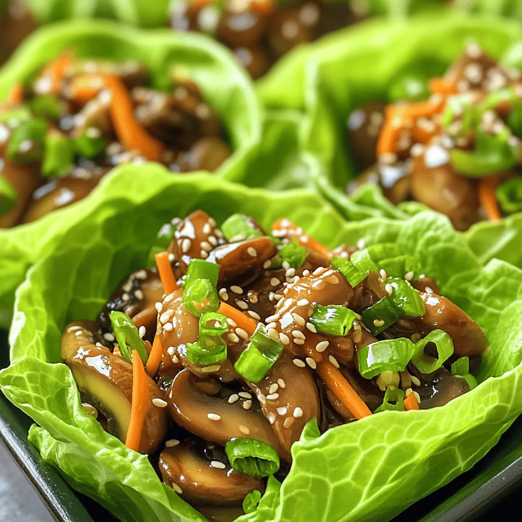 To make the Teriyaki Mushroom Lettuce Cups, you will need the following ingredients: - 2 cups shiitake mushrooms, sliced - 1 cup button mushrooms, sliced - 1 tablespoon olive oil - 2 cloves garlic, minced - 1 tablespoon ginger, minced - 1/4 cup teriyaki sauce - 1 teaspoon sesame oil - 1/4 cup green onions, chopped - 1/4 cup shredded carrots - 1 head of butter lettuce, leaves separated - Sesame seeds for garnish These ingredients bring fresh flavors and a mix of textures. Shiitake mushrooms add a rich taste. Button mushrooms add a mild, earthy tone. Olive oil helps sauté the aromatics. Garlic and ginger bring warmth to the dish. Teriyaki sauce gives a sweet and savory kick. The sesame oil adds a nutty flavor that enhances the dish. Green onions and carrots add crunch and color. Butter lettuce wraps everything up nicely, making it easy to eat. For the full recipe, click [here](Full Recipe). To make teriyaki mushroom lettuce cups, you start by cooking the aromatics. First, heat olive oil in a large skillet over medium-high heat. Add minced garlic and ginger. Cook them until they smell great, about one minute. This step builds a strong flavor base. Next, it's time to sauté the mushrooms. Add sliced shiitake and button mushrooms to the skillet. Stir them well so they cook evenly. Sauté until they become soft and browned, which should take about 5 to 7 minutes. This step is key for a delicious texture. After the mushrooms are ready, you add teriyaki sauce. Pour the sauce over the mushroom mix. Stir and cook for another 2 to 3 minutes. You want the sauce to thicken and coat the mushrooms. This will bring all the flavors together. Finally, finish with sesame oil, green onions, and shredded carrots. Stir these in and cook for one more minute. You want the greens to wilt but stay bright. This adds color and crunch to your dish. Once cooked, remove the skillet from heat and let it cool a bit. Now, it's time to assemble your lettuce cups. Take a lettuce leaf and spoon in a good amount of the mushroom mix. Top with sesame seeds for some extra crunch. Fold the lettuce over the filling and enjoy your fresh snack! For the full recipe, check out the details above. - Choosing the right mushrooms I love using shiitake and button mushrooms. Shiitake add a deep, rich flavor. Button mushrooms are mild and soft. Together, they create a great blend. Look for fresh mushrooms that feel firm. Avoid any that are slimy or have dark spots. - Enhancing flavor with additional spices To boost flavor, try adding a pinch of red pepper flakes. It gives a nice kick without being too spicy. You can also add a splash of lime juice. This adds brightness to the dish. Experimenting with spices makes your dish unique. - Cooking tips for the perfect texture For the best texture, don’t overcrowd the pan. Cook mushrooms in batches if needed. This helps them brown nicely. Stir the mushrooms occasionally for even cooking. They should be tender but not mushy. - How to serve for visual appeal Serve the mushroom mixture in the lettuce cups. Arrange them on a colorful plate. This makes them look fresh and inviting. You can also add some shredded carrots on top for extra color and crunch. - Ideal garnishing options Sprinkle sesame seeds on top for a nice finish. Chopped green onions add a pop of color, too. You can also add a few cilantro leaves for freshness. These small touches make your dish look gourmet. {{image_2}} You can swap mushrooms for tofu to make it a fun vegan dish. Tofu absorbs flavors well. Just follow the same steps as the mushrooms. If you want meat, chicken or beef works great too. Use diced chicken or thin beef strips. Cook them until golden brown before adding the sauce. For a vegan twist, ensure your teriyaki sauce has no animal products. Many brands offer vegan options. You can also make your own sauce easily. For a gluten-free version, choose a gluten-free teriyaki sauce. If you're watching carbs, use lettuce wraps instead of rice or bread. This keeps your meal light and fresh. You can find the full recipe for Teriyaki Mushroom Lettuce Cups [here](#). To keep your teriyaki mushroom lettuce cups fresh, store them properly. Use an airtight container to keep moisture out. Place the cooled mushroom mixture in the container, but keep it separate from the lettuce. This helps the lettuce stay crisp. You can store the mixture in the fridge for up to three days. If you want to keep them longer, consider freezing. Place the mushroom mixture in a freezer-safe bag. Remove as much air as possible before sealing. The mushroom filling can last in the freezer for up to three months. Just remember, the lettuce does not freeze well. Reheating your teriyaki mushroom mixture is easy. First, you can use a skillet. Heat it on medium until warm. Stir it often to keep it from burning. You can also microwave it. Use a microwave-safe bowl and cover it with a paper towel. Heat it for about one to two minutes. Check often to avoid overheating. Avoid reheating the lettuce. Instead, use fresh leaves for serving. This keeps the cups crunchy and tasty. Enjoy your flavorful snacks anytime! Can I make the sauce from scratch? Yes, you can make teriyaki sauce at home. Combine soy sauce, sugar, ginger, and garlic in a pot. Heat until the sugar dissolves, and then thicken it with cornstarch mixed with water. This way, you control the flavor and sweetness. What can I substitute for lettuce? If you don't have lettuce, use cabbage leaves or rice paper. Both provide a crunchy wrap. You can also try collard greens for a heartier option. Each adds a unique taste and texture to your dish. How long do these last in the fridge? Teriyaki mushroom lettuce cups stay fresh for about three days in the fridge. Keep the filling and lettuce separate. This keeps the lettuce crisp. Store in airtight containers to maintain freshness. What to serve with Teriyaki Mushroom Lettuce Cups? These cups pair well with rice, quinoa, or a light salad. You can also serve a side of edamame for extra protein. A simple dipping sauce, like soy sauce or spicy mayo, adds flavor. Are there any common mistakes to avoid? One common mistake is overcooking the mushrooms. They should be tender but not mushy. Also, don’t skip the garnish of sesame seeds; it adds crunch and flavor. Finally, make sure to let the filling cool before filling the lettuce, so it doesn't wilt. This article covered making Teriyaki Mushroom Lettuce Cups. You learned about the right ingredients, steps to prepare them, and tips for the best taste. We discussed easy variations, storage methods, and answered common questions. These cups are tasty and simple to make. You can enjoy them fresh or change them to fit your diet. Try these ideas and make your meals fun!
