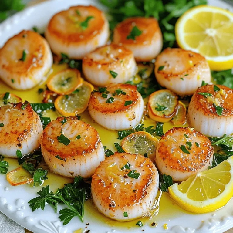 - 1 pound sea scallops, thawed if frozen - 3 tablespoons olive oil - 4 cloves garlic, minced - Zest and juice of 1 large lemon - Salt and black pepper, to taste - 1 tablespoon fresh parsley, chopped - Lemon slices for garnish - Large skillet - Paper towels - Tongs or spatula In this recipe, I focus on simple, fresh flavors. The sea scallops provide a sweet, tender base. Olive oil adds richness, while garlic and lemon bring brightness. I love using fresh parsley for both flavor and color. These ingredients create a dish that is easy yet elegant. You want to make sure you have everything ready before you start cooking. Gather all your ingredients and tools. Pat the scallops dry with paper towels. This step helps them sear nicely, giving that golden crust we all crave. Season them well with salt and black pepper. Good seasoning makes all the difference in taste. This combination of ingredients and tools creates a dish that is sure to impress. You can follow the Full Recipe for step-by-step cooking instructions. 1. Patting dry and seasoning scallops First, take your scallops and pat them dry with paper towels. This step is key. It helps you get a nice sear. Next, season both sides with salt and black pepper. Use a good amount so they taste great. 2. Zesting and juicing the lemon Now, grab your lemon. Use a zester to take off some yellow skin without the white part. This gives you zest. Then, cut the lemon in half and squeeze the juice into a bowl. Set both zest and juice aside for later. 1. Heating oil and searing scallops Heat three tablespoons of olive oil in a large skillet over medium-high heat. Wait until the oil shimmers. Carefully add your scallops in a single layer. Don’t crowd the pan. Sear them for about 2-3 minutes until they turn golden brown. 2. Adding garlic and finishing with lemon Flip the scallops over. Add four cloves of minced garlic to the pan. Cook for another 2-3 minutes. Stir the garlic gently to avoid burning. When the scallops are opaque, remove the pan from heat. Pour in the lemon zest and juice. Toss the scallops to coat them in the sauce. 3. Tips for perfect doneness Look for a slight firmness in your scallops. They should not be rubbery. A good sign is when they turn opaque all the way through. This means they are cooked just right. 1. Plating the scallops Take a plate and arrange the scallops neatly. Drizzle some of the pan juices over them for extra flavor. Garnish with lemon slices and a sprinkle of fresh parsley. This adds color and freshness. 2. Pairing ideas (sides and beverages) You can serve these scallops with sautéed greens or a light salad. For drinks, a crisp white wine pairs nicely. You can also try sparkling water with lemon for a refreshing non-alcoholic choice. Enjoy your meal! To get that golden crust on your scallops, dry them well. Moisture will steam them instead of sear. Use paper towels to pat them dry before seasoning. Always heat your oil until it shimmers before adding scallops. This heat helps form that nice crust. Do not overcrowd the pan. If you add too many scallops, they will steam, not sear. Cook them in batches if needed. You can boost the flavor by adding fresh herbs like thyme or basil. A pinch of red pepper flakes can add a nice kick too. Balancing acidity is key. The lemon juice gives a bright flavor, but a touch of sweetness from honey can round it out. One common mistake is overcooking scallops. They should be opaque and firm, but not rubbery. Inadequate seasoning can lead to bland scallops. Season well with salt and pepper before cooking. This step makes a big difference. For the full recipe, check the Lemon Garlic Scallops section. {{image_2}} You can swap scallops for shrimp. Shrimp cooks fast and has a sweet taste. Just use the same method as for scallops. You can also try different oils. Instead of olive oil, use butter or avocado oil. Each will give a different flavor to the dish. Add a splash of white wine for extra depth. Wine enhances the lemon and garlic flavors. You can also use other citrus fruits. Try lime or orange juice for a fresh twist. They will brighten up the dish in a new way. For a gluten-free option, this recipe is already safe. All the ingredients are gluten-free. You can also make low-carb adjustments. Use less oil or skip the garlic if you prefer. This way, you can still enjoy the meal while sticking to your diet. For the full recipe, check out the complete guide. To keep your Lemon Garlic Scallops fresh for a few days, follow these tips. First, let the scallops cool down at room temperature. Then, place them in an airtight container. This helps keep the scallops moist. You can store them in the fridge for up to two days. Make sure to label the container with the date. If you want to store scallops for longer, freezing is the way to go. Place the cooled scallops in a freezer-safe bag. Remove as much air as possible before sealing. This helps prevent freezer burn. You can freeze them for up to three months. When you are ready to use them, thaw in the fridge overnight for best results. To reinvigorate your leftovers, heat them gently. The microwave works well, but avoid overcooking. A skillet on low heat is another good option. Add a splash of olive oil or a bit of water to keep them moist. Heat just until warm, not hot. Serve them with a squeeze of fresh lemon juice for a bright flavor boost. The best sides to pair with Lemon Garlic Scallops include: - Sautéed spinach or kale - Light mixed green salad - Creamy risotto - Garlic mashed potatoes - Grilled asparagus Each of these sides balances the scallops' rich flavor well. You can also serve them with lemon wedges for extra zing. Yes, you can use frozen scallops. Just remember to thaw them first. - Place the scallops in the fridge overnight. - If you're short on time, you can run them under cold water for about 30 minutes. Make sure they are fully thawed before cooking. This helps them cook evenly. To check if scallops are done, look for these signs: - They should turn opaque. - The surface should be slightly firm to touch. - A golden crust should form on the outside. Avoid overcooking, as this makes them tough. Yes! You can make a low-carb version by using these alternatives: - Replace olive oil with avocado oil for a different flavor. - Use fresh herbs like basil or dill instead of parsley. - Skip the potatoes or rice and serve with a side of zucchini noodles. These swaps keep the meal light and healthy. To store leftover Lemon Garlic Scallops, follow these steps: - Place them in an airtight container. - Keep them in the fridge for up to 2 days. - If you need to store them longer, freeze them for up to 2 months. When ready to eat, gently reheat in a pan to maintain texture. Enjoy the flavors again! For the complete cooking instructions, check out the Full Recipe. This blog post covered how to make tasty lemon garlic scallops. We talked about the ingredients you need, tools for cooking, and specific steps from prep to plating. I shared tips to prevent common mistakes like overcooking. You can even switch ingredients to fit your taste or diet. Try these ideas to impress your family and friends with a great dish. Enjoy cooking, and remember to have fun in the kitchen!