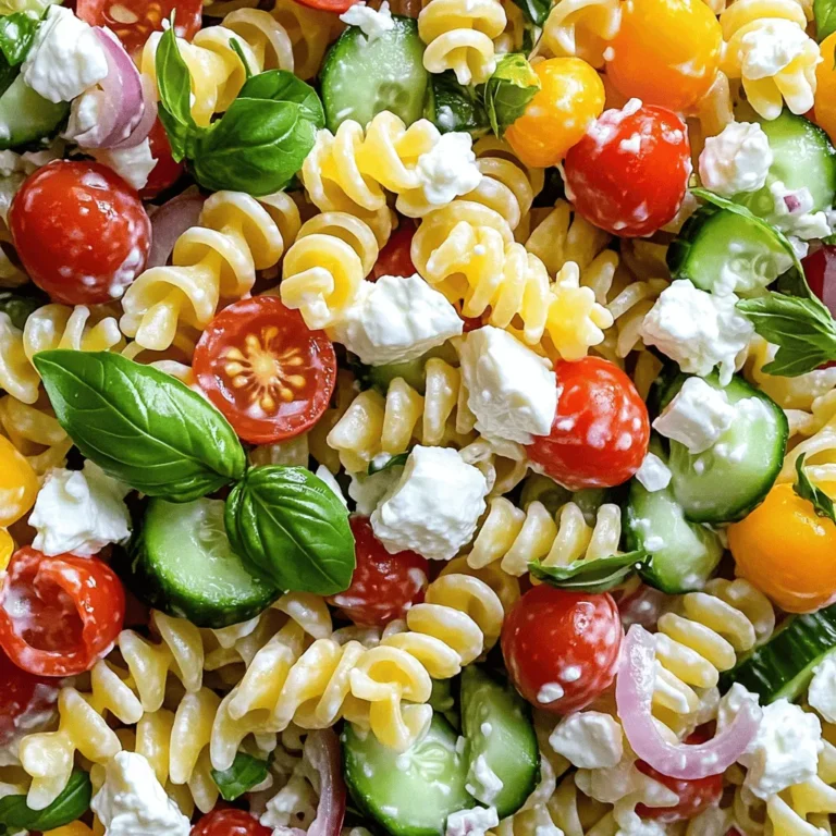 To make a great creamy feta pasta salad, you'll need a few simple ingredients. Here’s what you should gather: - 8 oz (225 g) fusilli pasta - 1 cup feta cheese, crumbled - 1/2 cup Greek yogurt - 1/4 cup olive oil - 1 tablespoon lemon juice - 1 teaspoon dried oregano - 1/2 teaspoon garlic powder - 1 cup cherry tomatoes, halved - 1 cucumber, diced - 1/4 red onion, finely chopped - Salt and pepper to taste - Fresh basil leaves for garnish Each ingredient brings its own flavor to the dish. The fusilli pasta adds a fun twist, while the feta cheese offers a rich, creamy taste. Greek yogurt makes the dressing smooth and adds a nice tang. Olive oil brings depth, and lemon juice gives a bright kick. Herbs like oregano and garlic powder enhance the taste. The cherry tomatoes and cucumber add freshness, and red onion brings a mild crunch. Finally, salt, pepper, and basil leaves round out this delightful salad. For the full recipe, you can check out the complete instructions. This creamy feta pasta salad is sure to be a hit! To make this creamy feta pasta salad, start by cooking the fusilli. Bring a large pot of salted water to a boil. Add the fusilli and cook it according to the package instructions. I recommend checking the pasta a minute or two early. You want it al dente, meaning it should have a slight bite to it. Once cooked, drain the pasta in a colander. Rinse it under cold water to stop the cooking process. This step cools the pasta quickly and keeps it from becoming mushy. Set it aside while you prepare the dressing. Now, let’s make the creamy dressing. In a medium bowl, combine the crumbled feta cheese and Greek yogurt. Add olive oil, lemon juice, dried oregano, and garlic powder. Use a fork to mash the feta and yogurt together. Mix until you get a creamy texture. Taste the dressing and adjust the seasoning. You may want to add more salt or pepper. This step is key for a flavor-packed salad. In a large mixing bowl, add the cooled fusilli, halved cherry tomatoes, diced cucumber, and chopped red onion. Pour the creamy feta dressing over the pasta and mix gently. Toss until everything is coated well. Chill the salad in the fridge for at least 30 minutes. This time allows the flavors to blend and deepen. Before serving, stir again and garnish with fresh basil leaves. Enjoy your fresh and delicious creamy feta pasta salad! To get the best creamy texture, mix your ingredients well. Start by mashing the feta with a fork. This helps it blend smoothly. Next, add Greek yogurt and olive oil. Use the fork to mix until you see no lumps. This step is key for a silky dressing. When you combine the dressing with the pasta, do it gently. Toss the pasta slowly to coat every piece. If you mix too hard, the pasta may break. You want it smooth, not mushy. To boost the flavor, think about adding fresh herbs. Basil and parsley work well with feta. You can also try adding a dash of chili flakes for some heat. If you're feeling adventurous, a sprinkle of smoked paprika can add depth. You can include optional ingredients too. Consider adding olives for a briny kick. Roasted red peppers can bring sweetness. These add-ins make your salad more exciting and unique. Creamy feta pasta salad pairs nicely with grilled chicken or fish. It also goes great with a side of crusty bread. For a complete meal, serve it alongside a fresh green salad. To make your dish look appealing, use a large, colorful bowl. Garnish with whole basil leaves on top. This not only adds beauty but also enhances the fresh aroma. Enjoy your delicious salad! For the full recipe, check out the [Full Recipe]. {{image_2}} You can switch up the pasta type for your creamy feta pasta salad. Try using penne, rotini, or even whole wheat pasta. Each type brings a new texture to the dish. If you prefer gluten-free options, choose rice or chickpea pasta. These options taste great and work well with the creamy feta dressing. Adding extra veggies and proteins boosts the nutrition of your salad. Consider mixing in spinach, bell peppers, or even artichokes. For protein, grilled chicken or chickpeas are fantastic choices. You can also experiment with cheese. Try adding mozzarella or goat cheese for a different flavor. Seasonal ingredients can change the taste of your pasta salad. In summer, use fresh corn, zucchini, or basil. These bright flavors make a refreshing dish. For winter, think about roasted vegetables like sweet potatoes or Brussels sprouts. The flavors will warm you up and keep the dish hearty. To keep your creamy feta pasta salad fresh, use an airtight container. Make sure it seals well. This will help keep the salad from drying out. You can store it in the fridge for up to three days. If you notice any changes in smell or texture, it is best to throw it away. When reheating the pasta salad, use the microwave. Heat it in short bursts to avoid overcooking. Stir it gently to ensure even warmth. If the salad feels dry, add a little olive oil or a splash of water. This will help bring back its creamy texture. Can you freeze creamy feta pasta salad? It’s not the best option. Freezing can change the texture of the feta and yogurt. If you still want to freeze it, use a freezer-safe container. Make sure to remove as much air as possible. You can keep it in the freezer for up to a month. When ready to eat, thaw it in the fridge overnight before serving. I recommend using classic feta cheese for this salad. Classic feta has a tangy and salty taste. It crumbles well and mixes nicely with the other ingredients. You can also try flavored feta. Flavored feta may include herbs or spices. These add different tastes to your pasta salad. However, classic feta keeps the dish light and fresh. Yes, you can make this pasta salad ahead of time. I suggest preparing it at least two hours before serving. This allows the flavors to mingle well. You can also store it in the fridge overnight. Just be sure to stir it before serving. This will help mix the dressings again. If you don't have Greek yogurt, you can try sour cream. Sour cream gives a similar creamy texture. Another option is cream cheese. Just mix it well to keep it smooth. For dairy-free options, consider using coconut yogurt. Almond or cashew yogurt also works well. These will change the flavor slightly but still taste great. For the complete list of ingredients and instructions, check out the [Full Recipe](#). In this blog post, we explored how to make a delicious creamy feta pasta salad. We covered the key ingredients, including fusilli, feta cheese, and fresh veggies. You learned the best cooking methods and how to create the perfect dressing. I shared tips to enhance flavor and storage advice for leftovers. Ready to impress your friends with this dish? A creamy feta pasta salad will please everyone. Enjoy making it and let the flavors shine!