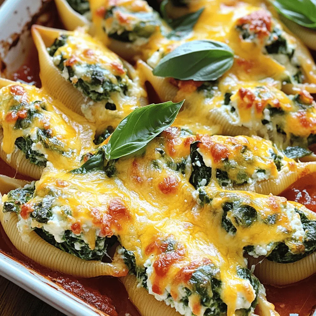 To make these stuffed shells, gather these items: - 20 jumbo pasta shells - 2 cups fresh spinach, chopped - 1 cup ricotta cheese - 1 cup shredded mozzarella cheese - ½ cup grated Parmesan cheese - 1 large egg - 2 cups marinara sauce - 1 teaspoon garlic powder - 1 teaspoon onion powder - Salt and pepper to taste - Fresh basil leaves for garnish For the best flavor, I suggest using whole milk ricotta cheese. This type offers a creamy texture. You can also mix in some goat cheese for tang. For mozzarella, use fresh mozzarella for a rich taste. If you like a stronger flavor, add more Parmesan. These cheeses blend well for a delicious filling. Herbs make a big difference in taste. I love adding fresh basil and parsley to my filling. You can also use dried herbs like oregano and thyme for added depth. Garlic powder and onion powder bring in savory notes. Remember to adjust salt and pepper to your liking. This mix of herbs and spices will elevate your stuffed shells. For more tips, check out the Full Recipe. First, you need to preheat your oven. Set it to 375°F (190°C). This step is key for baking the shells perfectly. Next, bring a large pot of salted water to a rolling boil. Once the water is boiling, carefully add the jumbo pasta shells. Cook them for about 8 to 10 minutes. You want them al dente, meaning they should be firm to the bite. After cooking, drain the shells in a colander. Let them cool while you prepare the filling. For the filling, you will need a mixing bowl. Combine the chopped spinach and ricotta cheese in it. Then, add half of the mozzarella cheese and the grated Parmesan cheese. Crack the large egg into the bowl, then add the garlic powder, onion powder, salt, and pepper. Mix everything well until it forms a creamy mixture. This filling is where the magic happens, so be sure it is blended properly. Now it’s time to stuff the shells. Take a scoop of the filling and gently fill each jumbo shell. Ensure each shell is packed but not overstuffed. Place the stuffed shells in a greased baking dish. Once all the shells are filled, pour half of the marinara sauce over them. Make sure they are well-coated. Then, sprinkle the rest of the mozzarella cheese on top. Finally, pour the remaining marinara sauce over everything. Now, you’re ready to bake! Follow the baking instructions in the Full Recipe for a delicious finish. To make the best filling for your shells, start with fresh spinach. Chop it finely. This helps it mix well with the other ingredients. Use whole-milk ricotta for a creamier texture. Add half the mozzarella to the mix for extra flavor. Don’t forget the egg; it binds everything together. Season with garlic powder, onion powder, salt, and pepper for a tasty kick. Mix until smooth, but don’t overwork it. A well-blended filling makes for perfect stuffed shells. Baking your shells just right is key. Preheat your oven to 375°F (190°C) before you start. This ensures even cooking. When you bake, cover the dish with foil. This keeps the moisture in and helps the cheese melt evenly. Remove the foil for the last 10 to 15 minutes to get that nice golden top. Keep an eye on the cheese. When it bubbles and turns golden, your shells are ready! To prevent your shells from sticking, grease your baking dish well. Use cooking spray or a bit of olive oil. You can also add a thin layer of marinara sauce on the bottom. This not only adds flavor but also stops the shells from sticking. When cooking the pasta shells, don’t forget to salt the water. This adds flavor and helps keep the shells from sticking together. Always drain and cool them before stuffing. This makes the process easier! {{image_2}} You can add chicken or sausage to your stuffed shells. Cooked chicken adds a nice texture. Use rotisserie chicken for ease. Just shred it and mix it in with your filling. For sausage, choose Italian sausage for great flavor. Brown it in a pan before mixing it in. This adds a savory touch and makes the dish heartier. If you want more veggies, try adding mushrooms or bell peppers. Chopped zucchini or sun-dried tomatoes work well too. Sauté your veggies first to soften them. Mix them into the ricotta filling for more taste. You can even add fresh herbs like parsley or oregano for a fresh kick. This keeps the dish vibrant and nutritious. For a gluten-free version, swap out the pasta. Look for gluten-free jumbo shells at the store. You can also use zucchini or eggplant slices as shells. Just bake them with the filling. They add a unique flavor and keep it healthy. Ensure your marinara sauce is gluten-free too. Enjoy this dish without worry! For more details, check the Full Recipe. To store leftover stuffed shells, let them cool first. Use an airtight container for best results. This keeps the shells fresh and tasty. You can store them in the fridge for up to three days. If you plan to eat them later, it’s a good idea to separate layers with parchment paper. This helps stop them from sticking together. When you’re ready to eat, reheating is simple. Preheat your oven to 350°F (175°C). Place the stuffed shells in a baking dish. Add a splash of marinara sauce to keep them moist. Cover the dish with foil to avoid drying out. Heat for about 20 minutes or until hot throughout. You can also reheat them in the microwave. Just cover them and heat for about 3-5 minutes. Freezing stuffed shells is a great way to save time. Prepare the shells as you normally would. Before baking, place them in a freezer-safe dish. Cover them tightly with plastic wrap and then foil. They can last in the freezer for up to three months. When you're ready to enjoy them, thaw the shells in the fridge overnight. Then bake as directed in the Full Recipe. This keeps them delicious and easy to make! Yes, you can prepare Spinach Ricotta Stuffed Shells in advance. I often make them a day before. Just follow the recipe until you are ready to bake. Store the unbaked shells in the fridge, covered tightly. When you are ready to bake, just add a few extra minutes to the cooking time. This method keeps the flavors fresh and tasty. If you don't have ricotta cheese, try cottage cheese or cream cheese. Both work well in this recipe. Blend cottage cheese until smooth for a similar texture. You can also use Greek yogurt for a lighter option. Each choice brings a unique flavor but still keeps the dish creamy. You can tell when the stuffed shells are done by checking the cheese on top. It should be golden brown and bubbly. The filling should also be hot all the way through. If you are unsure, use a fork to poke one shell open to check the heat. The shells should not be hard or dry. For the best results, follow the baking time in the Full Recipe. Spinach ricotta stuffed shells are a tasty and easy dish. We explored key ingredients, including cheese and herbs. I shared step-by-step instructions for preparing and baking. Tips helped ensure a perfect filling and easy storage. You can also customize the dish with proteins or veggies. In the end, enjoy experimenting with this recipe. You’ll make a meal that pleases everyone. Happy cooking!
