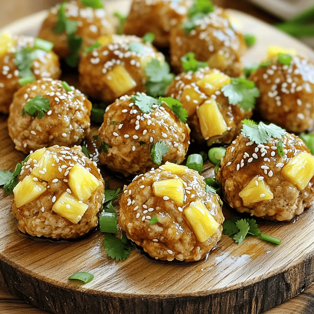 To make Pineapple Teriyaki Meatballs, you need simple and fresh ingredients. Here’s the list: - 1 lb ground chicken or turkey - 1 cup breadcrumbs - 1/4 cup green onions, finely chopped - 1/4 cup fresh pineapple, finely diced - 1 egg, beaten - 2 cloves garlic, minced - 1 teaspoon ginger, grated - 1/4 cup soy sauce (low sodium preferred) - 1/4 cup teriyaki sauce - 1 tablespoon sesame oil - 1 tablespoon cornstarch (optional, for thickening) - Sesame seeds for garnish - Fresh cilantro for garnish These ingredients blend well, giving the meatballs a sweet and savory taste. The fresh pineapple adds a fruity twist, making them unique. You can find most of these items at your local grocery store. For the best flavor, use fresh ingredients whenever you can. Check out the Full Recipe for more details on how to combine these elements into a delicious dish. - Set your oven to 400°F (200°C). - Prepare a baking sheet by lining it with parchment paper. - In a large bowl, mix ground chicken or turkey with breadcrumbs. - Add in the chopped green onions, diced pineapple, beaten egg, minced garlic, and grated ginger. - Season with salt and pepper. Mix until well combined. - Use your hands to shape the mixture into meatballs, about 1 to 1.5 inches wide. - Place the meatballs on the prepared baking sheet. Space them out evenly. - Bake in the oven for 15 to 20 minutes, or until they turn golden brown. - While the meatballs bake, grab a small saucepan. - Combine soy sauce, teriyaki sauce, and sesame oil in the pan. - If you want to thicken it, mix cornstarch with water and add that too. - Heat the mixture over medium heat until it simmers, then reduce to low. Let it thicken for about 5 minutes. - Once the meatballs are done, take them out of the oven. - Drizzle the teriyaki sauce over the meatballs. Toss gently to coat them. - Transfer them to a serving platter and garnish with sesame seeds and fresh cilantro. For the full recipe, check out the [Full Recipe]. - Avoid overmixing the meat mixture for tenderness. Mixing too much can make meatballs tough. - Use a cookie scoop for uniform sizing. This helps them cook evenly and look great. - Adjust baking time based on oven type. Every oven heats differently, so watch your meatballs closely. - Use an instant-read thermometer for doneness. Aim for an internal temperature of 165°F (74°C) for safety and juiciness. - Experiment with additional spices or herbs. Try adding garlic powder or fresh basil for a new twist. - Consider adding a splash of citrus for brightness. A little lime or lemon juice can really lift the flavors. Feel free to explore the [Full Recipe] for more detailed steps on making these delicious Pineapple Teriyaki Meatballs! {{image_2}} You can switch up the protein in this recipe. Ground beef or pork works great. If you prefer plant-based meals, use lentils or meat substitutes. Each option adds its own flavor and texture. Each choice makes the dish unique. The teriyaki sauce can be customized. For a homemade version, mix soy sauce, brown sugar, and ginger. If you like heat, add chili paste or sriracha. You can also use a store-bought spicy teriyaki sauce. Each sauce brings a new twist to the dish. You can add vegetables to your meatballs. Bell peppers or zucchini add color and crunch. They boost nutrition too. For heat, consider crushed red pepper. This adds a nice kick. Feel free to get creative with your additions! To keep your Pineapple Teriyaki Meatballs fresh, store leftovers in an airtight container. This method helps lock in flavor and moisture. You can keep them in the fridge for up to 3-4 days. Make sure they cool down before sealing them up. This way, they won’t trap steam and become soggy. If you want to save some meatballs for later, freeze them! First, lay the meatballs out on a tray. Freeze them individually for about an hour. This step makes sure they don’t stick together. Once frozen, transfer them to a container or a freezer bag. Use them within 3 months for the best quality. Label the container with the date so you don’t forget! When you're ready to enjoy your frozen meatballs, reheating is simple. Use the oven or microwave for even heating. If using the oven, preheat to 350°F (175°C) and bake for about 15 minutes. For the microwave, place meatballs on a plate and add a splash of water. This helps keep them moist. Heat for about 2-3 minutes, checking to ensure they are hot all the way through. Enjoy your flavorful meal again! For the complete recipe, check out the Full Recipe section. Pineapple Teriyaki Meatballs take about 40 minutes total to cook. This includes 15 minutes for prep and 15 to 20 minutes for baking. Bake them at 400°F (200°C) until they turn golden brown. Yes, you can make these meatballs ahead of time. Prepare the meatball mixture and shape them into balls. Place them on a tray and cover with plastic wrap. You can keep them in the fridge for up to 24 hours. When ready, bake them as usual. These meatballs pair well with many sides. Try serving them with steamed rice or quinoa for a filling meal. You can also add a fresh salad or stir-fried veggies for balance. Pineapple fried rice works great too! Yes, this recipe is great for meal prep. You can cook a large batch and store them in containers. They keep well in the fridge for 3 to 4 days. You can also freeze them for later use. Just thaw and reheat when needed. Absolutely! To make the meatballs gluten-free, use gluten-free breadcrumbs. Make sure the soy sauce is gluten-free as well. This way, you can enjoy the same great taste without gluten. To boost the flavor of teriyaki sauce, try adding fresh ginger or garlic. A splash of rice vinegar adds a nice tang. For some heat, include red pepper flakes. These simple tweaks can make a big difference! You can find the full recipe [here]. These Pineapple Teriyaki Meatballs are easy to make and full of flavor. You learned about the key ingredients, helpful tips, and tasty variations. From different proteins to sauce options, the choices are endless. Remember to store leftovers properly to enjoy them later. Experimenting with this recipe will lead to new favorites. So, roll up your sleeves and create some delightful meatballs today!