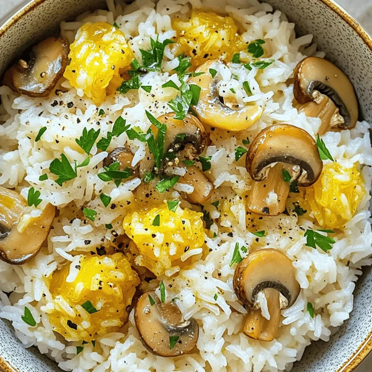 To make garlic butter mushroom rice, you will need: - 1 cup jasmine rice - 2 cups vegetable broth - 2 tablespoons unsalted butter - 1 tablespoon olive oil - 3 cups mushrooms, sliced - 4 cloves garlic, minced - 1 small onion, diced - 1 teaspoon dried thyme - Salt and pepper to taste - Fresh parsley, chopped These ingredients work together to create a rich and tasty dish. Jasmine rice gives a lovely aroma and texture. The mushrooms add depth, while garlic brings a bold flavor. You can switch some ingredients if you want: - Use brown rice, basmati, or quinoa instead of jasmine rice. - Try different mushrooms like shiitake or portobello for a new taste. - Use vegan butter if you prefer a dairy-free option. These swaps let you enjoy the dish your way! Want to take your dish up a notch? Consider these ideas: - Add grated Parmesan cheese for a creamy finish. - A splash of soy sauce or Worcestershire sauce adds umami. - Crushed red pepper flakes give a nice kick of heat. These enhancements let you customize the flavor to suit your taste. For the full recipe, check out the details above! - Rinse jasmine rice until water runs clear. This step helps make the rice fluffy. - In a medium pot, bring vegetable broth to a gentle boil. Add the rinsed rice. Stir once, lower the heat, and cover. Let it simmer for about 15 minutes. The rice will absorb the broth. After that, let it sit for 5 more minutes with the lid on. - While the rice cooks, heat olive oil and 1 tablespoon of butter in a large skillet over medium heat. - Add diced onion and sauté until it turns translucent, about 3-4 minutes. This brings out the sweet flavor of the onion. - Then, stir in sliced mushrooms. Cook for about 5-7 minutes until they turn golden brown. This step enhances the mushrooms' taste and texture. - Next, add minced garlic and dried thyme to the skillet and cook for about 1 minute. You want the garlic to become fragrant but not burn. - Once the rice is done, fluff it with a fork. Then, add it to the skillet with the mushroom mixture. Stir everything together. - Add the remaining tablespoon of butter and mix well. Season with salt and pepper to taste. Make sure the butter melts and coats the rice evenly. - Now, you can serve this dish hot. For extra flair, garnish with freshly chopped parsley. For the full recipe, check out the instructions above! To make your rice fluffy, rinse it first. Rinse jasmine rice under cold water until the water runs clear. This step removes excess starch. It helps keep the rice from being sticky. When you cook the rice, use vegetable broth. This adds flavor. Bring it to a gentle boil before adding the rice. Stir once, then cover and reduce heat. Let it simmer for about 15 minutes. After that, let it sit for 5 more minutes. This resting time is key for fluffiness. For the mushrooms, choose fresh ones. I like cremini and button mushrooms for their taste. Sauté them until they are golden brown. This usually takes 5 to 7 minutes. Make sure to cook them in olive oil and butter. This combo gives them great flavor. When you add garlic and thyme, cook for just one more minute. This brings out their aromas. Serve garlic butter mushroom rice with grilled chicken or fish. The flavors complement each other well. You can also pair it with steak or vegetable stir-fry. It works as a side dish or a main meal. The rice adds a nice texture to your plate. Presentation matters! Garnish your dish with fresh parsley for color. It makes the dish look appealing. Use a large bowl for family-style serving. This helps everyone to help themselves easily. For extra flair, add some whole sautéed mushrooms on top. It makes your dish look even more special. The bright colors will catch everyone’s eye. For the full recipe, check out the details above. {{image_2}} You can boost your garlic butter mushroom rice by adding protein. Cooked chicken, shrimp, or tofu work great. For a meaty option, grilled chicken adds flavor and texture. Shrimp brings a nice seafood twist, while tofu is perfect for a vegetarian or vegan meal. For a vegan dish, use firm tofu and sauté it until golden. It absorbs flavors well. This keeps your meal hearty without losing the rice's charm. Change up your vegetable game with seasonal swaps. In spring, add fresh peas for a pop of color. In summer, sweet corn brings sweetness and crunch. You can also experiment with herbs. Try fresh basil in summer or rosemary in winter for a new twist. These small changes make the dish exciting and fresh. Take your rice on a global journey! For Asian flavors, add ginger or sesame oil. This gives the dish warmth and richness. If you prefer an Italian flair, sprinkle in extra herbs like oregano or thyme. A bit of Parmesan cheese can also elevate the dish. Mixing cultures opens up a world of taste and creativity. Feel free to explore these variations to fit your taste. Each option brings its own twist to the dish while keeping it simple and flavorful. For the full recipe, check out the [Full Recipe]. To store leftover garlic butter mushroom rice, let it cool first. Place it in an airtight container. This helps keep the rice fresh. Store it in the fridge for up to four days. When reheating, add a splash of broth or water. This keeps the rice moist and flavorful. Heat it in a skillet over medium heat or in the microwave. Garlic butter mushroom rice is great for freezing! Let the rice cool completely before packing it. Use freezer-safe bags or containers. Remove as much air as possible to prevent freezer burn. It can last up to three months in the freezer. To thaw, place it in the fridge overnight. You can reheat it straight from frozen, but add a bit of liquid. In the fridge, your garlic butter mushroom rice lasts about four days. In the freezer, it can stay fresh for up to three months. Check for signs of spoilage before using. If it smells sour or has a change in color, it’s best to toss it. Keeping track of how long it’s stored helps reduce waste. Enjoy your delicious dish without worry! Yes, you can make this dish ahead of time. Cook the rice and mushroom mixture separately. Let them cool, then store in the fridge. When ready to serve, reheat them together in a skillet. This keeps the rice fluffy and the mushrooms fresh. No broth? No problem! You can use water instead. For added flavor, add a splash of soy sauce or a few herbs. You can also make a quick homemade broth. Boil water with onion, garlic, and herbs for about 20 minutes. Strain and use it in the recipe. To make this dish gluten-free, use gluten-free vegetable broth. Always check labels on broth and seasonings. You can also add gluten-free soy sauce or tamari for that extra flavor. Absolutely! Rinse the rice and add it to the rice cooker with broth. Follow your rice cooker's instructions. While the rice cooks, sauté the mushrooms and garlic in a skillet on the stove. Once the rice is done, mix it with the mushroom mixture for a delicious meal. In this post, we explored a simple recipe for Garlic Butter Mushroom Rice. You learned about the ingredients, step-by-step cooking instructions, and various tips to make it better. I shared ways to adjust the recipe, add protein, and make it seasonal. Remember, you can store leftovers well and enjoy them later. This dish is tasty and easy to customize. With a few changes, it can fit any meal. Cooking at home can be fun and rewarding, so give it a try!