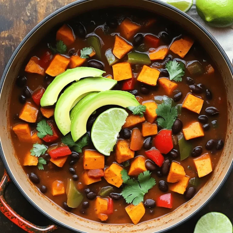 For a perfect Sweet Potato Black Bean Chili, you need: - 2 large sweet potatoes, peeled and diced - 1 can (15 oz) black beans, drained and rinsed - 1 can (14 oz) diced tomatoes (with juice) Sweet potatoes bring a creamy texture and sweetness. Black beans add protein and fiber. Diced tomatoes give the chili a nice tang and moisture. You also need to add some great flavors with: - 1 medium onion, chopped - 2 cloves garlic, minced - 1 red bell pepper, chopped - 1 green bell pepper, chopped - 2 tablespoons chili powder - 1 tablespoon cumin Onion and garlic build a strong base. Bell peppers add crunch and color. Chili powder and cumin give the chili that warm, spicy kick. For a tasty finish, consider these toppings: - Avocado slices - Fresh cilantro - Lime wedges - Shredded cheese These toppings add freshness and creaminess. A squeeze of lime brightens the flavor. You can find the Full Recipe in the article for more details. First, we need to cook the aromatics. Start by heating the olive oil in a large pot over medium heat. Add the chopped onion and sauté it for about 5 minutes. You want the onion to become soft and clear. Next, add minced garlic along with the red and green bell pepper. Cook these for another 3 to 4 minutes. The peppers should be tender and fragrant. Now, let's add the vegetables. Stir in the diced sweet potatoes and cook them for 2 minutes. This helps them mix well with the onions and peppers. It's time to stir in the spices. Add the chili powder, cumin, smoked paprika, salt, and pepper to the pot. Make sure to stir well so the spices coat all the vegetables evenly. This step builds the flavor base for your chili. Next, pour in the diced tomatoes along with their juice and the vegetable broth. Bring the mixture to a boil. After boiling, reduce the heat to low and let it simmer for 25 to 30 minutes. You want the sweet potatoes to be tender during this time. Now, we’ll add the black beans. Stir them in and let everything simmer for another 5 to 10 minutes. This step heats the beans and blends the flavors together. Finally, taste your chili. Adjust the seasoning if needed. You might want to add more salt or pepper to suit your taste. For the complete instructions, check the Full Recipe. Enjoy your cooking adventure! To get the best texture for sweet potatoes, cut them into small, even pieces. This helps them cook evenly and become tender. Boil them first if you want them soft and creamy. Another option is to roast them for extra depth of flavor. When sautéing, always heat the oil first. Add the onion and let it cook until soft. This takes about five minutes. Then, add garlic and bell peppers. Cook for three to four more minutes. This method builds a strong flavor base for your chili. If you like heat, try adding cayenne pepper or jalapeños. Start small, then taste as you go. You can also mix in crushed red pepper for a nice kick. For more flavor, add a splash of hot sauce at the end. For alternative seasonings, consider using fresh herbs like oregano or thyme. They can brighten the dish. You can also swap smoked paprika for regular paprika. This gives a different but tasty flavor profile. Serve the chili in big, warm bowls. This makes it feel cozy and inviting. Top it with fresh avocado slices for creaminess. Add cilantro for a burst of color and flavor. A squeeze of lime juice adds a fresh zing, too. If you want to make it extra special, sprinkle some shredded cheese on top. It melts into the chili, making it rich and delicious. You can find the full recipe for more details on this dish. {{image_2}} You can change the beans in this chili. White beans or kidney beans work well. Each bean adds its own flavor and texture. Feel free to mix and match to find your favorite. You can also use different vegetables. Try corn for sweetness or zucchini for a lighter taste. Carrots or celery can add crunch, too. Be creative and use what you have on hand. If you want more heat, add cayenne pepper or jalapeños. Start small and taste as you go. You can always add more spice later. To add sweetness, stir in a bit of maple syrup or honey. This will balance the heat and enhance the chili's depth. Just a spoonful can make a big difference. This chili is already vegan and gluten-free. To keep it low-sodium, use low-sodium vegetable broth. You can also skip added salt and use herbs for flavor. For a heartier meal, serve it over rice or quinoa. This adds protein and makes it even more filling. You can enjoy this dish in many ways while keeping it healthy. Check out the Full Recipe for more details! How long does it last in the fridge? Sweet Potato Black Bean Chili stays fresh for about 4 to 5 days in the fridge. Store it in an airtight container. This helps keep it from drying out or absorbing other odors. Best storage practices include letting the chili cool down before placing it in the fridge. This way, it will not raise the fridge's temperature. Always label your container with the date. This helps you keep track of how long it’s been there. Can you freeze Sweet Potato Black Bean Chili? Yes, you can freeze it! This chili freezes very well. It keeps its taste and texture, making it a great meal prep option. Steps for reheating frozen chili: First, thaw the chili in the fridge overnight. You can also use the microwave for quick thawing. Once it's thawed, heat it on the stove over medium heat. Stir it often until it warms up. If it seems too thick, add a splash of vegetable broth or water. Enjoy your meal! For the full recipe, check out the Sweet Potato Black Bean Chili. Can I make this chili in a slow cooker? Yes, you can! To make Sweet Potato Black Bean Chili in a slow cooker, start by sautéing the onion, garlic, and peppers in a pan. Then, transfer them to the slow cooker. Add the sweet potatoes, black beans, diced tomatoes, vegetable broth, and spices. Cook on low for 6-8 hours or on high for 3-4 hours. This method makes the flavors even richer. What sides pair well with Sweet Potato Black Bean Chili? This chili pairs well with several sides. Try serving it with cornbread or rice. A simple side salad also works great. You can even offer tortilla chips for dipping. Each of these sides adds a nice touch to your meal. What are the calories per serving? Each serving of Sweet Potato Black Bean Chili has about 300 calories. This number may vary based on the toppings you choose. If you add cheese or avocado, keep that in mind for your total calorie count. Is this chili healthy for meal prep? Yes, this chili is great for meal prep. It contains healthy ingredients like sweet potatoes and black beans. It is also high in fiber and protein. You can store it in the fridge for up to 5 days, making it a smart choice for quick meals. How to cook it in an Instant Pot? To make this chili in an Instant Pot, start by using the sauté function. Cook the onion, garlic, and peppers. Then, add the sweet potatoes, black beans, diced tomatoes, and spices. Close the lid and set it to cook on high pressure for 10 minutes. Quick-release the pressure when done. Stovetop versus slow cooker: what's better? Choosing between stovetop and slow cooker depends on your time. The stovetop method is quick, taking around 50 minutes. The slow cooker takes longer but lets the flavors develop more. Both methods produce a delicious chili, so pick what works best for you. This chili is a warm blend of sweet potatoes, black beans, and tomatoes. We explored how to prepare and cook it step-by-step. You also learned tips for better flavor and texture. With various options for toppings and ingredient substitutes, you can customize this dish. Remember to store leftovers properly and consider freezing for later use. Try experimenting with spice levels to make it your own. Enjoy cooking and sharing this tasty meal!