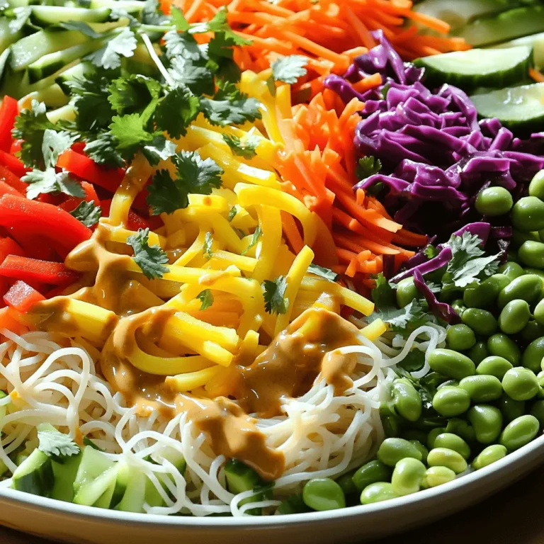 - 8 oz rice noodles - 1 cup red bell pepper, julienned - 1 cup yellow bell pepper, julienned - 1 cup cucumber, julienned - 1 cup purple cabbage, shredded - 1 cup carrots, grated - 1 cup edamame (shelled) - 1/4 cup fresh cilantro, chopped - 1/4 cup green onions, sliced For the Peanut Sauce: - 1/2 cup creamy peanut butter - 3 tablespoons soy sauce (or tamari for a gluten-free option) - 2 tablespoons lime juice - 1 tablespoon maple syrup (or honey) - 1 tablespoon sesame oil - 1 garlic clove, minced - 1 teaspoon grated fresh ginger - 1-2 tablespoons water (to thin the sauce, as needed) Each serving has about 250 calories. This salad is packed with nutrients. It offers protein and fiber from the noodles and veggies. The peanut sauce adds healthy fats and flavor. Each bite is both tasty and good for you. If you need gluten-free options, use rice noodles and tamari. For vegan alternatives, swap honey for maple syrup. You can also add tofu for extra protein. This salad can fit many diets while still being delicious. You can find the full recipe for Rainbow Thai Peanut Noodle Salad [Full Recipe]. To start, bring a large pot of water to a boil. Use enough water to let the noodles float freely. Once boiling, add 8 oz of rice noodles. Cook them for about 3 to 5 minutes, or until they are firm but tender. Keep an eye on them! After they are cooked, drain them in a colander. Rinse the noodles with cold water. This stops the cooking and keeps the noodles from sticking together. Set them aside while you prep the veggies. While the noodles cook, wash and cut the vegetables. To make it easy, julienne the red and yellow bell peppers. Use a sharp knife for clean cuts. Slice the cucumber and shred the purple cabbage. Grate the carrots too. Aim for uniform pieces so they mix well. Once cut, place all the veggies in a large mixing bowl. This keeps everything together for the next step. You can also add the edamame for extra protein. Now, let’s make the peanut sauce! In a medium bowl, mix 1/2 cup of creamy peanut butter, 3 tablespoons of soy sauce, and 2 tablespoons of lime juice. Add 1 tablespoon of maple syrup for a touch of sweetness. Next, add 1 tablespoon of sesame oil, 1 minced garlic clove, and 1 teaspoon of grated ginger. Whisk these ingredients together until smooth. If the sauce feels thick, add 1-2 tablespoons of water. This helps thin it out to your liking. Now, pour this yummy sauce over the noodles and veggies. Toss gently to coat everything evenly. The flavors will blend beautifully together. For more details, check the Full Recipe. To cook noodles al dente, bring water to a boil. Add rice noodles and cook for about 4-6 minutes. Stir often to prevent sticking. Once done, drain and rinse under cold water. This stops cooking and keeps noodles firm. For crunchy vegetables, cut them just before serving. This keeps their crispness. Use a sharp knife for even slices. Julienne the peppers and cucumber. Shred the cabbage and grate the carrots. Keep them colorful for a vibrant dish. Boost flavor with spices and condiments. A pinch of red pepper flakes gives heat. Add a splash of fish sauce for depth. If you love citrus, lime zest brightens the dish. Fresh herbs make a big difference. Cilantro adds a fresh taste. You can try mint or basil for a twist. Chop herbs finely and mix them in just before serving. Serving bowls set the stage for a great meal. Use larger bowls for family-style serving. For individual plates, choose clear glass bowls. This shows off the colorful layers. Garnishing techniques can elevate your dish. Sprinkle extra cilantro on top for a pop of green. Add chopped peanuts for crunch. Arrange salad in colorful layers for a beautiful view. A rainbow of colors always catches the eye. {{image_2}} You can make this salad heartier by adding protein. Chicken is a great choice. Just grill or sauté it, then slice it thin. Tofu is another option. It soaks up the peanut sauce well. You can also try shrimp or beans for a different flavor. Each adds a nice touch to the Rainbow Thai Peanut Noodle Salad. Switching up the peanut sauce can give your salad new life. You can try a sesame sauce for a nutty twist. Just blend sesame paste with soy sauce and lime juice. For a sweeter flavor, teriyaki sauce works well too. It brings a rich taste that pairs nicely with the fresh veggies. Using seasonal vegetables can enhance your salad's freshness. In summer, add ripe tomatoes or corn for sweetness. Fall brings squash or roasted peppers for warmth. Winter might call for hearty greens like kale. Each season offers unique flavors. Tailoring your recipe helps keep it exciting all year long. For the full recipe, check out the detailed steps to make this dish shine. To store leftovers of your Rainbow Thai Peanut Noodle Salad, put it in the fridge. Use an airtight container to keep it fresh. Glass containers work great because they don’t hold onto smells. If you use plastic, make sure it’s food-safe and BPA-free. You can freeze the salad, but it is best to freeze only the noodles and sauce. Keep the veggies separate. They don't freeze well and lose their crunch. To thaw, move the noodles and sauce to the fridge overnight. When ready to eat, heat the noodles gently and mix in fresh veggies. This keeps everything bright and tasty. In the fridge, the salad lasts about 3 to 5 days. Check for signs of spoilage before eating. If the veggies look wilted or the sauce smells off, it’s best to toss it. Freshness is key for this vibrant dish! What is the best type of noodles for this salad? The best noodles are rice noodles. They are light and soak up the sauce. You can also use soba or whole grain noodles if you prefer. Just remember to cook them until they are al dente. This keeps them from getting too mushy in the salad. Can I make the salad in advance? Yes, you can make the salad ahead of time. It tastes better after chilling for a bit. Prepare it up to a day in advance and store it in the fridge. Just keep the sauce separate if you want the noodles to stay firm. What to do if the sauce is too thick? If your sauce is too thick, add a tablespoon of water. Mix it well, and check again. You can repeat this until it reaches the right consistency. A smooth sauce coats the salad nicely. How to fix overly soggy noodles? To fix soggy noodles, rinse them in cold water. This stops the cooking process and helps firm them up. If they still seem too soft, use them in soups or stir-fries instead. What can I serve with Rainbow Thai Peanut Noodle Salad? This salad pairs well with grilled chicken or shrimp. You can also serve it with spring rolls for a light meal. Add a side of fresh fruit for a sweet touch. Can this dish be served warm? Yes, you can serve this dish warm. Just toss the salad right after mixing it. However, I recommend chilling it first to enhance the flavors. For the full recipe, check out the details provided above. This blog post covered key ingredients for Rainbow Thai Peanut Noodle Salad, including rice noodles, fresh veggies, and tasty peanut sauce. I shared nutritional info, substitutions for dietary needs, and step-by-step cooking instructions. We also explored tips to enhance texture and flavor, various protein additions, and creative presentation ideas. Overall, this salad is versatile and easy to make, perfect for any occasion. Keep it fresh, store leftovers properly, and don't hesitate to try new variations. Enjoy crafting your delicious, colorful dish!