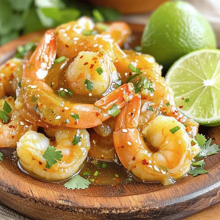 - 1 pound large shrimp, peeled and deveined - 2 tablespoons honey - 2 tablespoons lime juice - 1 tablespoon soy sauce - 1 teaspoon minced garlic - 1 teaspoon minced ginger - 1 teaspoon crushed red pepper flakes (adjust to taste) - 1 tablespoon olive oil - Salt and pepper to taste - Fresh cilantro for garnish - Lime wedges for serving Using these simple ingredients makes this dish easy to prepare. The large shrimp soak up the sweet and tangy flavors. Honey adds a rich sweetness, while lime juice brings a bright zing. Soy sauce adds depth and saltiness, enhancing the overall taste. The garlic and ginger provide warmth and a unique flavor. Red pepper flakes let you control the spice, making the dish just right for you. For cooking, olive oil works well to sauté the shrimp, giving a nice sear. Adding salt and pepper at the end boosts the flavors. Fresh cilantro and lime wedges make for a beautiful and tasty garnish. For a full guide to making this delicious meal, check out the Full Recipe. To start, I whisk together the marinade. I use honey, lime juice, soy sauce, minced garlic, minced ginger, and crushed red pepper flakes. This mix creates a sweet and spicy flavor. Next, I coat the peeled and deveined shrimp in the marinade. I let them sit for 15 to 20 minutes. This step helps the shrimp soak up all the tasty goodness. I heat olive oil in a skillet over medium-high heat. Once the oil is hot, I add the marinated shrimp. I cook them for about 2 to 3 minutes on one side. They should start turning pink. Then, I flip them over and cook for another 2 minutes. This gives the shrimp a nice sear and keeps them juicy. After cooking, I pour in the reserved marinade. I let it cook for one more minute. This step enhances the flavor and brings everything together. Finally, I season with salt and pepper before serving. The shrimp look great and taste amazing. You can find the full recipe for more details. How long should you marinate shrimp for the best flavor? I recommend marinating shrimp for at least 15 to 20 minutes. This time allows the shrimp to soak up all the tasty flavors. If you have more time, you can marinate for up to an hour in the fridge. What if you want to adjust the spice levels? You can easily tweak the heat! For less spice, cut down on the crushed red pepper flakes. If you crave more heat, add extra flakes or include some chopped fresh chili peppers. What are the best cooking methods: grilling or sautéing? Both methods work great! Grilling gives a nice smoky flavor. Sautéing is faster and keeps the shrimp juicy. If it’s warm outside, grilling is a fun choice. Inside, sautéing is quick and easy. What oils can you use instead of olive oil? You can use canola oil or avocado oil. Both have high smoke points, which means they won’t burn easily. They also add a mild flavor that won't overpower the shrimp. What are the best sides to pair with Spicy Honey Lime Shrimp? I love serving this dish with fluffy rice or crispy veggies. You can also serve it with a fresh salad for a light meal. How about creative plating ideas? Try stacking the shrimp on a bed of rice. Drizzle some of the sauce on top for color. Garnish with fresh cilantro and lime wedges. It looks great and tastes even better! For the full recipe, check out the original details above. {{image_2}} If you want to switch up the protein, consider using fish or chicken. Both options work well with the same marinade. For fish, I recommend something mild like tilapia or cod. If you go for chicken, use boneless thighs or breasts. You can still enjoy that sweet and spicy flavor. If you want to change the sweetness, try agave or maple syrup. Both give a nice flavor and sweetness. Agave is a bit lighter, while maple syrup adds depth. Each swap still keeps the dish tasty. To add extra depth, mix in spices like cumin or paprika. Cumin gives a warm, earthy taste, while paprika adds a sweet and smoky touch. You can adjust the amount based on your taste. Fresh herbs can elevate this dish. Basil and parsley pair well. They add freshness and color. Simply sprinkle some on top before serving for that extra flair. For a gluten-free version, avoid soy sauce or use a gluten-free variant. There are many options out there that taste great without gluten. If you want a lighter meal, consider low-carb adaptations. Skip the soy sauce or use a low-carb substitute. You can also serve it over a bed of greens instead of rice. This keeps it fresh and light while still being filling. Check out the Full Recipe to see how to make these swaps easily! To keep leftovers fresh, let the shrimp cool first. Place them in an airtight container. This helps prevent drying out. You can store them in the fridge for up to three days. If you want to keep them longer, freeze the cooked shrimp. Place them in a freezer-safe bag and squeeze out as much air as you can. This keeps the shrimp tasty and safe. When reheating, use the stovetop or microwave. For the stovetop, heat a skillet over low heat. Add a splash of water or broth to keep the shrimp moist. Stir often until they are hot. If using a microwave, place them in a microwave-safe dish. Heat them in short bursts of 30 seconds, stirring in between. Make sure the shrimp reach at least 165°F to be safe to eat. You can keep Spicy Honey Lime Shrimp in the fridge for about three days. Check for signs of spoilage. If the shrimp smell off or look dull, throw them away. Fresh shrimp should smell like the ocean, not fishy. Always trust your senses to judge freshness. What is the best way to devein shrimp? To devein shrimp, hold the shrimp in one hand. Use a sharp knife to make a shallow cut along the back. Remove the black vein with your fingers or a toothpick. This makes the shrimp clean and safe to eat. Can I use frozen shrimp for this recipe? Yes, you can use frozen shrimp. Just make sure to thaw them first. Place them in the fridge overnight or run cold water over them for a quick thaw. This will help them cook evenly and taste fresh. How do I know when the shrimp are fully cooked? Look for shrimp that turn pink and opaque. They should curl slightly, forming a "C" shape. If they curl into an "O," they may be overcooked. Cooking time is usually about 2-3 minutes per side. Can I make this dish ahead of time? You can prep the marinade and marinate the shrimp ahead of time. However, I recommend cooking the shrimp just before serving. This keeps them juicy and fresh. Can I adjust the sweetness of the recipe? Yes, you can adjust the sweetness. Add more honey for a sweeter dish or reduce the amount for less sweetness. Taste the marinade before you add the shrimp to get it just right. Is there a non-spicy version of Spicy Honey Lime Shrimp? Absolutely! Simply skip the crushed red pepper flakes. You can still enjoy the honey and lime flavors without the heat. This makes it great for kids or those who prefer milder dishes. For the full recipe, check out the details above. In this post, we explored how to make Spicy Honey Lime Shrimp, covering each step. We discussed essential ingredients like shrimp, honey, and lime juice. You learned how to marinate, cook, and add finishing touches. I shared tips on mastering the marinade and suggested great sides. Remember, you can customize the dish to your taste with swaps and adjustments. Enjoy this flavorful dish that’s easy to make and perfect for any meal. Making it your own will impress everyone at the table!