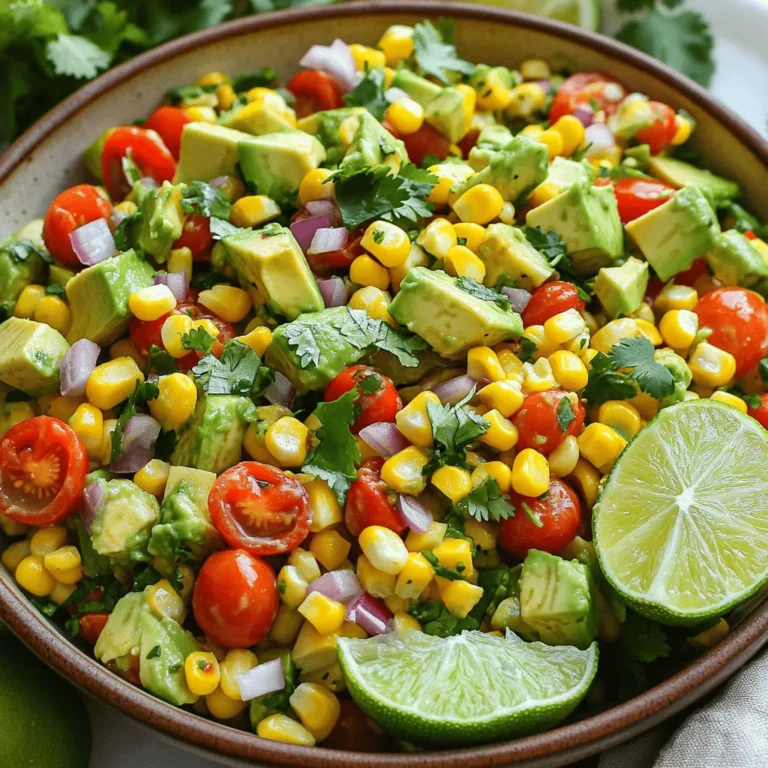 - 2 ripe avocados, diced - 1 cup sweet corn (canned or grilled) - 1 cup cherry tomatoes, halved - 1 red bell pepper, diced - 1/4 cup red onion, finely chopped - 1/4 cup fresh cilantro, chopped - Juice of 2 limes - 2 tablespoons olive oil - 1 teaspoon cumin powder - Salt and pepper to taste I love using ripe avocados in this salad. They add creaminess. Sweet corn brings a nice crunch and sweetness. Cherry tomatoes add freshness and a pop of color. Red bell pepper gives it a crisp bite. Red onion adds a sharp taste that balances the other flavors. Fresh cilantro brightens everything up with its unique flavor. Lime juice adds a tangy kick. Olive oil gives richness. Cumin powder adds warmth. Salt and pepper round out the taste perfectly. - Additional vegetables - Cheese options - Protein additions (e.g., black beans, chicken) Feel free to add more vegetables like cucumbers or radishes for extra crunch. You can sprinkle cheese like feta or cotija for a salty bite. For a heartier dish, add protein like black beans or grilled chicken. These options make the salad more filling and can change the flavor profile. I love how versatile this salad is! For the full recipe, check out the provided details. 1. Combining base ingredients Start by grabbing a large mixing bowl. Add the diced avocados and sweet corn. Next, toss in the halved cherry tomatoes, diced red bell pepper, and finely chopped red onion. These fresh ingredients create a colorful base. 2. Whisking the dressing In a small bowl, combine lime juice, olive oil, cumin powder, salt, and pepper. Use a whisk to mix the dressing well. This will add flavor and bring the salad together. 3. Tossing and seasoning the salad Pour the dressing over the salad mixture. Gently toss everything together until all ingredients are coated. Taste the salad and adjust the seasoning if needed. Let it sit for about 10 minutes before serving to let the flavors blend. - Choosing ripe avocados Look for avocados that are slightly soft when you squeeze them. They should yield to gentle pressure. This ensures a creamy texture in your salad. - Tips for cutting vegetables Use a sharp knife to cut the veggies. For the avocados, cut them in half, remove the pit, and scoop out the flesh with a spoon. Dice them into bite-sized pieces. - Balancing flavors in the dressing Adjust the lime juice and salt to your taste. If you like it tangy, add more lime. A pinch of sugar can balance the acidity if needed. To make your avocado corn salad pop, serve it in a large, shallow bowl. This type of dish lets the colors shine. I love to garnish with fresh cilantro leaves on top. Adding lime wedges on the side makes it look fresh and inviting. For dishware, choose bright colors. White or light-colored bowls make the salad's colors stand out. You want your guests to be drawn in by the vibrant greens, reds, and yellows. You can prepare this salad a bit early. Chop the vegetables and store them in separate containers. This keeps them fresh and crunchy. You can mix the dressing in advance too. Just keep it in a jar in the fridge. When ready to serve, combine everything in a big bowl. Pour the dressing over the salad and toss gently. This way, your salad stays fresh and tasty. To keep the salad fresh, store it in an airtight container. This locks in flavors and keeps the ingredients crisp. If you notice browning avocados, squeeze a bit more lime juice on top. It helps slow down the browning. For the full recipe, check the earlier section. Enjoy your fresh and flavorful avocado corn salad! {{image_2}} You can easily change this salad. Spice it up by adding diced jalapeños. This will give it a kick. You can also try different dressings. A zesty vinaigrette adds a bright note. If you want creaminess, go for a yogurt-based dressing. Both options fit well with the fresh flavors. This salad shines in every season. In summer, add diced mango or peach. Their sweetness pairs perfectly with the corn and avocado. For winter, think roasted vegetables. Roasted sweet potatoes or bell peppers add warmth. These variations keep the dish fresh and exciting all year. For the full recipe, check out the detailed instructions above. To keep your avocado corn salad fresh, store it in the fridge. Use an airtight container. This will help keep moisture in and air out. To prevent browning of avocados, squeeze a little lime juice over them. The lime slows down oxidation. You can also cover the salad tightly with plastic wrap. Press the wrap directly onto the salad to limit air exposure. Your salad lasts for about 1 to 2 days in the fridge. After that, it may lose its taste and texture. Signs that your salad has spoiled include a strong, sour smell or a mushy texture. If you see dark spots on the avocados, it's time to toss it. Always trust your senses to decide if it's safe to eat. For the full recipe, check out the details above! To make this salad vegan, swap the honey for maple syrup if you like sweetness. Use a vegan olive oil dressing instead of any store-bought dressings. All the main ingredients are vegan-friendly. This gives you a fresh, tasty salad that fits your diet. Yes, you can use frozen corn! Just thaw it first. If you want a crisp taste, try grilling it briefly. This adds a nice smoky flavor. Both options work well in this salad. This salad pairs well with many dishes. You can add grilled chicken or shrimp for protein. It also works great with black beans for a vegetarian option. Serve it alongside tacos or grilled fish for a full meal. For a light meal, enjoy it on its own. For the complete recipe, check out the [Full Recipe]. In this blog post, I covered how to make a delicious avocado salad. You learned about the main ingredients, like ripe avocados, sweet corn, and cherry tomatoes. I shared tips for preparation and gave you ideas on how to present and store your salad. Remember, feel free to mix in different flavors or proteins. Get creative and make this dish your own. With fresh ingredients and simple steps, you can create a tasty and healthy meal that everyone will enjoy.