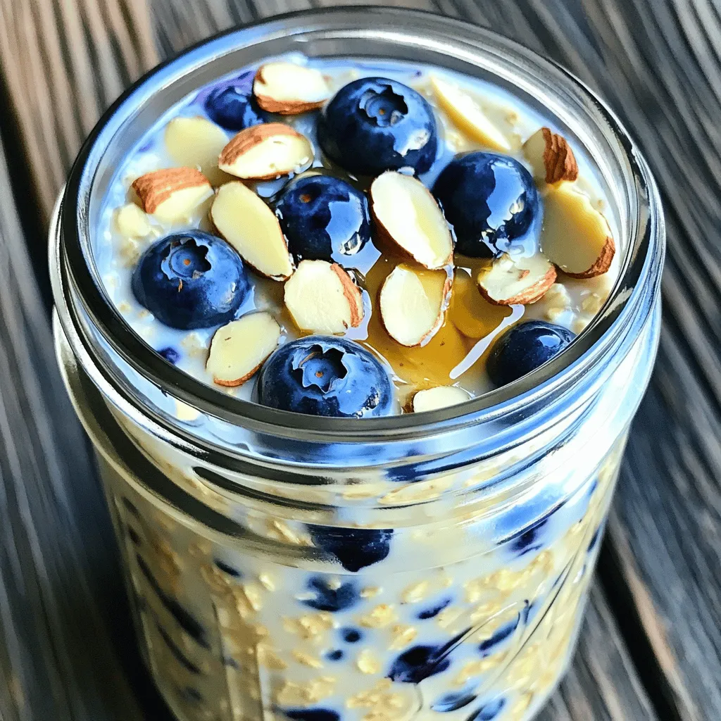 To make Blueberry Almond Overnight Oats, you need a few key ingredients. Here's a simple list: - 1 cup rolled oats - 1 cup almond milk (or any plant-based milk) - ½ cup Greek yogurt (or plant-based yogurt) - 1 cup fresh or frozen blueberries - ¼ cup sliced almonds - 2 tablespoons honey or maple syrup - 1 teaspoon vanilla extract - ½ teaspoon cinnamon - A pinch of salt These ingredients work together to create a creamy and tasty breakfast. You can add some optional ingredients to boost the flavor. Consider these: - Chia seeds for added fiber and omega-3s - Flaxseeds for extra nutrients - Nutmeg for a warm spice note - Coconut flakes for a tropical touch Adding these ingredients can make your oats even more fun and tasty. Choosing the right ingredients is key for great overnight oats. Here are some tips: - Pick whole rolled oats, not instant oats. They hold their shape better. - Look for unsweetened almond milk to control sweetness. - Choose fresh blueberries when in season for the best flavor. - Select high-quality Greek yogurt for creaminess and protein. - Check for whole, raw almonds for a crunchy texture. Using fresh and quality ingredients makes your dish not only tasty but also nutritious. You can find the full recipe [here](#). To make blueberry almond overnight oats, start by gathering all your ingredients. This recipe takes just 10 minutes to prep. You can make two servings, perfect for a quick breakfast. In a medium bowl or a mason jar, add these base ingredients: - 1 cup rolled oats - 1 cup almond milk (or any plant-based milk) - ½ cup Greek yogurt (or plant-based yogurt) - 2 tablespoons honey or maple syrup - 1 teaspoon vanilla extract - ½ teaspoon cinnamon - A pinch of salt Mix all these items well. Make sure they blend together smoothly. This mix is the heart of your oats. Now, gently fold in 1 cup of blueberries. If you want, save a few for topping later. Then, add ¼ cup of sliced almonds for crunch. Stir carefully so you don’t mash the blueberries. Cover the bowl or seal the jar, then put it in the fridge. Let it chill overnight. This helps the oats soak up the flavors. The next morning, stir the oats. If they are too thick, add a splash of almond milk. Top with the reserved blueberries and sliced almonds for extra flavor and crunch. You can find the full recipe for this delicious dish above. Enjoy your tasty and nutritious breakfast! To make great overnight oats, follow these steps: - Use rolled oats. They soak up liquid well. - Choose a container you can seal tight. A mason jar works well. - Mix all the base ingredients first. This helps flavors blend. - Refrigerate for at least six hours. This allows the oats to soften. - Stir before serving to combine everything. Add more milk if needed. Personalize your overnight oats easily. Here are some ideas: - Swap almond milk for coconut or oat milk. - Use different fruits like strawberries or bananas. - Add seeds like chia or flax for extra nutrition. - Try nut butters for creaminess and flavor. - Experiment with spices like nutmeg or cardamom. Let’s look at the benefits of the main ingredients: - Rolled oats: They provide fiber, which is good for digestion. - Almond milk: It is low in calories and rich in vitamins. - Greek yogurt: This adds protein and probiotics for gut health. - Blueberries: They are full of antioxidants and vitamins. - Almonds: They offer healthy fats and help keep you full. Each ingredient brings something special to your meal. Enjoy the great taste while knowing you are eating well. For the full recipe, check out the details above. {{image_2}} You can change the taste of your Blueberry Almond Overnight Oats easily. Here are some ideas: - Mixed Berries: Swap blueberries for strawberries, raspberries, or blackberries. - Nut Butters: Stir in a spoon of almond or peanut butter for creaminess. - Chocolate: Add cocoa powder or chocolate chips for a fun twist. - Coconut: Sprinkle in some shredded coconut for a tropical flair. These variations will make your oats more exciting and tasty. If you have special dietary needs, you can still enjoy this recipe. Here are some substitutes: - Dairy-free: Use almond milk and plant-based yogurt for a vegan option. - Sugar-free: Skip the honey or maple syrup. Use ripe bananas for sweetness. - Gluten-free: Make sure you choose certified gluten-free rolled oats. These changes let everyone enjoy this dish. Want to make more servings? Scaling the recipe is simple. Just multiply each ingredient: - For 4 servings, use 2 cups of oats and 2 cups of almond milk. - For 6 servings, use 3 cups of oats and 3 cups of almond milk. You can prepare these oats in a large bowl or several jars. This way, you have breakfast ready for days! For the full recipe, check out the Berry Delights: Blueberry Almond Overnight Oats section. To keep your blueberry almond overnight oats fresh, store them in an airtight container. A mason jar works great because it's easy to seal. Make sure the oats are covered well with the lid. This keeps out air and moisture. If you make a big batch, divide them into individual servings. This way, you grab just what you need. When stored properly in the fridge, blueberry almond overnight oats can last for up to five days. This means you can meal prep for the week! Just remember to check for any changes in smell or texture before eating. If it looks or smells off, it’s best to toss it. You can also freeze your oats for longer storage. To do this, place the oats in a freezer-safe container. Leave some space at the top, as the oats will expand when frozen. They will stay good for up to three months. When you’re ready to eat them, thaw in the fridge overnight. You can warm them up or enjoy them cold. This is a great option for quick breakfasts! For the full recipe, check out the details above. Yes, you can! Other fruits work well too. Try strawberries, raspberries, or bananas. Each fruit adds its unique flavor and texture. Just make sure to adjust the amount based on the fruit’s sweetness. For example, use less honey if your fruit is sweet. Overnight oats stay fresh for up to five days. Store them in a sealed jar or container. This makes them great for meal prep. Just keep an eye on the texture. If they get too thick, add a splash of almond milk before serving. No, sweeteners are not a must. The oats and fruit add natural sweetness. If you prefer less sugar, skip the honey or maple syrup. You can also use ripe bananas or applesauce for sweetness. Adjust it to fit your taste! Blueberry almond overnight oats are simple to make and delicious. We covered the key and optional ingredients, plus tips on choosing the best. The step-by-step instructions guide you from mixing to adding fruit. I shared tips for customizing and highlighted the nutritional benefits of oats. Don't forget the variations you can try to suit your taste. Lastly, we discussed how to store your oats safely. With these insights, you're ready to enjoy a healthy breakfast that keeps you full and satisfied.