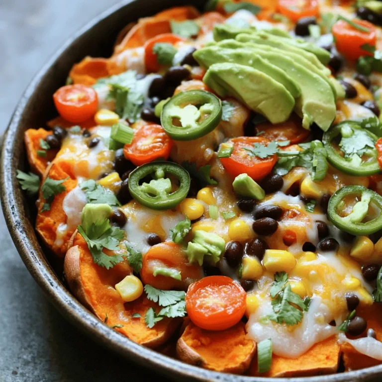 To make Loaded Sweet Potato Nacho Skillet, gather these items: - 2 large sweet potatoes, peeled and diced - 1 tablespoon olive oil - 1 teaspoon smoked paprika - 1 teaspoon garlic powder - Salt and pepper to taste - 1 cup black beans, drained and rinsed - 1 cup corn (fresh or frozen) - 1 cup diced tomatoes (canned or fresh) - 1 cup shredded cheddar cheese - ½ jalapeño, thinly sliced (optional) - 2 green onions, sliced - ½ avocado, diced - Fresh cilantro for garnish - Sour cream or Greek yogurt for topping (optional) Feel free to change up the recipe with these fun options: - Use sweet corn salsa instead of plain corn. - Swap out cheddar for pepper jack cheese for extra heat. - Add cooked chicken or beef for more protein. - Try different beans like pinto or kidney beans. - Use lime juice for a zesty kick. Each serving of Loaded Sweet Potato Nacho Skillet is packed with goodness: - Calories: 400 - Protein: 15g - Carbohydrates: 55g - Fiber: 10g - Fat: 15g This dish is not only tasty but also nutrient-rich. It offers a good balance of carbs, protein, and healthy fats. You get fiber from the sweet potatoes and beans, which is great for digestion. Enjoy this meal guilt-free! For the complete recipe, check the Full Recipe section. To begin, gather all your ingredients. You need two large sweet potatoes, olive oil, smoked paprika, garlic powder, salt, and pepper. Also, have black beans, corn, diced tomatoes, cheddar cheese, jalapeños, green onions, avocado, cilantro, and sour cream ready. 1. First, preheat your oven to 400°F (200°C). This helps cook the sweet potatoes just right. 2. Next, peel and dice the sweet potatoes into small cubes. 3. Place them in a large bowl. Add one tablespoon of olive oil, one teaspoon of smoked paprika, one teaspoon of garlic powder, and a pinch of salt and pepper. Toss until the sweet potatoes are well coated. Now, let’s cook the sweet potatoes. 1. Spread the sweet potato mixture on a baking sheet. Make sure they are in a single layer. 2. Roast them in the oven for 20-25 minutes. Stir them halfway through. You want them tender and a bit caramelized. 3. While the sweet potatoes roast, heat a large skillet over medium heat. 4. Once the sweet potatoes finish roasting, add them to the skillet. 5. Gently mix in one cup of black beans, one cup of corn, and one cup of diced tomatoes. Stir well to combine. 6. Sprinkle one cup of shredded cheddar cheese over the mixture. Let it melt for about 3-5 minutes. Your dish is almost ready! 1. Once the cheese melts, add thinly sliced jalapeños, sliced green onions, and diced avocado on top. 2. Garnish with fresh cilantro for a nice touch. If you like, add a dollop of sour cream or Greek yogurt. 3. Serve your loaded sweet potato nacho skillet warm from the stove. Enjoy this hearty, shareable dish with family and friends! For the complete cooking details, refer to the Full Recipe. Roasting sweet potatoes is easy. Start by cutting the sweet potatoes into even cubes. This way, they cook at the same time. Toss them in a bowl with olive oil, smoked paprika, garlic powder, salt, and pepper. Make sure each piece is coated. Spread them out on a baking sheet. Avoid crowding the pan; this helps them roast well. Roast at 400°F for 20-25 minutes. Stir halfway through for even cooking. Look for a golden color and soft texture. These steps bring out their natural sweetness. Melting cheese should be simple and fun. For the best results, use shredded cheese. It melts faster and more evenly than slices. Sprinkle the cheese over the sweet potato mixture in the skillet. Cover it with a lid for a few minutes. The steam helps the cheese melt nicely. If you want a crispy top, broil it for a minute or two. Keep an eye on it to avoid burning. The goal is a gooey, cheesy layer that pulls apart perfectly. To boost the flavor of your nacho skillet, think about adding spices. You can use chili powder or cumin for extra warmth. Fresh herbs like cilantro add brightness. For a kick, add diced jalapeños, as mentioned in the recipe. You can also mix in lime juice for a zesty twist. If you like a creamier texture, sour cream or Greek yogurt works great. Lastly, don't forget about the toppings! Sliced avocado and green onions add freshness and crunch. These tips will make your dish truly standout. {{image_2}} You can easily make this dish vegetarian or vegan. If you want a vegan version, skip the cheese and sour cream. Use a plant-based cheese instead. You can also add more veggies. Try bell peppers or zucchini to boost flavors. For protein, use lentils or chickpeas. These swaps keep the dish hearty and tasty. If you have dietary needs, there are simple swaps. Instead of sweet potatoes, you could use regular potatoes or zucchini. For cheese, try vegan cheese or nutritional yeast for a cheesy flavor. If you're gluten-free, make sure any added sauces are gluten-free. You can also use quinoa instead of beans for a different texture. Toppings can vary based on your taste. Some great choices are jalapeños, olives, or diced red onion. You can add a squeeze of lime for a fresh kick. Serve your nachos with sides like salsa, guacamole, or even a green salad. Each option adds new flavors to the dish and makes it more fun to eat! For the full recipe, check out the details above. To store your loaded sweet potato nacho skillet, let it cool first. Use an airtight container to keep it fresh. You can store it in the fridge for up to three days. Be sure to separate the toppings, like avocado and sour cream, to keep them fresh. When you’re ready to eat, reheat the dish on the stove or in the oven. If using the stove, place it in a skillet over low heat. Stir it gently until warm. If using the oven, preheat to 350°F (175°C) and bake for about 10-15 minutes. This keeps the cheese melty and the flavors strong. You can freeze the loaded nacho skillet if you want to save it for later. Let it cool completely, then place it in a freezer-safe container. It can stay in the freezer for up to three months. To eat, thaw it in the fridge overnight. Reheat it as mentioned above. This way, you can enjoy this delicious dish anytime! For the full recipe, refer to the earlier section. To make Loaded Sweet Potato Nacho Skillet, you start by roasting sweet potatoes. Preheat your oven to 400°F (200°C). Toss diced sweet potatoes with olive oil, smoked paprika, garlic powder, salt, and pepper. Spread them on a baking sheet. Roast for 20-25 minutes until soft. In a skillet, mix roasted sweet potatoes with black beans, corn, and diced tomatoes. Sprinkle shredded cheddar cheese on top. Let it melt for 3-5 minutes. Finish by adding jalapeños, green onions, and avocado. Serve warm and enjoy! You can find the Full Recipe for detailed steps. Yes, you can prepare this dish in advance. You can roast the sweet potatoes a day ahead. Store them in the fridge in an airtight container. When you’re ready to cook, combine the roasted sweet potatoes with the other ingredients in your skillet. Heat everything until warm, then add cheese. This makes your cooking time shorter and easier. The best toppings for nachos include a mix of fresh and flavorful options. Consider adding: - Jalapeños for heat - Green onions for crunch - Diced avocado for creaminess - Fresh cilantro for brightness - Sour cream or Greek yogurt for tanginess Feel free to mix and match to suit your taste! This blog post shared everything you need to make a delicious loaded sweet potato nacho skillet. We covered the key ingredients and some optional ones for your taste. You learned step-by-step instructions, including cooking methods and serving tips. I also shared tricks for roasting and melting cheese, plus variations for any diet. In the end, enjoy experimenting with flavors and toppings. This dish is fun to customize and perfect for sharing. Try it, and you'll find a new favorite meal!