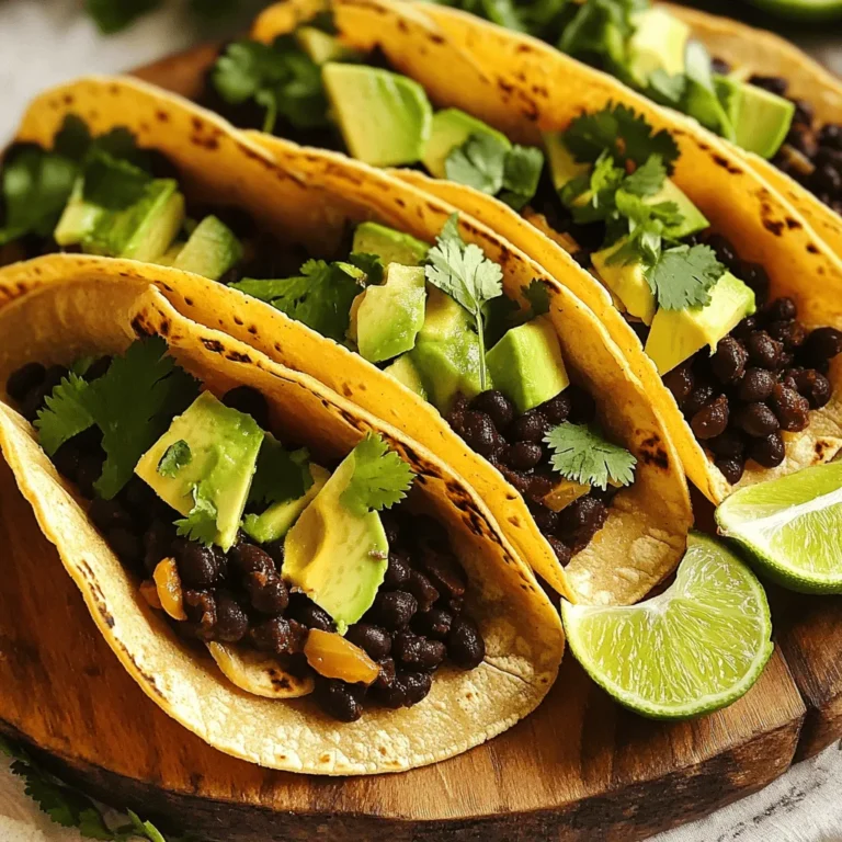 To make these tasty tacos, you need some simple yet bold ingredients. Here’s what you’ll need: - 2 cans black beans, rinsed and drained - 1 medium onion, diced - 3 garlic cloves, minced - 2 tablespoons chipotle in adobo sauce, chopped These ingredients give your tacos a distinct smoky flavor. The black beans provide protein and creaminess. The onions and garlic add depth, while the chipotle brings heat and smokiness. Next, we need some seasonings and garnishes to elevate the dish: - 1 teaspoon smoked paprika - 1 teaspoon cumin - Salt and pepper to taste - Fresh cilantro, for garnish Smoked paprika and cumin enhance the earthy flavor of the beans. A pinch of salt and pepper balances everything out. Fresh cilantro adds brightness and color, making your tacos visually appealing. Lastly, let’s prepare the tortillas and toppings: - 8 small corn tortillas - 1 avocado, sliced - Lime wedges, for serving Corn tortillas are perfect for this dish. They have a lovely flavor and hold up well. Sliced avocado adds creaminess, while lime wedges give a zesty kick. For the full recipe, check out the details for cooking and assembling! First, I heat olive oil in a large skillet over medium heat. I add the diced onion and sauté it until it turns translucent, which takes about five minutes. Next, I stir in the minced garlic and cook it for one minute until it becomes fragrant. Then, I combine the rinsed black beans, chopped chipotle in adobo, smoked paprika, cumin, salt, and pepper. Mixing these ingredients well creates a rich base full of flavor. After combining the filling, I grab a potato masher. I mash some of the black beans to create a creamy texture while leaving others whole for extra bite. This step adds depth to the dish. I then reduce the heat to low, cover the skillet, and let it simmer for about ten minutes. This allows all the flavors to meld beautifully. I stir occasionally to ensure even cooking. While the filling simmers, I warm the small corn tortillas in a separate skillet. I heat them over medium heat for about thirty seconds on each side. This makes the tortillas pliable and ready for filling. Now comes the fun part! I spoon the smoky black bean mixture onto each warm tortilla. Then, I top them with sliced avocado and sprinkle fresh cilantro on top. For an extra burst of flavor, I serve the tacos with lime wedges on the side. This adds a zesty touch that brightens the whole dish. You can find the full recipe for Smoky Chipotle Black Bean Tacos in the previous section. Enjoy! To make your Smoky Chipotle Black Bean Tacos even better, try adding more spices. A dash of cayenne can kick up the heat. You can also mix in a pinch of oregano for a fresh herb taste. If you enjoy a bit of sweetness, drizzle some honey over the top before serving. Toppings can really change the game too! Try adding pickled onions, crumbled feta, or diced tomatoes. Each will give your tacos a unique twist. Don't be afraid to get creative! Presentation matters. When serving, arrange your tacos on a large platter. Add lime wedges and fresh cilantro around them for color. You can even use a small bowl for salsa on the side. This makes your meal look vibrant and inviting. Consider adding colorful accompaniments like sliced radishes or a side of corn salad. These not only look great but also enhance the meal’s flavor. Sautéing and simmering are key for perfect tacos. When you sauté the onion, aim for a golden color. This adds a sweet flavor to the dish. Stir often to avoid burning. To prevent soggy tortillas, warm them before filling. Heat them in a skillet for about 30 seconds on each side. This keeps them soft and easy to fold. If you want extra crispiness, consider lightly frying them in oil. This simple step can elevate your tacos to the next level. For the complete recipe, check out the [Full Recipe]. {{image_2}} Want to add more protein to your tacos? You can easily incorporate chicken or shrimp. Simply cook them in the skillet before adding the beans. For a vegetarian option, try using tofu or tempeh. Cube the tofu and sauté it until golden. For tempeh, steam it first to soften, then sauté for a nice texture. These additions will keep your tacos satisfying and packed with flavor. If you're looking for plant-based protein, consider lentils or chickpeas. They both work well and add a hearty touch. For cheese lovers, look for dairy-free cheese substitutes. Many brands offer tasty options that melt well. This way, you can enjoy creamy toppings without dairy. These alternatives keep your meal both delicious and inclusive for all diets. Tacos don’t have to be served in the traditional way. You can create taco bowls instead. Just layer the black bean mixture over rice or quinoa. Then add your favorite toppings. Another fun option is using lettuce wraps instead of tortillas. This makes for a low-carb alternative while keeping the fresh crunch. Each style offers a unique twist to your smoky chipotle black bean tacos. For the full recipe, check out the Smoky Chipotle Black Bean Tacos section. To store any leftover tacos, place them in an airtight container. Make sure to cool them first. These tacos will stay fresh in the fridge for about three to four days. If you want to freeze the taco filling, let it cool completely. Then, place it in a freezer-safe bag. Squeeze out the air before sealing. The filling can last in the freezer for up to three months. To enjoy, take it out of the freezer and put it in the fridge overnight to thaw. When you reheat the filling, you have two good options: the oven or the microwave. If you use the oven, preheat it to 350°F. Spread the filling in a baking dish and cover it with foil. Heat for about 15 minutes. For the microwave, put the filling in a bowl and cover it. Heat for about 1 to 2 minutes, stirring halfway. Both methods work, but the oven keeps the texture nice. Enjoy your delicious Smoky Chipotle Black Bean Tacos even as leftovers! To make your tacos crispy, you can fry the tortillas. Heat oil in a pan. Add each tortilla and fry for about 30 seconds on each side. This method gives them a nice crunch. You can also use the oven. Preheat it to 400°F (200°C). Brush tortillas with a little oil and place them on a baking sheet. Bake for 5-7 minutes until they are crispy around the edges. Yes, you can use dried beans! However, they need more time. Soak them overnight in water. Then, cook them until soft. This process can take 1-2 hours. Canned beans are quicker and easier, but dried beans can add great flavor and texture. If you don’t have chipotle in adobo, try using smoked paprika or cayenne pepper. Both can add heat and depth. You can also use liquid smoke for that smoky flavor. Adjust the amount to match your heat preference. Start small and taste as you go. In this guide, I covered how to make smoky chipotle black bean tacos. We talked about the key ingredients, cooking steps, and tips for perfect tacos. You can add your favorite proteins or toppings to make it your own. Don’t forget to store leftovers properly to enjoy later. These tacos are flexible and sure to impress. Dive in and enjoy the flavors! You've got this.