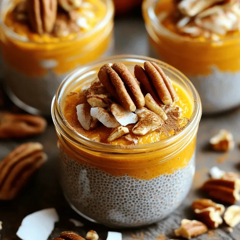 To make this tasty pumpkin spice chia pudding, you need the following ingredients: - ½ cup chia seeds - 2 cups almond milk (or any milk of choice) - 1 cup canned pumpkin puree - 2 tablespoons maple syrup (adjust to taste) - 1 teaspoon vanilla extract - 1 teaspoon pumpkin pie spice - ½ teaspoon ground cinnamon - Pinch of salt These ingredients come together to create a creamy and flavorful treat. The chia seeds are the star. They soak up liquid and create a pudding-like texture. The pumpkin adds richness and a lovely fall flavor. You can elevate your pudding with fun toppings. Here are some ideas: - Crushed pecans - Coconut flakes - Whipped coconut cream These toppings add crunch and flavor. You can mix and match based on what you love. Adding toppings makes the pudding look even more inviting. If you lack any of the main ingredients, don’t worry! Here are some easy swaps: - Use coconut milk instead of almond milk for a richer taste. - Swap maple syrup with honey or agave syrup if you prefer. - If you don’t have pumpkin pie spice, mix nutmeg and allspice instead. These substitutions keep the pudding delicious while allowing you to use what you have at home. By playing with the ingredients, you can create your own unique version of this fall treat. For the full recipe, check out the detailed steps that bring this dish to life! Making pumpkin spice chia pudding is simple. You need just a few steps. Start by gathering your ingredients. This includes chia seeds, almond milk, and pumpkin puree. You will also need maple syrup and spices. Once you have everything, you're ready to mix. First, take a medium bowl. Add 2 cups of almond milk. Then, add 1 cup of canned pumpkin puree. Next, mix in 2 tablespoons of maple syrup and 1 teaspoon of vanilla extract. Stir well to combine. Now, it's time for the spices. Add 1 teaspoon of pumpkin pie spice, ½ teaspoon of ground cinnamon, and a pinch of salt. Mix until everything is smooth. Now, add ½ cup of chia seeds slowly. As you add them, whisk continuously. This helps prevent clumps. Once the chia seeds are mixed in well, cover the bowl with plastic wrap. Place it in the fridge. Let it chill for at least 4 hours, or overnight for best results. After the pudding has chilled, take it out. Give it a good stir to break up any clumps. If it's too thick, add a splash of almond milk. This helps reach your desired texture. Now, divide the pudding into serving bowls or jars. Finally, top with crushed pecans, coconut flakes, or whipped coconut cream. This adds great texture and flavor. For a beautiful look, serve in clear jars. Garnish with a sprinkle of cinnamon and a few whole pecans. Enjoy your delicious pumpkin spice chia pudding! Check out the Full Recipe for more details. To make a creamy chia pudding, follow a few simple steps. First, mix the wet and dry ingredients well. This step is key. When you stir, make sure to whisk the chia seeds in slowly. This avoids clumps. The right ratio of chia seeds to liquid is vital too. Use ½ cup of seeds for every 2 cups of liquid. This balance creates a thick, smooth texture. After mixing, let it chill. The longer it sits, the better the texture becomes. You can easily boost the flavors in your pumpkin spice chia pudding. Try adding a splash of maple syrup for sweetness. You can also mix in a spoonful of nut butter for richness. If you love spices, feel free to add a dash of nutmeg or ginger. These flavors enhance the pumpkin and spice blend. For a fun twist, add a scoop of cocoa powder for a chocolatey kick. Each option brings your pudding to life. Meal prep makes enjoying your chia pudding easy. Make a big batch and store it in jars. Each jar can hold a single serving. This way, you grab one for breakfast or a snack. Layer the pudding with toppings like crushed pecans or coconut flakes. This adds crunch and flavor. Remember, chia pudding can last up to five days in the fridge. This gives you plenty of time to enjoy your delicious treat. For the full recipe, check out the earlier section in this article. {{image_2}} Want a twist on the classic? Try dark chocolate! Just add 2 tablespoons of cocoa powder to the mix. This addition brings a rich flavor that pairs well with pumpkin spice. The chocolate adds depth and a touch of sweetness. You can use dark chocolate chips as a topping too. This version is perfect for chocolate lovers. This recipe is already vegan and gluten-free! Use almond milk or any plant-based milk. Ensure your maple syrup is pure to keep it vegan. The chia seeds naturally thicken the pudding without any gluten. If you want extra creaminess, add coconut milk. This way, everyone can enjoy this tasty treat without worry. Seasonal fruits enhance flavor and nutrition. Consider adding sliced bananas or chopped apples. These fruits bring a natural sweetness that complements the pumpkin spice. You can also use pomegranate seeds for a burst of color and tartness. Fresh berries like raspberries or blueberries give a nice contrast too. Mix and match for fun and tasty variations! For the full recipe, check out the details above. After enjoying your pumpkin spice chia pudding, store leftovers in the fridge. Keep it in an airtight container. This helps maintain freshness and flavor. If you use jars, make sure they are sealed tightly. It’s best to eat the pudding within three days for the best taste. When stored properly, chia pudding lasts about four to five days in the fridge. To keep it fresh, check for any changes in texture or smell. If it looks watery or has an off smell, it’s best to throw it away. Always label your containers with the date made. This helps you remember when it was prepared. Want to save some for later? You can freeze chia pudding! Portion it into individual containers or ice cube trays. This makes it easy to grab a serving later. When ready to eat, thaw in the fridge overnight. Stir well before serving. It may separate after freezing, so mixing it will help. Enjoy your pumpkin spice chia pudding anytime! For details on how to make it, check the Full Recipe. Pumpkin spice chia pudding can last up to five days in the fridge. Store it in a sealed container to keep it fresh. I recommend eating it within three days for the best taste and texture. After that, the chia seeds may absorb too much liquid, making it thicker than you want. Yes, you can use any milk you like! Almond milk, oat milk, or coconut milk all work well. Each type of milk adds its own flavor. If you want a creamier pudding, try using coconut milk. Just remember that different milks may change the final taste a bit. Chia seeds are tiny powerhouses of nutrition. They are full of fiber, which helps with digestion. They also have omega-3 fatty acids, good for your heart. Plus, they provide protein, keeping you full longer. Adding chia seeds to your diet can boost your overall health. In this blog post, we explored how to make delicious pumpkin spice chia pudding. We covered the key ingredients, including optional toppings and substitutions. You learned step-by-step instructions for mixing, chilling, and serving. I shared tips for perfecting the pudding texture, along with creative flavor ideas and meal prep advice. Lastly, we looked at variations, storage, and answered common questions. Now you can enjoy a tasty, healthy treat that fits your lifestyle!