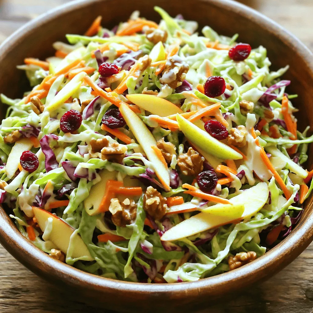- 4 cups green cabbage, finely shredded - 1 cup red cabbage, finely shredded - 2 large apples, julienned (preferably Granny Smith) - 1 cup shredded carrots - 1 cup dried cranberries - 1/2 cup chopped walnuts or pecans - 1/2 cup Greek yogurt - 2 tablespoons honey - 1 tablespoon apple cider vinegar - Salt and pepper to taste When I make Cranberry Apple Coleslaw, I love using fresh produce. The green and red cabbage give a great crunch and color. Granny Smith apples add a nice tartness, while the carrots bring sweetness. Dried cranberries provide a chewy texture and a burst of flavor, and nuts add a satisfying crunch. For the dressing, I prefer Greek yogurt for its creaminess and health benefits. Honey sweetens the mix, while apple cider vinegar adds tang. A pinch of salt and pepper brings out all the flavors. You can find the full recipe above for easy reference. Combine shredded green and red cabbage in a large mixing bowl. This mix gives a bright color and a crunchy texture. Cabbage is the heart of coleslaw, and using both types adds a nice twist. Incorporate julienned apples, shredded carrots, dried cranberries, and chopped nuts. The apples add sweetness, while the cranberries provide a tangy bite. Nuts give a satisfying crunch to each bite. Whisk Greek yogurt, honey, apple cider vinegar, salt, and pepper until smooth. This creamy dressing balances the flavors well. It coats the veggies and fruits perfectly, making each bite delicious. Pour the yogurt mixture over the cabbage and apple mixture, and gently toss. Make sure everything is coated evenly. This step blends the sweet, savory, and crunchy elements together. Cover and refrigerate for at least 30 minutes. Chilling lets the flavors meld and enhances the taste. Serve it cold for the best experience. Enjoy this fresh and crunchy delight! To make your coleslaw shine, always taste and adjust the seasoning. You might want to add a bit more salt or pepper. This simple step can change the whole dish. Each bite should be balanced and flavorful. Don’t rush this part; trust your taste buds. Cranberry apple coleslaw is best enjoyed cold. Serve it as a side dish or use it as a sandwich topping. It adds a fresh crunch that complements many meals. Pair it with grilled chicken or pulled pork for a delightful dinner. You can also serve it at picnics or barbecues for a crowd-pleaser. This coleslaw is not only tasty but also good for you. Cabbage is low in calories and high in fiber. It helps with digestion and keeps you full. Apples add natural sweetness and vitamins, while walnuts provide healthy fats and protein. Together, these ingredients make a nutritious dish. Enjoy the health benefits while savoring the flavor of every bite. {{image_2}} You can easily swap Greek yogurt for sour cream. If you prefer a vegan option, use a plant-based yogurt. This change keeps the creaminess while altering the taste. Feel free to get creative with fruits. You can use pears for a sweet twist. Dried cranberries add tartness, but fresh cranberries can give a punch. Each fruit choice changes the flavor profile of the coleslaw. For a different crunch, try using sunflower seeds or pumpkin seeds. Walnuts and pecans are great, but almonds or hazelnuts work too. Each nut or seed adds a unique texture and taste. Experiment with what you like most! You should store Cranberry Apple Coleslaw in an airtight container. This keeps it fresh. Place the container in the refrigerator. This method helps maintain its crunchy texture and flavor. When you refrigerate it, the coleslaw lasts about 3-5 days. After that, it may lose its crispness. Always check for any off smells or changes in the texture before eating. It’s not best to freeze coleslaw. Freezing can make the vegetables mushy. If you must freeze it, use a freezer-safe container. Keep in mind the taste and texture will change. Thaw it in the fridge before serving, but be ready for a different crunch. Yes, you can make this coleslaw a day before. It stays fresh in the fridge. The flavors blend well when it sits overnight. Just remember to give it a good stir before serving. This coleslaw pairs nicely with grilled chicken or fish. You can also serve it with pulled pork sandwiches. It adds a crunchy and sweet touch to any meal. Yes, this recipe is gluten-free. All the ingredients, like cabbage and apples, are naturally gluten-free. Just ensure your nuts and yogurt are also gluten-free. This coleslaw is already vegetarian. It uses yogurt for creaminess. If you want it vegan, replace yogurt with a plant-based option. To make Cranberry Apple Coleslaw: 1. Mix green and red cabbage in a bowl. 2. Add julienned apples, carrots, cranberries, and nuts. 3. In another bowl, whisk yogurt, honey, vinegar, salt, and pepper. 4. Pour dressing over the cabbage mix and toss gently. 5. Chill for at least 30 minutes before serving. Enjoy this fresh dish with your favorite meals! This coleslaw recipe mixes fresh veggies, fruits, and nuts for a tasty dish. You learned how to make the perfect dressing and how to adjust flavors. Remember, this dish is best cold and can vary with different fruits and nuts. You can even store it for days! I hope you try this refreshing Cranberry Apple Coleslaw soon. It's simple, flavorful, and a great side for many meals. Enjoy making and sharing this healthy treat!