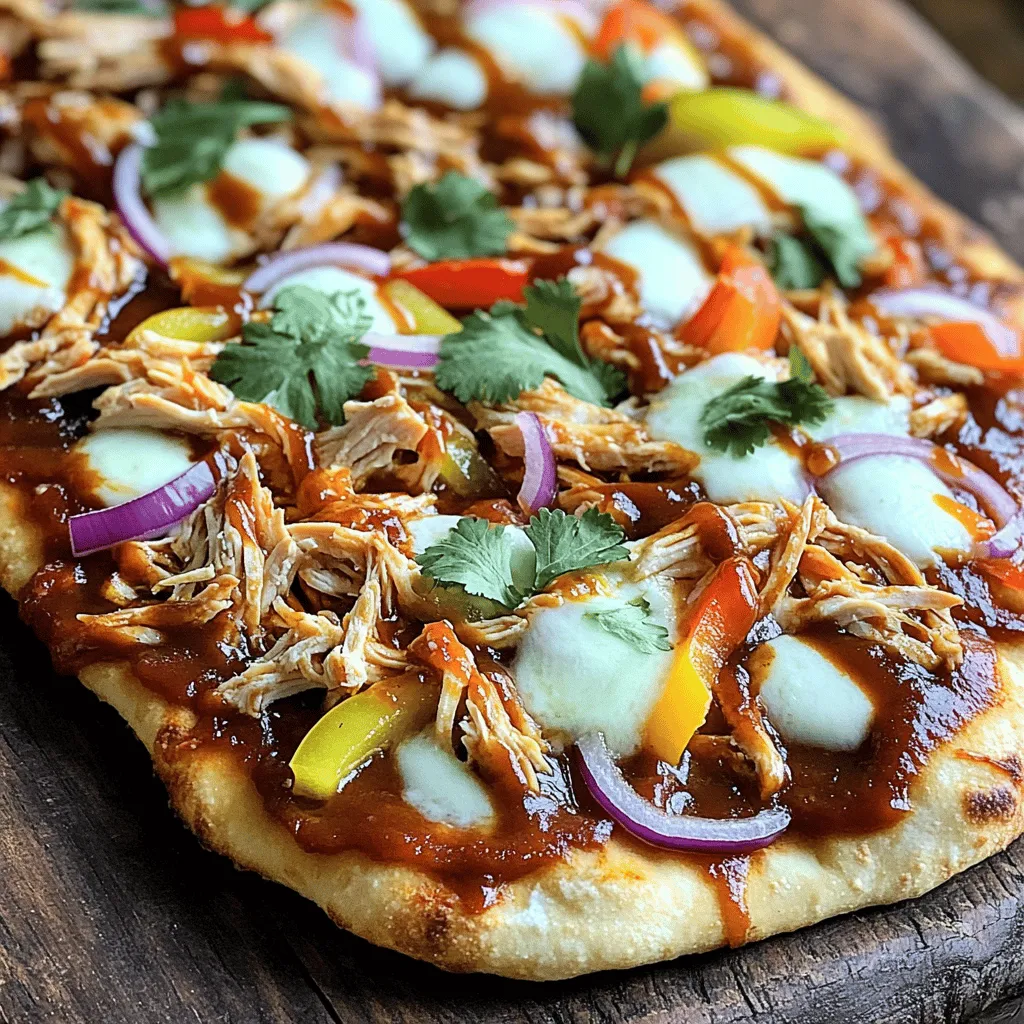 To make a tasty BBQ chicken flatbread pizza, you'll need: - 2 pieces of flatbread (store-bought or homemade) - 1 cup cooked chicken breast, shredded - 1/2 cup BBQ sauce (your choice of flavor) - 1 cup shredded mozzarella cheese - 1/2 cup red onion, thinly sliced - 1/2 cup bell pepper (any color), sliced - 1/4 cup fresh cilantro, chopped - 1/4 teaspoon smoked paprika - Salt and pepper to taste - Olive oil for brushing You can add fun flavors to your pizza with these optional ingredients: - Jalapeños for a spicy kick - Pineapple for a sweet touch - Feta cheese for a tangy twist - Avocado slices for creaminess - Green onions for a fresh finish Selecting fresh and high-quality ingredients makes a big difference. Here are some tips: - Choose flatbreads that are soft and pliable. - Look for organic chicken if possible. - Pick BBQ sauce that suits your taste. - Fresh vegetables should be crisp and colorful. - Use real mozzarella for the best melt and flavor. These choices will help you create a delicious meal that you can enjoy any time! Check out the Full Recipe for more details on how to prepare this dish. First, you should preheat your oven to 400°F (200°C). This helps the flatbreads cook evenly. Next, grab your flatbreads. You can use store-bought or make your own if you prefer. Place the flatbreads on a baking sheet. I like to line the sheet with parchment paper. It makes cleaning easy later. Brush each side of the flatbreads with olive oil. This adds a nice flavor and helps them crisp up. In a medium bowl, add your shredded chicken. Pour in about 1/2 cup of BBQ sauce. Stir well until all the chicken is covered. This step is key for flavor. You can choose any BBQ sauce you like. Sweet, spicy, or smoky, it all works great. Once mixed, set the bowl aside. This simple mix brings a ton of taste to your pizza. Now, it’s time to assemble your flatbread pizza. Start by spreading the BBQ chicken mix evenly over the flatbreads. Next, sprinkle about 1 cup of shredded mozzarella cheese on top. Don’t hold back! Add sliced red onion and bell pepper for crunch and color. Season with smoked paprika, salt, and pepper to taste. Finally, place the baking sheet in the oven. Bake for 12-15 minutes. You'll know it's done when the cheese is melted and bubbly. Once out of the oven, let it cool slightly. Garnish with chopped cilantro for a fresh touch. Slice into wedges and enjoy your BBQ Chicken Flatbread Pizza! For the full recipe, check out the details above. To make great flatbread, I like to keep it simple. Use quality flour, warm water, and a touch of salt. Mix these in a bowl until smooth. Let the dough rest for about 30 minutes. This helps it relax and become easier to roll out. Roll the dough thin for a crisp texture. Cook it on a hot skillet or in the oven until golden. This gives you a perfect base for your BBQ chicken toppings. When topping your flatbread, spread the BBQ chicken evenly. This way, every bite has flavor. Start with the chicken, then add cheese. Cheese holds everything together and melts nicely. Next, scatter onions and peppers. This mix adds color and crunch. Don’t overload your flatbread. Too many toppings can make it soggy. Just a little goes a long way. One common mistake is not preheating the oven. Always preheat it to the right temperature. This ensures your pizza cooks evenly. Another mistake is using too much sauce. A thin layer of BBQ sauce is best. If you add too much, the flatbread can become wet. Lastly, don’t forget to let it cool before slicing. This helps keep the toppings in place. For more details on making BBQ Chicken Flatbread Pizza, check out the Full Recipe. {{image_2}} You can mix things up with different toppings. Try adding jalapeños for heat or pineapple for sweetness. Red pepper flakes can give a nice kick too. If you love cheese, feel free to layer on some cheddar or pepper jack. Different BBQ sauces can change the flavor as well. Sweet, tangy, or spicy options all work great. You can even use ranch dressing as a base for a creamy twist. When it comes to flatbread, you have choices. Store-bought flatbreads save time and effort. They come in many types, like whole wheat or gluten-free. Homemade flatbread offers a fresh taste. You can make it with just flour, water, and salt. Roll it out to your preferred thickness for a nice texture. Both methods give good results, so pick what fits your schedule. You can easily adapt this pizza for vegetarian or vegan diets. For a vegetarian option, use grilled vegetables like zucchini or mushrooms. Swap the chicken for marinated tofu or tempeh for added protein. Use vegan cheese to keep it dairy-free. For BBQ sauce, check labels to find one that is vegan-friendly. These swaps keep the pizza tasty and satisfying for everyone. For the full recipe, check the [Full Recipe]. To keep leftover BBQ chicken flatbread pizza fresh, wait for it to cool. Wrap each piece tightly in plastic wrap or aluminum foil. Place the wrapped pizza in an airtight container. Store it in your fridge for up to three days. This way, the flavors stay intact, and the crust stays crisp. To reheat your pizza, the oven is best. Preheat the oven to 350°F (175°C). Place the pizza on a baking sheet. Heat for about 10-15 minutes. Keep an eye on it to avoid burning. You can also use a skillet. Heat the skillet over medium heat. Place the pizza in the pan, cover it, and cook for about 5-7 minutes. This method keeps the crust nice and crunchy. If you want to freeze your BBQ chicken flatbread pizza, wrap each piece well. Use plastic wrap and then foil for extra protection. You can freeze it for up to three months. When ready to eat, thaw it overnight in the fridge. Reheat it in the oven for the best results. This method helps keep the flavors and textures just right. Enjoy your meal any time! For the full recipe, check out the details above. For BBQ Chicken Flatbread Pizza, I recommend using naan or pita bread. They are thick and hold toppings well. You can also use whole wheat flatbread for a healthier option. Store-bought flatbreads save time, but homemade ones taste great too. Just make sure they are fresh. To create a healthier BBQ Chicken Flatbread Pizza, use whole grain flatbread. Opt for lean chicken breast and low-sugar BBQ sauce. You can also add more veggies like spinach or zucchini for added nutrients. Use part-skim mozzarella to lower fat content, too. Yes, you can use various proteins for this pizza. Try pulled pork, turkey, or even beef. If you prefer plant-based options, use shredded jackfruit or crumbled tempeh. Each choice adds its own unique flavor and texture to the dish. BBQ Chicken Flatbread Pizza goes well with many sides. A fresh garden salad adds crunch and color. You can also serve coleslaw for a creamy contrast. Sweet potato fries or corn on the cob make great sides too. Choose what you enjoy most for a complete meal. You learned how to create a tasty BBQ chicken flatbread pizza. We covered ingredients, steps, tips, and ways to store leftovers. Each part helps you build a great meal quickly. Try fun variations to keep things new. Remember, this dish is easy to adapt for any taste or diet. Enjoy making your flatbread pizza, and share it with friends and family for a fun meal.