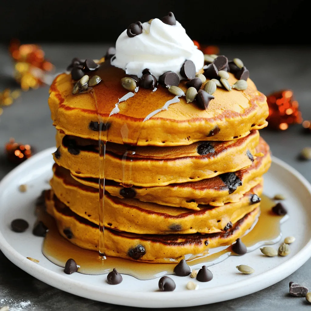 - 1 cup all-purpose flour - 1/2 cup canned pumpkin puree - 1 cup milk (dairy or non-dairy) The primary ingredients form the base of your pancakes. The all-purpose flour gives structure. The pumpkin puree adds moisture and flavor. The milk brings everything together and makes the batter smooth. - 2 tablespoons sugar - 2 teaspoons baking powder - 1/2 teaspoon baking soda Baking powder and baking soda are key for fluffiness. They help the pancakes rise and become light. Sugar adds a touch of sweetness, balancing the pumpkin's earthiness. - 1/2 teaspoon cinnamon - 1/4 teaspoon nutmeg - 1/4 teaspoon salt - 1/2 cup chocolate chips Cinnamon and nutmeg provide warmth and spice. They make your pancakes cozy and festive. The chocolate chips add bursts of sweetness. They melt slightly, creating gooey pockets in each bite. For the full experience, check out the Full Recipe. It'll guide you step-by-step to delicious pancakes. Start by gathering your dry ingredients. In a large bowl, whisk together: - 1 cup all-purpose flour - 2 tablespoons sugar - 2 teaspoons baking powder - 1/2 teaspoon baking soda - 1/2 teaspoon cinnamon - 1/4 teaspoon nutmeg - 1/4 teaspoon salt Make sure to measure each ingredient carefully. Accurate measurements ensure your pancakes rise well and taste great. If you add too much flour, your pancakes will be dense. In another bowl, mix the wet ingredients. Combine: - 1/2 cup canned pumpkin puree - 1 cup milk (dairy or non-dairy) - 1 large egg - 3 tablespoons melted butter Stir these ingredients until the mixture is smooth. If you see lumps, that's okay! A smooth mixture helps the pancakes cook evenly. Heat a non-stick skillet over medium heat. Lightly grease it with butter or oil. Once hot, pour 1/4 cup of batter onto the skillet for each pancake. Cook until bubbles form on the surface, which takes about 2-3 minutes. To flip, use a spatula and gently lift the pancake. Cook for another 2-3 minutes until golden brown. Check to make sure they are cooked through. You want a soft and fluffy pancake, not a gooey one. For more details, refer to the Full Recipe. For fluffy pancakes, avoid overmixing the batter. Mix just until the dry and wet ingredients combine. A few lumps are okay. This helps keep your pancakes light. If you want thicker pancakes, add a bit more flour. For thinner pancakes, add a splash of milk. Use a non-stick skillet or griddle for the best results. You can also use a bit of butter or oil to help. Heat your skillet over medium heat. This temperature gives even cooking. If it's too hot, your pancakes may burn. Check the heat by splashing a drop of water; it should dance and evaporate. Get creative with your toppings! Beyond maple syrup, try whipped cream, nuts, or yogurt. You can also add fresh fruit like bananas or berries. For a festive look, stack the pancakes high, drizzle with syrup, and sprinkle some extra chocolate chips and pumpkin seeds on top. A dollop of whipped cream adds a delightful touch. Check the Full Recipe for more serving ideas! {{image_2}} You can change the flavor of your Pumpkin Chocolate Chip Pancakes easily. Try adding spices like cloves or ginger. A pinch of these spices can bring warmth and depth. They enhance the pumpkin flavor and make the pancakes even more delightful. If you have dietary needs, substitute ingredients to fit your lifestyle. You can use a sugar substitute or swap out the chocolate chips for dried fruit. If you want gluten-free pancakes, use a gluten-free flour alternative. Almond flour or oat flour works well in this recipe. They create a nice texture and keep the flavor rich. For those who prefer dairy-free options, switch to plant-based milk. Almond milk or coconut milk gives the same creamy consistency. You can also use coconut oil instead of butter for a dairy-free twist. Pumpkin Chocolate Chip Pancakes shine during the holidays. You can add festive touches like crushed candy canes or nuts for extra crunch. In fall, try adding apples or pears. These fruits blend perfectly with pumpkin. You can even serve the pancakes with a warm spiced syrup for a seasonal treat. Enjoying these pancakes with seasonal ingredients makes them feel special all year long. For the full recipe, check out the details provided above. To keep your pumpkin chocolate chip pancakes fresh, store them in the fridge. Place them in an airtight container. This helps prevent them from drying out. They last about three to four days in the fridge. When ready to eat, just reheat them! Freezing pancakes is easy. First, let them cool completely. Then, stack the pancakes with a piece of parchment paper between each one. This keeps them from sticking together. Wrap the stack tightly in plastic wrap. Place it in a freezer bag and remove as much air as possible. You can freeze them for up to two months. When you're ready to eat, reheat them in the toaster or microwave. For the best results, use medium heat in the microwave. Heat for about 30 seconds, check, then heat more if needed. You can prepare pancakes ahead of time for busy mornings. Make a big batch on the weekend. Store them in the fridge or freezer as described. In the morning, just grab a few and reheat. For quick reheating, a toaster works great. You can also use a microwave for a faster option. Enjoy your pancakes anytime! To make pancakes fluffy, start with fresh baking powder. Use buttermilk or add vinegar to your milk to create a tangy flavor. Mix your dry and wet ingredients separately. Combine them gently, leaving some lumps. Avoid overmixing; this keeps the air in the batter, which helps it rise. Let the batter rest for a few minutes before cooking. This step allows the gluten to relax and creates a lighter texture. Yes, you can make this recipe vegan! Substitute the milk with a plant-based option, like almond or oat milk. Replace the egg with a flaxseed egg or applesauce for binding. Use coconut oil instead of butter for a rich flavor. These swaps maintain the taste and texture of the pancakes while making them suitable for a vegan diet. You can tell pancakes are done when bubbles form on the surface and the edges look set. Flip them when the bottom is golden brown, about 2-3 minutes. After flipping, cook for another 2-3 minutes. They should be fluffy and slightly firm to the touch. If you’re unsure, you can use a toothpick to check the center; it should come out clean. You now have all the steps to make delicious pumpkin pancakes. You learned about the key ingredients, like flour and pumpkin puree. Mixing dry and wet components, plus cooking tips, will help you achieve the perfect stack. Remember, don’t overmix your batter for fluffy results. Explore fun variations and toppings to suit your taste. Store any extras properly for future enjoyment. With these tips, you can easily whip up tasty pancakes any time! Enjoy your cooking adventure and impress your family and friends!
