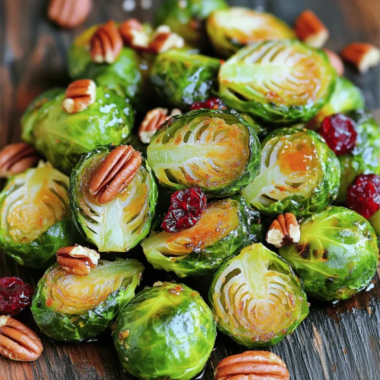 - 1 pound Brussels sprouts, halved - 3 tablespoons olive oil - 2 tablespoons pure maple syrup - 1 teaspoon balsamic vinegar - 1 teaspoon garlic powder I love using fresh Brussels sprouts for this dish. They are packed with flavor and nutrients. Halving them helps them roast evenly and soak up all the tasty ingredients. - 1/2 teaspoon salt - 1/2 teaspoon black pepper Salt and pepper are key to enhance the natural taste of the Brussels sprouts. They help to balance the sweetness of the maple syrup. - 1/4 cup chopped pecans - 1/4 cup dried cranberries Adding pecans gives a nice crunch. Dried cranberries add a sweet and chewy contrast. You can mix and match these options based on your taste. For the full recipe, check out the provided details. Enjoy crafting this delightful dish! Set your oven to 400°F (200°C). This temperature helps the Brussels sprouts get crispy and sweet. In a large bowl, combine the following ingredients: - 3 tablespoons olive oil - 2 tablespoons pure maple syrup - 1 teaspoon balsamic vinegar - 1 teaspoon garlic powder - 1/2 teaspoon salt - 1/2 teaspoon black pepper Mix these well until they blend into a smooth sauce. This mixture gives the sprouts a lovely sweet and savory flavor. Take 1 pound of halved Brussels sprouts and add them to the bowl. Toss the sprouts in the maple mixture. Make sure each piece gets a nice coating. This step is key for great taste. Spread the coated Brussels sprouts on a baking sheet. Try to keep them in a single layer. This way, they roast evenly. Bake them in your preheated oven for 20-25 minutes. Stir halfway through. The sprouts should be tender and slightly caramelized. If you like, you can add some crunch. Include 1/4 cup of chopped pecans during the last 5 minutes of roasting. For a sweet touch, sprinkle 1/4 cup of dried cranberries on top before serving. This adds color and flavor, making your dish pop. For the full recipe, check the section titled Full Recipe. Enjoy your delicious Maple Roasted Brussels Sprouts! Look for firm, tightly packed sprouts. Fresh sprouts have a bright green color. Avoid any that feel soft or look yellow. You want Brussels sprouts that are small to medium in size. Smaller sprouts taste sweeter and cook evenly. Stir halfway through cooking for even roasting. This step helps all sides get crispy. It takes about 20 to 25 minutes to roast them at 400°F (200°C). Keep an eye on them. You want a nice caramelized color but not burnt edges. Add herbs like thyme or rosemary for extra depth. Fresh herbs can brighten the dish. You can chop them finely and mix them into the maple sauce. This simple change can take your Brussels sprouts to the next level. If you want a hint of heat, try adding some red pepper flakes. {{image_2}} You can switch the maple syrup for a balsamic reduction. This change adds a tangy taste that balances the sweetness. The flavor mix is wonderful and makes the dish unique. Just drizzle the balsamic reduction over the Brussels sprouts before roasting. It will caramelize and create a rich glaze. Want a little kick? Try adding cayenne pepper. It gives a nice heat that pairs well with the sweet maple. For a different flavor, use smoked paprika. This spice adds a warm, earthy taste. A pinch of either spice can change the whole dish. You can also switch out the pecans. Use walnuts or almonds for a different crunch. If you prefer a sweeter bite, try raisins instead of cranberries. These small changes can make the dish feel fresh and exciting. Feel free to mix and match! You can find the full recipe [here](#). You can store your Maple Roasted Brussels Sprouts in an airtight container. They stay fresh for up to 4 days. This helps keep the flavors intact and prevents spoilage. If you have leftovers, this is a simple way to enjoy them later. To enjoy your Brussels sprouts again, warm them in the oven or microwave. For best results, the oven method is ideal. Preheat your oven to 350°F (175°C) and place the sprouts on a baking sheet. Heat for about 10 minutes. This way, they regain their crispiness. You can freeze Maple Roasted Brussels Sprouts, but some texture may change. When you thaw them, they might be softer. To freeze, let them cool first, then place them in a freezer bag. This allows you to keep them for up to 3 months. When ready to eat, thaw in the fridge overnight, then reheat as mentioned above. To prep Brussels sprouts, first, wash them well. Trim off the tough ends and remove any yellow leaves. Then, cut each sprout in half. This helps them cook evenly and allows for better flavor absorption. Yes, you can prepare these Brussels sprouts in advance. Just roast them and let them cool. Store them in the fridge. When you are ready to eat, reheat them in the oven or microwave. This makes meal prep easy and saves time. These sprouts are great with many dishes. They pair well with meats like chicken, pork, or turkey. You can also serve them as part of a vegetarian meal, adding grains or other greens for a full plate. For the full recipe, check out the Maple Roasted Brussels Sprouts 🥬. In this article, I shared how to make Maple Roasted Brussels Sprouts. You learned about key ingredients like Brussels sprouts, olive oil, and maple syrup. The step-by-step guide makes cooking easy, from prepping to roasting. Remember, you can add nuts and cranberries for extra crunch. In the end, these sprouts are tasty and healthy. They fit well with many meals. Give this recipe a try and explore the variations to make it your own. Enjoy your cooking!