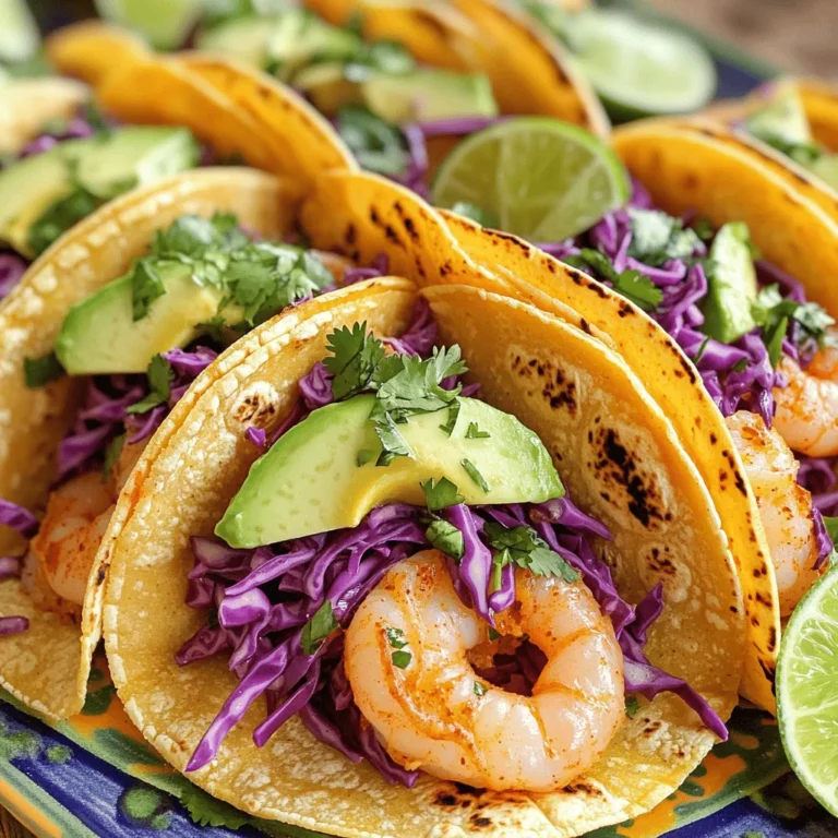 - 1 lb shrimp, peeled and deveined - 2 tablespoons olive oil - 3 cloves garlic, minced The main star of the dish is the shrimp. You want fresh shrimp that is peeled and deveined. The olive oil adds richness. Garlic brings a lovely savoriness that enhances the shrimp's flavor. - Zest and juice of 2 limes - 1 teaspoon chili powder - Fresh cilantro, chopped Lime zest and juice create a bright, tangy flavor. Chili powder adds a subtle heat. Fresh cilantro brings a burst of freshness that completes the dish. - 8 corn tortillas - 1 cup red cabbage, shredded - Avocado, sliced Corn tortillas are perfect for holding all the goodness. Shredded red cabbage adds crunch and color. Sliced avocado brings creaminess and balances the spices. This recipe is not just easy; it’s also fun to make. You can find the Full Recipe to ensure you have every detail you need. Enjoy cooking! First, gather your ingredients. In a large bowl, combine the shrimp, olive oil, minced garlic, lime zest, lime juice, chili powder, cumin, smoked paprika, salt, and pepper. Mix everything well until the shrimp gets coated evenly. This mixture is key to packing in flavor. Let the shrimp marinate for about 15 minutes. This step helps the shrimp absorb all the tasty flavors. While the shrimp marinates, heat a skillet over medium-high heat. Once hot, add the shrimp to the skillet. Cook the shrimp for about 2-3 minutes on each side. You’ll know they are ready when they turn pink and opaque. Avoid overcooking them, or they will become tough. Perfectly cooked shrimp are juicy and tender. Now it’s time to build your tacos! Warm the corn tortillas in a dry skillet for about 30 seconds on each side. This makes them soft and easy to fold. On each tortilla, layer some shredded red cabbage first. This adds crunch and a fresh taste. Next, top with the cooked shrimp and a few slices of avocado. Sprinkle fresh cilantro on top for a burst of flavor. If you like, add a dollop of sour cream or Greek yogurt. For the full recipe, check out the details provided earlier. Enjoy your colorful and tasty tacos! To get great shrimp, avoid overcooking. Shrimp cooks fast, usually in just 2-3 minutes. When they turn pink and opaque, they're done. If you cook them too long, they become rubbery. The ideal marination time is about 15 minutes. This lets the shrimp soak up the flavors from lime, garlic, and spices. If you marinate too long, the shrimp may get mushy. After cooking, the shrimp should be juicy and full of flavor. If you want variety, try flour or whole wheat tortillas. These can add a different taste and texture. Corn tortillas are traditional, but others are tasty too. To warm your tortillas, heat a dry skillet over medium heat. Place the tortilla in the skillet for about 30 seconds on each side. This makes them soft and easy to fold. Warming them enhances their flavor and makes them more enjoyable. For a colorful platter, use bright toppings. Place your tacos on a large plate. Add a layer of shredded red cabbage for crunch. You can also include sliced avocado for creaminess. Garnish with lime wedges on the side. This adds a fresh touch and a pop of color. Extra cilantro on top makes the dish look vibrant and appealing. These small details make your tacos stand out when serving. {{image_2}} If you want to switch things up, you can use chicken or fish instead of shrimp. Both options add their unique flavor. For chicken, use boneless thighs for a juicy bite. For fish, try a flaky white fish like tilapia or cod. If you're looking for vegan options, consider using grilled portobello mushrooms or marinated tofu. Both choices absorb flavors well and give a nice texture. To kick up the heat, add sliced jalapeños. They bring a zesty punch to your tacos. You can also mix in other herbs and spices. Fresh parsley or dill can add a new twist. A sprinkle of smoked paprika will deepen the flavor. Experiment and find what you like best. These tacos pair well with side dishes like Mexican rice or black beans. You can also serve them with a fresh corn salad for a crunchy contrast. For salsas, try a mango salsa for sweetness or a spicy pico de gallo for a fresh kick. These flavors together create a delightful meal you’ll love. For the full recipe, refer to the instructions above. To store your leftover cilantro lime shrimp tacos, first, separate the shrimp from the tortillas and toppings. Place the shrimp in an airtight container. Keep the tortillas and toppings in separate containers. This helps maintain freshness. You can store everything in the fridge for up to three days. Make sure to enjoy them within this time for the best taste. To reheat the shrimp without drying it out, use a skillet over low heat. Add a splash of water or lime juice to keep it moist. Heat for a few minutes until warmed through. For the tortillas, warm them in a dry skillet for about 30 seconds per side. If you want to freeze the shrimp, do so in an airtight container. It will last for up to three months. Just remember to thaw it in the fridge before reheating. To up the heat, add diced jalapeños or a dash of hot sauce. You can also increase the chili powder in the shrimp marinade. If you like a smokier flavor, try smoked chili powder. Always taste as you go, so you get it just right. Yes, you can use frozen shrimp! Just thaw them in the fridge overnight or place them in cold water for about 15 minutes. After thawing, pat them dry with a paper towel. This helps the marinade stick better. Follow the same steps for marinating and cooking. There are many tasty toppings! Consider adding diced tomatoes, pickled onions, or a squeeze of fresh lime juice. Feta cheese or a spicy salsa can also add a fun twist. Experiment with flavors to find your favorite combination. Absolutely! You can marinate the shrimp ahead of time and store it in the fridge for up to 24 hours. Cook the shrimp just before serving. You can also prep the toppings and store them in separate containers. This makes it easy to assemble fresh tacos later. Check out the Full Recipe for more meal prep tips! In this post, we explored making shrimp tacos with fresh ingredients and simple steps. We discussed how to marinate the shrimp, cook it perfectly, and assemble tasty tacos. You learned about alternative ingredients and creative serving ideas. Remember, you can customize flavors and toppings to suit your taste. Enjoy these delightful shrimp tacos with family or friends. They’re easy to make and taste great! Now, go ahead and try this recipe for a fun meal.