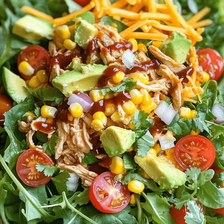 To make a tasty BBQ ranch chicken salad, you need the right mix of ingredients. Here’s what you’ll need: - 2 cups cooked chicken, shredded - 4 cups mixed salad greens (romaine, arugula, baby spinach) - 1 cup cherry tomatoes, halved - 1 cup corn (canned or cooked) - 1 avocado, diced - 1/2 cup red onion, thinly sliced - 1 cup shredded cheddar cheese - 1/2 cup ranch dressing - 1/3 cup BBQ sauce - Salt and pepper to taste These ingredients work together to create a salad that is both filling and delicious. The crispy greens and tender chicken create a nice contrast. The cherry tomatoes add a burst of flavor, while the avocado gives a creamy texture. You can add extra flavor and crunch with optional toppings. Here are a few ideas: - Crispy tortilla strips - Fresh cilantro leaves These toppings can make your salad even more exciting. The crispy strips add texture, while cilantro gives a fresh taste. For the best flavor, stick with these condiments: - Ranch dressing - BBQ sauce Using ranch and BBQ sauce together makes this salad rich and tasty. The ranch cools down the BBQ flavor, creating a balance that everyone loves. For the full recipe, check out the detailed instructions. First, take your cooked chicken. You can use leftover chicken or buy rotisserie chicken. Shred the chicken into small pieces. In a large mixing bowl, add the shredded chicken, BBQ sauce, salt, and pepper. Mix well until the chicken is fully coated in the sauce. This step makes the chicken juicy and full of flavor. Next, grab a large salad bowl. Place the mixed salad greens at the bottom. This creates a fresh base. Now, layer the salad with cherry tomatoes, corn, diced avocado, and red onion. Each layer adds color and crunch. After that, add the BBQ chicken mixture right on top of the salad. Finally, sprinkle the shredded cheddar cheese over the salad. Drizzle the ranch dressing on top. Be generous, but adjust to your taste. Toss the salad gently to mix all the ingredients. Make sure the dressing coats everything well. Taste it and add more salt or pepper if needed. For extra crunch, top with crispy tortilla strips and cilantro leaves before serving. Enjoy your BBQ Ranch Chicken Salad! For the full recipe, check out the recipe card. To shred chicken, I use two forks. Hold one fork steady and use the other to pull apart the meat. This method works great for cooked chicken. If you have a stand mixer, use the paddle attachment. Just mix on low speed for a few seconds. It shreds quickly and evenly. Store leftover salad in an airtight container. Keep the dressing separate to avoid soggy greens. If you want to keep the salad fresh, place a paper towel on top of the greens. This absorbs extra moisture. Leftover salad usually lasts about three days in the fridge. To boost the flavor of your BBQ ranch chicken salad, try adding different toppings. Fresh herbs like cilantro or parsley can add brightness. You can also add jalapeños for a spicy kick. For crunch, consider adding nuts or seeds. A squeeze of lime juice can brighten up the whole dish. For more ideas, check the Full Recipe. {{image_2}} To make a vegetarian BBQ ranch salad, swap chicken for chickpeas. Use one can of chickpeas, drained and rinsed. This adds protein and keeps it filling. You can also add grilled corn for a sweet touch. Use the same fresh veggies, like mixed greens and cherry tomatoes. Top with shredded cheese and ranch dressing. You’ll get a hearty salad that packs a punch of flavor! For a spicy BBQ chicken salad, add jalapeños to your dish. Slice fresh jalapeños or use pickled ones for heat. You can mix hot sauce into the BBQ sauce for an extra kick. Consider swapping regular ranch dressing for spicy ranch. This adds a nice zing to the salad. Keep all other ingredients the same for a flavorful twist! To create a southwestern-inspired BBQ ranch chicken salad, add black beans and diced bell peppers. They bring great color and flavor. You can also mix in some corn for sweetness and a crunch. Use cilantro in place of other herbs for that classic southwestern vibe. A squeeze of lime juice adds brightness to the dish. Enjoy a fresh take on this BBQ ranch chicken salad! For the complete recipe, check the Full Recipe section above. To keep your BBQ Ranch Chicken Salad fresh, store it in an airtight container. Make sure the salad is cool before sealing it. If you have leftover dressing, store it separately. This keeps the greens crisp and prevents sogginess. When stored properly, BBQ Ranch Chicken Salad stays fresh in the fridge for about three days. After that, the ingredients may lose flavor and texture. Always check for signs of spoilage before eating. You can freeze the BBQ chicken used in this salad. Place it in a freezer-safe bag or container. It will last up to three months in the freezer. However, I recommend avoiding freezing the salad as a whole. The greens and other fresh ingredients do not freeze well. For the full recipe, check the section above. Yes, you can use store-bought rotisserie chicken. It saves time and effort. Simply shred the chicken before adding it to the salad. The flavor of the rotisserie chicken adds a nice touch. Plus, it keeps your meal quick and easy. If you want a different dressing, try using Greek yogurt mixed with herbs. This gives a creamy texture and a fresh taste. You can also use vinaigrette or barbecue sauce alone. Each option will change the flavor but keep the salad tasty. To make this salad gluten-free, choose gluten-free BBQ sauce and ranch dressing. Most brands offer gluten-free options. Be cautious with any packaged ingredients. Always check the labels to ensure they are gluten-free. This way, you can enjoy your BBQ Ranch Chicken Salad without worry. We explored how to create a tasty BBQ Ranch Chicken Salad. We discussed the main ingredients, optional toppings, and the best condiments to use. I provided clear steps to prepare the chicken, assemble the salad, and mix the dressing. With tips on shredding chicken and storing leftovers, I offered ways to enhance flavor. You can also enjoy variations like vegetarian or spicy options. Use the storage info to keep your salad fresh. This dish is easy, fun, and great for any meal!