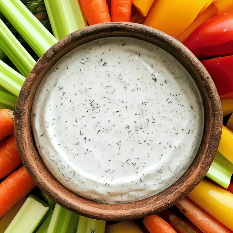 - 1 cup plain Greek yogurt - 1/4 cup mayonnaise - 1 tablespoon lemon juice - 1 teaspoon garlic powder - 1 teaspoon onion powder - 1 teaspoon dried dill - 1 teaspoon dried parsley - 1/2 teaspoon salt - 1/4 teaspoon black pepper - 1/4 teaspoon smoked paprika - Fresh vegetables for dipping such as carrots, celery, bell peppers, and cucumber To make this creamy Greek yogurt ranch dip, gather your main ingredients first. I love using plain Greek yogurt because it gives a great texture and tang. The mayo adds that rich creaminess. Lemon juice gives a nice kick, and garlic and onion powders bring depth to the flavor. Next, we add our herbs and seasonings. Dried dill and parsley provide freshness without being overpowering. The salt enhances all the flavors, while black pepper and smoked paprika add a bit of warmth and smokiness. You can serve this dip with fresh veggies. Carrots, celery, bell peppers, and cucumbers are perfect choices. They add crunch and freshness. You can find the full recipe above, which shows how easy it is to mix these ingredients into a tasty dip. To start, grab a mixing bowl. You will combine one cup of plain Greek yogurt with a quarter cup of mayonnaise. Use a whisk to mix until it is smooth. This base gives your dip a creamy texture. Next, it’s time to add some flavor! Pour in one tablespoon of lemon juice. Then, add one teaspoon each of garlic powder and onion powder. Sprinkle in one teaspoon of dried dill and one teaspoon of dried parsley. Don’t forget to add half a teaspoon of salt, a quarter teaspoon of black pepper, and a quarter teaspoon of smoked paprika. Whisk all the ingredients together until everything is creamy and well combined. Taste your dip and adjust the seasoning if you want more flavor. Cover it with plastic wrap or put it in an airtight container. Let it chill in the fridge for at least 30 minutes. This helps the flavors blend nicely. When it's ready, serve it with fresh-cut veggies for a dip that is zesty and delicious. For all the details, refer to the Full Recipe. To get the right creamy texture, start with high-quality Greek yogurt. Using full-fat yogurt gives the dip a rich taste. Combine it with mayonnaise for extra creaminess. Mix them well in a bowl until smooth. If your dip seems too thick, add a little more lemon juice or a splash of water. This helps to reach the perfect consistency. You can easily adjust the flavors in your dip. If you want it tangier, add more lemon juice. For a stronger taste, increase the garlic powder or onion powder. Fresh herbs can also boost flavor. Try adding chopped chives or cilantro for a fresh twist. Always taste the dip as you mix. This way, you can make it just right for your liking. Serving matters as much as taste. Use a colorful platter to display fresh veggies. Carrots, celery, and bell peppers look great. You can arrange them in a circle around a bowl of dip. For a fun touch, serve with pita chips or crackers too. Adding some sprigs of fresh herbs on top makes it look fancy. Remember, we eat with our eyes first! {{image_2}} Want some heat in your dip? You can add sriracha or red pepper flakes. Start with a small amount. One teaspoon of sriracha gives a nice kick. If you prefer flakes, sprinkle in 1/4 teaspoon. Mix it well and taste. You can always add more if you like it hotter. This twist makes the dip exciting and bold. Using fresh herbs can change the flavor profile. Try fresh dill or parsley instead of dried. Use about three times the amount of fresh herbs. For example, use one tablespoon of fresh dill for one teaspoon dried. Chop them finely and mix them in. Fresh herbs bring a bright taste and aroma. They add a nice touch to your dip. If you want to change the base, sour cream works great. It gives a tangy flavor and creamy texture. You can even mix half Greek yogurt and half sour cream. This combo keeps it light but rich. Other dairy options like buttermilk also work well. Experiment with what you have on hand. Each base brings a different taste to the dip. For the full recipe, check out the link above! To keep your creamy Greek yogurt ranch dip fresh, always use an airtight container. This helps stop air from getting in and keeps the dip tasty. If you don't have a container, cover the bowl tightly with plastic wrap. Make sure the dip is cool before you store it. This helps keep the texture smooth and creamy. You can store this dip in the fridge for up to five days. Keep an eye on the smell and look. If it starts to change, it’s best to toss it. The flavors will blend nicely if you let it sit for a bit before serving after storage. I do not recommend freezing this dip. Freezing can change the texture of the yogurt. It may become grainy when you thaw it. If you want to save some for later, consider making a smaller batch. This way, you can enjoy it fresh without worrying about freezing. If you still want to freeze it, pour it into a freezer-safe container. Leave some space at the top for expansion, then thaw it in the fridge before use. Yes, you can skip the mayonnaise. If you want a healthier dip, try using more Greek yogurt. You can also add a bit of olive oil for creaminess. This keeps the taste rich while cutting some fat. If you don’t have Greek yogurt, use regular yogurt. It will change the texture slightly but still taste great. Non-dairy yogurt works too. Just make sure it’s plain to keep the ranch flavor. You can use this dip in many fun ways! Spread it on sandwiches or wraps for added flavor. It’s also great as a topping for baked potatoes. You can even serve it with chips or crackers for a tasty snack. This blog post shared a simple and tasty dip recipe. You learned the main ingredients, how to mix them, and tips for the perfect texture. I offered variations to spice things up and explained storage methods for freshness. In the end, this dip adds fun to snacks and meals. You can easily adapt it to your taste. Enjoy making your own creamy dip!