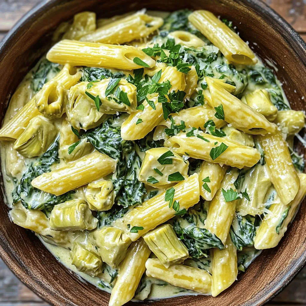 To make a delicious creamy spinach artichoke pasta, gather these key ingredients: - 8 oz (225g) pasta (penne or fettuccine works best) - 1 tablespoon olive oil - 3 cloves garlic, minced - 1 cup fresh spinach, chopped - 1 cup artichoke hearts, drained and chopped - 1 cup heavy cream - 1/2 cup cream cheese, softened - 1/2 cup grated Parmesan cheese - 1/2 teaspoon garlic powder - Salt and pepper to taste - Red pepper flakes (optional, for heat) - Fresh parsley, chopped, for garnish Each ingredient plays a role. The pasta gives us a base. The spinach and artichokes provide freshness and flavor. Garlic adds a nice bite, while heavy cream and cream cheese create a rich sauce. Parmesan cheese brings depth. Seasoning with salt, pepper, and red pepper flakes adds balance. Finally, parsley brightens the whole dish. For the full recipe, check below! To start, boil a large pot of salted water. Add 8 ounces of your choice of pasta, like penne or fettuccine. Cook according to the package directions until al dente, usually about 8-10 minutes. Al dente means the pasta should still have a slight bite. Once done, drain the pasta and set it aside. Remember to save about half a cup of that pasta water. This starchy water helps make the sauce creamy later. Now, let’s make it flavorful. Heat 1 tablespoon of olive oil in a large skillet over medium heat. Add 3 cloves of minced garlic. Sauté for 1-2 minutes until fragrant but not browned. Next, add 1 cup of chopped spinach and 1 cup of drained and chopped artichoke hearts. Cook for about 3-4 minutes. You want the spinach to wilt and the artichokes to warm up. Stir often to get an even cook. For the cream sauce, lower the heat to low. Pour in 1 cup of heavy cream and add 1/2 cup of softened cream cheese. Stir until the cream cheese melts completely. This should take just a few minutes. You want the sauce to be smooth and creamy. If it seems too thick, don’t worry! We’ll fix that later with pasta water. Now comes the best part! Add the cooked pasta to the skillet with the creamy sauce. Toss everything together to coat the pasta well. If the sauce is too thick, add a bit of the reserved pasta water. Gradually mix until you reach your desired creaminess. Finally, stir in 1/2 cup of grated Parmesan cheese, 1/2 teaspoon of garlic powder, and season with salt and pepper to taste. You can even add red pepper flakes for a little kick if you like. Taste and adjust the seasoning if needed. Enjoy your delicious creamy spinach artichoke pasta! For the complete cooking instructions, check the Full Recipe. To get a smooth, creamy sauce, watch your heat. Keep it low once you add the cream. High heat can cause the cream to curdle. Stir often to keep the sauce even. Use a wooden spoon; it works well for mixing. I recommend using a whisk for the cream cheese. This tool helps break it down quickly. It makes blending easier and faster. If you notice lumps, keep mixing until it’s all smooth. Try adding toasted breadcrumbs on top for a nice crunch. You can also sprinkle more Parmesan cheese for extra flavor. Fresh herbs like basil or chives add color and taste. Serve this dish with a side salad or garlic bread. A light, crisp salad balances the creaminess of the pasta. Garlic bread works well for sopping up any leftover sauce. One common pitfall is overcooking the pasta. Always check the package for timing. Aim for al dente, as it will continue to cook in the sauce. Another mistake is not reserving pasta water. This water helps adjust your sauce's thickness. If it gets too thick, add a bit of this water to loosen it. Lastly, avoid adding cheese too early. Wait until the sauce is off the heat to add the cheese. This helps it melt without clumping. {{image_2}} You can make this dish fit your needs. For gluten-free pasta, choose options like brown rice or chickpea pasta. These work well and still taste great. If you want a lactose-free dish, swap heavy cream and cream cheese for coconut cream and cashew cheese. These substitutes keep the creaminess but remove the dairy. Want to add protein? Grilled chicken or shrimp makes a tasty addition. Just cook them in the skillet before adding the spinach and artichokes. You can also boost flavor with herbs. Try basil, oregano, or even a pinch of thyme. A little lemon zest adds a nice touch too! Serving this pasta hot is classic and cozy. For leftovers, you can serve it cold as a pasta salad. Just chill the pasta and toss it with some olive oil, lemon juice, and fresh veggies. This way, you can enjoy a new dish the next day. To keep your creamy spinach artichoke pasta fresh, store it in the fridge. Use an airtight container to stop air from drying it out. Make sure the pasta cools down before sealing it up. You can keep it in the fridge for up to three days. If you want to save it longer, freezing is a good option. For freezing, place the pasta in a freezer-safe bag or container. Squeeze out any extra air to avoid freezer burn. When you’re ready to enjoy leftovers, avoid drying them out. The best way to reheat is on the stove. Place the pasta in a pan over low heat. Add a splash of milk or cream to help it stay moist. Stir often for even heating. You can also use a microwave. Heat it in short bursts of one minute. Stir in between until it’s hot. Keep an eye on it so it doesn’t get too dry. In the fridge, your creamy spinach artichoke pasta lasts about three days. If you freeze it, it can last up to three months. When checking for spoilage, look for any off smells or changes in color. If it looks or smells funny, it’s best to throw it away. Always trust your senses. They help keep you safe and healthy. I recommend using penne or fettuccine. These shapes hold the sauce well. Penne's ridges catch the creamy mix, while fettuccine's flat shape offers a nice bite. Both options create a delightful texture in each forkful. Yes, you can prep it a day in advance. Cook the pasta and make the sauce separately. Combine them just before serving. This keeps the pasta from getting mushy. Store each part in the fridge in airtight containers. To make this dish vegan, use plant-based cream and cheese. Almond or coconut cream works well. For cheese, try cashew cream or a vegan cream cheese. Make sure to check the labels for hidden dairy. Absolutely! Frozen spinach and artichokes are great substitutes. They are quick and easy to use. Just thaw and drain them before adding to the dish. This saves time and still gives you a tasty meal. Pair it with a side salad or garlic bread. A fresh salad adds crunch and balances the creaminess. Garlic bread is a classic choice, perfect for scooping up the sauce. You can also serve it with grilled chicken or shrimp for extra protein. For the full recipe, check out the details above. This blog post walks you through making a creamy spinach artichoke pasta. We covered all the ingredients, cooking steps, and tips for the best flavor. Remember to taste as you go. You can add proteins or herbs for a twist. Proper storage keeps it fresh, too. Enjoy this easy and versatile dish, whether you eat it warm or as a cold salad. You'll impress everyone with this meal. Cooking can be simple and fun when you follow these steps!