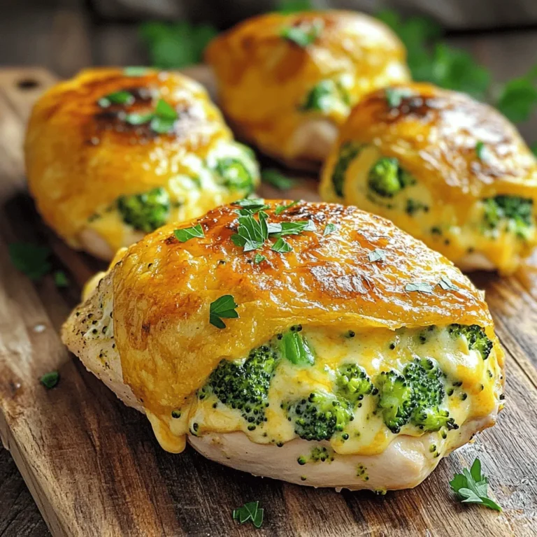 To make this tasty dish, you need a few key ingredients: - 4 boneless, skinless chicken breasts - 1 cup broccoli florets, steamed and chopped - 1 cup sharp cheddar cheese, shredded - 1/2 cup cream cheese, softened - 1/4 teaspoon garlic powder - 1/4 teaspoon onion powder - Salt and pepper to taste - 1/2 cup breadcrumbs - 2 tablespoons olive oil - Fresh parsley for garnish (optional) These simple ingredients come together to create a rich and cheesy filling. The broccoli adds a nice crunch and color. You can enhance the dish with a few optional ingredients: - 1 teaspoon Dijon mustard for a tangy taste - 1/4 teaspoon smoked paprika for a smokier flavor - 1/4 cup grated Parmesan cheese for extra creaminess These ingredients can help you customize the dish to your liking. Feel free to play around with these options! If you don't have all the ingredients, here are some smart swaps: - Use frozen broccoli instead of fresh. Just thaw and chop it. - Swap cream cheese for Greek yogurt for a lighter option. - Replace sharp cheddar with any cheese you enjoy, like mozzarella or gouda. These substitutions can help you make this dish even if you’re low on certain ingredients. Enjoy experimenting! For the complete cooking process, check the Full Recipe. First, you need to prep the chicken breasts. Start by rinsing them under cool water. Pat them dry with a paper towel. Next, carefully slice a pocket into each breast. You want to cut deep, but not all the way through. This pocket will hold the yummy filling. Now, let’s make the stuffing. In a mixing bowl, combine the steamed broccoli, sharp cheddar cheese, cream cheese, garlic powder, onion powder, salt, and pepper. Use a fork or spatula to mix everything well. You want a creamy and cheesy filling. Make sure the broccoli is chopped small so it fits nicely in the chicken. You're almost ready to bake! Preheat your oven to 375°F (190°C). Take the stuffed chicken and dip it in olive oil. Then coat it with breadcrumbs. This gives it a nice crunch. Place the chicken in a baking dish and drizzle any leftover olive oil on top. Bake for about 25-30 minutes. The chicken should be cooked through and reach 165°F (75°C). After baking, let it rest for 5 minutes before slicing. Garnish with fresh parsley if you like. Serve warm and enjoy your meal! For the full recipe, check out the details above. To cook chicken well, start with good quality meat. Look for fresh, boneless, skinless chicken breasts. Always make sure your chicken is at room temperature before cooking. This helps it cook evenly. Season both sides with salt and pepper for better flavor. Use a meat thermometer to check for doneness. Aim for an internal temperature of 165°F (75°C) for safety. For a great stuffing texture, blend your ingredients well. Mix steamed broccoli, sharp cheddar, and cream cheese until smooth. This gives you a creamy filling that holds together. If it feels too thick, add a splash of milk to loosen it. When you stuff the chicken, press gently. This helps the filling stay inside during cooking. One common mistake is overcooking the chicken. Keep an eye on the time and use a thermometer. Another mistake is not sealing the pocket well. If you don’t seal it, the filling will leak out. Lastly, don’t skip resting the chicken after baking. Letting it rest for five minutes helps keep it juicy. {{image_2}} You can switch up the cheese for fun. Try using mozzarella for a milder taste. Gouda adds a rich flavor, while pepper jack brings a nice kick. Each cheese changes the dish's profile. Experiment and find your favorite. If you want a meat-free meal, use tofu or mushrooms. Press and cube firm tofu, then mix it with the broccoli and cheese. For mushrooms, chop them finely and sauté before adding. Both options keep the dish tasty and filling. Seasoning can make a big difference. Add paprika for a smoky flavor. Italian herbs like oregano or basil can also give it a fresh twist. For a spicy note, try red pepper flakes. These small changes can elevate your meal. Store your leftover Broccoli Cheddar Stuffed Chicken in an airtight container. Place it in the fridge for up to three days. Make sure the chicken has cooled down before sealing the container. This keeps the chicken moist and fresh. To reheat, preheat your oven to 350°F (175°C). Place the chicken in an oven-safe dish. Cover it with foil to keep it from drying out. Heat for about 15-20 minutes, or until it's warm throughout. You can also use a microwave. Heat in short bursts of 1-2 minutes, checking often. You can freeze Broccoli Cheddar Stuffed Chicken for up to three months. Wrap each piece tightly in plastic wrap and then in foil. This helps prevent freezer burn. When you are ready to eat, thaw in the fridge overnight. Reheat as mentioned above to enjoy your tasty meal again. Check out the Full Recipe for more details! You should cook Broccoli Cheddar Stuffed Chicken for about 25 to 30 minutes. I recommend checking the chicken's internal temperature. It should reach 165°F (75°C) to be safe. The cooking time can vary based on your oven and the size of the chicken breasts. Always use a meat thermometer for the best results. Yes, you can make this dish ahead of time. You can prepare the stuffed chicken and store it in the fridge before baking. Cover it tightly with plastic wrap or foil. When you're ready to bake, just add a few extra minutes to the cook time. This way, you can enjoy a tasty meal on a busy night without extra work. There are many great sides to serve with this dish. Here are a few ideas: - Garlic mashed potatoes - Steamed green beans - Roasted carrots - A simple garden salad - Quinoa or rice for a healthy touch These sides balance the rich flavors of the chicken and add color to your plate. Enjoy your meal with a fresh side! For the full recipe, check the complete instructions above. Broccoli Cheddar Stuffed Chicken is a delight. We covered its main and optional ingredients, plus substitutions. You learned step-by-step instructions for prep, stuffing, and baking. I shared tips for perfect chicken cooking and common mistakes to avoid. We explored tasty variations and important storage info for leftovers. Now you can enjoy this dish any time. With practice, you’ll master it. Remember, a little creativity goes a long way in your kitchen. Happy cooking!