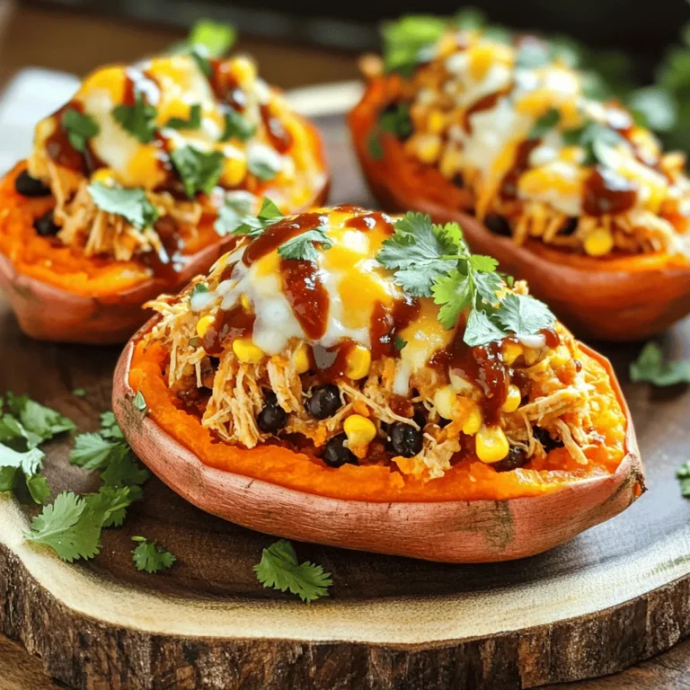 - 4 medium sweet potatoes - 2 cups cooked shredded chicken - 1 cup BBQ sauce (your choice) - 1 cup corn (canned or frozen) - 1/2 cup black beans, rinsed and drained - 1/2 cup red onion, diced - 1 cup shredded cheddar cheese - 1/4 cup fresh cilantro, chopped - Sour cream (for serving) - Salt and pepper to taste When you gather these ingredients, you set the stage for a great meal. Sweet potatoes give a creamy base and a hint of natural sweetness. Shredded chicken adds heartiness and protein. BBQ sauce brings a tangy kick, while corn and black beans add texture and color. Red onion gives a nice crunch and flavor. You can swap proteins easily. Pulled pork or turkey work great too. For a vegetarian option, try using tofu or jackfruit. You can also change up the veggies. Bell peppers or spinach add great flavor and nutrients. Each stuffed sweet potato provides a good balance. You get around 450 calories per serving. They offer protein, fiber, and healthy carbs. Sweet potatoes are rich in vitamins A and C. This dish is not just tasty; it fuels your body well. Enjoying BBQ chicken stuffed sweet potatoes means you eat well while having fun! - Preheat your oven to 400°F (200°C). This high heat helps cook the sweet potatoes evenly. - Wash the sweet potatoes well under cool water. Use a scrub brush to remove dirt. Pierce each potato several times with a fork. This allows steam to escape while they bake. - In a bowl, mix the shredded chicken with BBQ sauce. You can use any sauce you love. - Add corn, black beans, and diced red onion to the bowl. Stir everything until it's well combined. - Taste the mixture and add salt and pepper as needed. You want flavors to pop! - After baking the sweet potatoes, let them cool for a few minutes. Cut each potato in half lengthwise. - Fluff the insides gently with a fork to make room for the filling. - Spoon the BBQ chicken mix into each sweet potato half. Pack it in lightly for a hearty bite. - Top each potato with the rest of the cheddar cheese. It melts beautifully, adding great flavor. - Return the stuffed sweet potatoes to the oven. Bake for 15-20 more minutes until the cheese is melted and bubbly. - Once done, garnish with fresh cilantro, and serve with sour cream if you like. Enjoy every bite! For the full recipe, check out the details above. To ensure sweet potatoes are perfectly tender, bake them at 400°F. Pierce each potato with a fork. This helps steam escape and cooks them evenly. Bake for 45-60 minutes. You’ll know they are ready when a fork goes in easily. For thickening BBQ sauce, simmer it on low heat. Add a bit of cornstarch mixed with water. Stir until it thickens. You can also try reducing the sauce by cooking it longer. This makes the flavor richer and deeper. The best sides to complement BBQ chicken stuffed sweet potatoes are coleslaw and a fresh green salad. These sides add crunch and balance the flavors. For garnishing, add fresh cilantro on top of each potato. A dollop of sour cream also adds creaminess. Drizzle some extra BBQ sauce for a nice touch. To store leftover stuffed sweet potatoes, place them in an airtight container. They last about three days in the fridge. For reheating, use the oven at 350°F. Cover them with foil to keep moisture. Heat for about 15-20 minutes or until warm. You can also use a microwave, but the oven keeps the skin nice and crisp. Follow the Full Recipe to make your own BBQ chicken stuffed sweet potatoes. Enjoy! {{image_2}} You can change the protein in this recipe to keep it fresh. Pulled pork works great and adds a rich flavor. Just swap the chicken with about two cups of pulled pork. If you want a plant-based option, try using tofu. Use firm tofu, press it to remove extra water, and then crumble it. Mix it with BBQ sauce for tasty bites. The BBQ sauce you choose can change the whole dish. Try different sauces like honey BBQ, spicy chipotle, or even a sweet teriyaki. Each sauce brings unique flavors to the mix. You can also add spices like smoked paprika or garlic powder for extra depth. Don't be afraid to test and see what you like best. For those who need gluten-free meals, use gluten-free BBQ sauce. This will keep your meal safe and delicious. If you want a vegan option, replace the chicken with the previously mentioned tofu and use a vegan BBQ sauce. You can also skip the cheese or use a dairy-free alternative. These swaps keep the flavor while meeting dietary needs. BBQ chicken stuffed sweet potatoes can last up to four days in the fridge. To keep them fresh, store them in an airtight container. Make sure the sweet potatoes cool down before sealing. This helps prevent sogginess. If you want to enjoy them later, label the container with the date. That way, you know when to eat them. Yes, you can freeze BBQ chicken stuffed sweet potatoes! To freeze, first let them cool completely. Then wrap each stuffed potato in plastic wrap and place them in a freezer bag. Squeeze out as much air as possible. They can last up to three months in the freezer. When you’re ready to eat, just thaw them in the fridge overnight before reheating. The best way to reheat BBQ chicken stuffed sweet potatoes is in the oven. Preheat your oven to 350°F (175°C). Place the stuffed potatoes on a baking sheet. Cover them with foil to keep them moist. Bake for about 20-25 minutes, or until heated through. If you want a crispy top, remove the foil for the last few minutes. Enjoy the tasty flavors as they warm up! Making BBQ chicken stuffed sweet potatoes is simple and fun. This recipe takes about 15 minutes to prep and 1 hour and 10 minutes to cook. It serves four people, making it perfect for a family meal. You should really try making these BBQ chicken stuffed sweet potatoes at home. They are easy to prepare and taste great. You can find high-quality images or video tutorials online to help you along the way. The recipe is packed with flavor and nutrients. Each bite gives you tender sweet potato mixed with savory BBQ chicken. The cheese melts perfectly, adding richness to every forkful. You will enjoy the fresh cilantro and sour cream that add a nice finish. For the full recipe, check out the detailed instructions above. It guides you through each step to make this tasty dish. Enjoy your cooking adventure! BBQ chicken stuffed sweet potatoes make a tasty meal. You start with sweet potatoes, fill them with BBQ chicken, and bake. Remember to customize your filling and sauce for your taste. After the bake, enjoy garnishing with cheese and cilantro. Try these tips for leftovers to keep them fresh. With a little prep, you have a wholesome dish ready for any day. Explore variations to keep it exciting. I hope you’re inspired to make this dish your own and share it with friends!