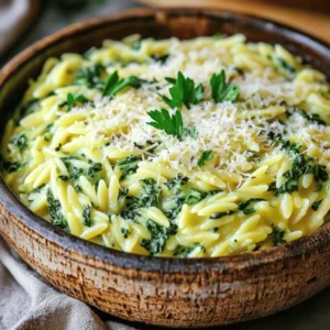 In this creamy spinach parmesan orzo recipe, each ingredient plays a key role in creating a delicious dish. Here’s what you will need: - 1 cup orzo pasta - 2 cups fresh spinach, roughly chopped - 1 medium onion, finely chopped - 2 cloves garlic, minced - 2 tablespoons olive oil - 1 cup vegetable broth - 1 cup heavy cream (or coconut cream for a dairy-free option) - ½ cup grated Parmesan cheese - ½ teaspoon salt - ¼ teaspoon black pepper - ¼ teaspoon nutmeg - Fresh parsley, chopped, for garnish Each item in this list brings its own flavor and texture. The orzo pasta provides a nice base, while the spinach adds freshness and color. Onions and garlic give depth to the dish. Olive oil enhances the flavor, and vegetable broth creates a rich background. Cream makes it smooth, and Parmesan cheese adds a savory kick. Seasoning with salt, pepper, and nutmeg elevates the overall taste. Finally, a sprinkle of parsley brightens up the dish and makes it look appealing. For the full recipe, check out the details above. This dish is simple yet satisfying, perfect for any meal. First, heat two tablespoons of olive oil in a large pot over medium heat. Add one finely chopped onion and sauté it for about five minutes until it becomes soft and clear. Next, stir in two minced garlic cloves and cook for one to two minutes. This step builds a great flavor base. Now, add one cup of orzo pasta to the pot. Stir it well to coat the pasta with the oil and onion mix. Now it's time to add the liquid. Pour in one cup of vegetable broth and bring everything to a boil. Once boiling, lower the heat and cover the pot. Let it simmer for ten to twelve minutes. The orzo will cook and soak up most of the broth. Afterward, add two cups of roughly chopped fresh spinach. Stir it in and let it cook for about two to three minutes. The spinach will wilt and blend in nicely. For the final touch, pour in one cup of heavy cream. Stir it well to combine. Then add half a cup of grated Parmesan cheese. Mix until everything turns smooth and creamy. Season with half a teaspoon of salt, a quarter teaspoon of black pepper, and a quarter teaspoon of nutmeg. Cook for another two to three minutes, stirring often until the dish is hot. Taste it and adjust the seasoning if needed. For the complete recipe, refer to the Full Recipe section. To boost the flavor of your creamy spinach Parmesan orzo, consider adding a few spices. A pinch of red pepper flakes brings warmth and excitement. You can also try adding some garlic powder or onion powder for an extra kick. Lemon zest is another great option. It adds a bright note that cuts through the creaminess. Just a little zest goes a long way in lifting the dish. For a creamy consistency, always stir the mixture well. This helps all the flavors blend together. When you add the heavy cream, keep stirring until it’s fully combined. If it seems too thick, add a splash of vegetable broth to loosen it up. When serving, use shallow bowls to show off the creamy orzo. Garnish each bowl with fresh parsley and a sprinkle of Parmesan cheese. This makes the dish look more inviting. It also adds a pop of color to your table. For more details on how to make this dish, check out the Full Recipe. {{image_2}} You can easily adjust this creamy spinach parmesan orzo to fit your needs. For a dairy-free option, use coconut cream instead of heavy cream. This keeps the dish rich while avoiding dairy. You can also choose gluten-free orzo. Many brands offer this option, so check the package for details. If you want to add protein, consider chicken or shrimp. Cook them separately and mix them in at the end. This adds flavor and makes the meal more filling. You can also use canned chickpeas or lentils for a vegetarian protein boost. Feel free to swap out some ingredients for a fresh twist. If you don’t have spinach, try kale or Swiss chard. These greens work well and add their own unique taste. You can also mix in some bell peppers or peas for extra color and nutrition. Changing the cheese can also alter the flavor. Instead of parmesan, try feta or goat cheese for a tangy kick. If you're a fan of a sharper taste, use aged cheddar. This adds depth and makes the dish even more interesting. For the full recipe, see the top section. Enjoy experimenting with these variations! To store leftover orzo, let it cool first. Place it in an airtight container. Seal it well to keep moisture in and air out. You can keep it in the fridge for up to three days. When you are ready to eat, reheat it gently on the stove or in the microwave. Add a splash of water or cream to help it regain its creamy texture. Stir it often to ensure even heating. Yes, you can freeze creamy orzo! This makes it a great meal prep option. Allow it to cool completely before freezing. Transfer it to a freezer-safe container or bag. Label it with the date, and it will last up to three months in the freezer. To thaw, move the orzo to the fridge overnight. If you need it fast, you can also use the microwave. Once thawed, reheat it on the stove. Add a little cream or broth to help restore its creamy texture. Keep stirring until it's hot and smooth. What can I serve with Creamy Spinach Parmesan Orzo? You can serve this dish with many sides. Some great options are grilled chicken, sautéed shrimp, or a fresh salad. Garlic bread pairs nicely, too. The creamy orzo also works well alongside roasted vegetables or a light soup. Mix and match to find your favorite combo! How long does creamy orzo last in the fridge? Creamy orzo stays fresh for about three to four days in the fridge. Make sure to store it in an airtight container. When you reheat it, add a splash of broth or cream to keep it creamy and delicious. Can I make this recipe vegan? Yes! To make this dish vegan, use coconut cream instead of heavy cream. You can also swap Parmesan cheese for a vegan cheese option. This keeps the flavors rich and creamy without dairy. How to adjust cooking times for larger servings? If you want to make more servings, increase the ingredients in the recipe. Cooking time will stay about the same, but you might need a larger pot. Just make sure the orzo cooks until it's al dente, ensuring everyone enjoys a perfect meal. For the complete recipe, check out the Full Recipe link. This blog post offered a detailed view of making creamy spinach Parmesan orzo. We covered the ingredients, step-by-step instructions, and helpful tips. You now have ideas for variations and storage. Think of this dish as a canvas. You can add your own flair. Experiment with flavors, and enjoy a delicious meal your way. Now, it's your turn to try this recipe and impress your friends!