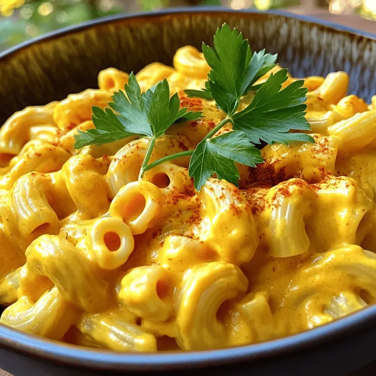 - 8 ounces elbow macaroni (or pasta of choice) - 1 cup pumpkin puree (canned or fresh) - 1/2 cup nutritional yeast - 1 cup unsweetened almond milk (or any plant-based milk) - 2 tablespoons olive oil - 1 tablespoon lemon juice - 1 teaspoon garlic powder - 1 teaspoon onion powder - 1/2 teaspoon smoked paprika - Salt and pepper to taste - Fresh parsley or chives for garnish In this recipe, we focus on simple, easy-to-find ingredients. The base is elbow macaroni, which gives that classic mac and cheese feel. Pumpkin puree adds a creamy texture and a lovely color. Nutritional yeast brings a cheesy flavor without dairy. For the sauce, almond milk makes it smooth and rich. Olive oil adds a nice depth, while lemon juice brightens the dish. The seasonings are where the magic happens. Garlic powder and onion powder boost the flavor. Smoked paprika gives a hint of smokiness. Salt and pepper enhance everything, while fresh herbs add a pop of color and taste. You can find the full recipe to make this creamy delight in your kitchen. The combination of these ingredients makes a dish that is not only tasty but also healthy and satisfying. First, fill a large pot with water and add salt. Bring the water to a boil. Once boiling, add 8 ounces of elbow macaroni. Cook the pasta until it is al dente, about 7 to 9 minutes. You want it firm but not hard. Drain the pasta in a colander and set it aside. Next, grab a medium saucepan. Heat 2 tablespoons of olive oil over medium heat. When the oil is warm, add 1 cup of pumpkin puree. Then, add 1/2 cup of nutritional yeast, 1 cup of unsweetened almond milk, and 1 tablespoon of lemon juice. Sprinkle in 1 teaspoon of garlic powder and 1 teaspoon of onion powder. Add 1/2 teaspoon of smoked paprika for some warmth. Whisk all these ingredients together until smooth and creamy. Bring the sauce to a gentle simmer. Taste your sauce. Add salt and pepper to fit your liking. If the sauce feels too thick, stir in a little more almond milk until it is just right. Now, add the drained pasta to the sauce, mixing well to coat each noodle. Heat everything together for 2 to 3 minutes. This will warm the pasta and allow the flavors to blend. Serve your pumpkin mac and cheese warm, and if you want, top it with fresh parsley or chives for a nice touch. For the full recipe, check out the details above. To get the perfect texture for your vegan pumpkin mac and cheese, start with almond milk. If your sauce is too thick, add more almond milk a little at a time. This helps create a smooth and creamy sauce. Whisk as you add the milk. This keeps the sauce from clumping. A good whisk makes all the difference. To make your dish even more tasty, play with spices. Try adding a pinch of nutmeg or cayenne for heat. You can also use different plant-based milks. Coconut milk adds a rich flavor. Soy milk gives a creamy touch. Each milk changes the taste a little. So, experiment and see what you love best. Presentation matters too! Garnish your dish with fresh herbs. Parsley or chives add a bright touch. Serve it in colorful bowls for an eye-catching look. You can also sprinkle some extra nutritional yeast on top for a cheesy finish. This makes your vegan pumpkin mac and cheese look as good as it tastes. For the full recipe, check out the complete guide. {{image_2}} You can change the pasta type to fit your taste. Try gluten-free pasta or whole wheat for added nutrients. Each type brings a new taste and texture. You can also use spiral or penne pasta. These shapes hold sauce well and make each bite fun. Adding vegetables is another great way to mix it up. Spinach, broccoli, or even roasted red peppers work well. They add color and nutrients to the dish. You can sauté the veggies first for extra flavor. Want to lower the fat? Swap olive oil for a little vegetable broth or water. This keeps the sauce creamy without the extra fat. You can also use less nutritional yeast. It still tastes good while saving some calories. If you need a gluten-free dish, it’s easy to adapt. Just choose gluten-free pasta and make sure your spices are gluten-free. This way, everyone can enjoy the meal without worries. To make your pumpkin mac and cheese even yummier, consider adding vegan cheese. It creates a richer taste and adds gooeyness. Just mix it into the sauce until it melts. Experimenting with herbs and spices can also change the flavor. Try basil, oregano, or even a dash of cayenne for some heat. Each addition makes the dish unique and fun to explore. You can find your favorite combination! For the full recipe, check out the Easy Vegan Pumpkin Mac and Cheese. To keep your Easy Vegan Pumpkin Mac and Cheese fresh, refrigerate it right away. Use an airtight container to prevent moisture loss. This dish stays good for about 3 to 5 days in the fridge. Before serving again, check for any off smell or change in texture. You can freeze this dish for later. First, cool it completely before packing. Use freezer-safe containers or bags to store it. Be sure to leave some space for expansion. It will last about 2 to 3 months in the freezer. For best taste, eat it sooner rather than later. To reheat, the oven works best. Preheat to 350°F (175°C) and place the mac and cheese in a dish. Cover it with foil to keep it moist. Heat for about 20 minutes or until warm. If you use a microwave, add a splash of plant-based milk to avoid dryness. Stir halfway through to keep the texture creamy. To make your vegan mac and cheese creamy, pumpkin puree is key. It adds rich texture and flavor. Here are some tips: - Use full-fat coconut milk: This adds extra creaminess. - Nutritional yeast: It gives a cheesy flavor and helps thicken the sauce. - Whisk well: Make sure to whisk the sauce until smooth. If the sauce is too thick, add a splash of almond milk. This helps achieve the perfect creamy consistency. Yes, you can use different types of pasta. Here are some great options: - Gluten-free pasta: Look for options made from rice or chickpeas. - Whole wheat pasta: This adds fiber and a nutty flavor. - Spiralized veggies: Zucchini or sweet potato noodles are fun and healthy. Feel free to choose a pasta that you enjoy the most! To make this dish gluten-free, you need to use gluten-free pasta. Most stores offer many options now. Look for: - Rice pasta: It cooks well and has a nice texture. - Chickpea pasta: This adds protein and fiber. Check the labels to ensure they are truly gluten-free. Toppings can elevate your mac and cheese. Here are some tasty ideas: - Fresh herbs: Chopped parsley or chives add brightness. - Breadcrumbs: Toasted gluten-free or regular breadcrumbs add crunch. - Sautéed veggies: Spinach or mushrooms can add flavor and texture. Feel free to get creative with your toppings! Making this vegan pumpkin mac and cheese is quick and easy! Here's the breakdown: - Prep time: About 10 minutes to gather and prepare ingredients. - Cook time: Around 10 minutes to cook the pasta and make the sauce. In total, you can enjoy this dish in about 20 minutes. For the Full Recipe, just follow the steps outlined earlier. In this blog post, we explored a tasty vegan mac and cheese recipe. We covered the main and additional ingredients, along with seasonings that make it flavorful. I shared step-by-step instructions, tips for perfecting the dish, and ways to customize it. Remember, this dish is versatile and easy to store for later. With its creamy texture and rich taste, it’s a meal you can enjoy anytime. You have all you need to make this dish your own. Happy cooking!