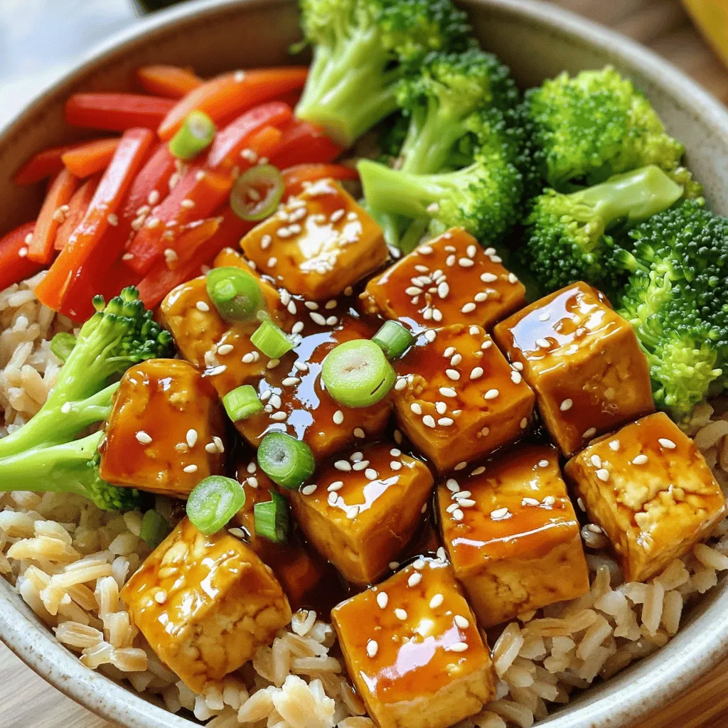 - 1 block firm tofu, pressed and cubed - 1 cup brown rice - 2 tablespoons sesame oil - 1 cup broccoli florets - 1 red bell pepper, sliced - 1 carrot, julienned - 3 green onions, sliced - 2 cloves garlic, minced - 1-inch piece ginger, grated - 1/4 cup soy sauce - 2 tablespoons honey or maple syrup - 1 tablespoon rice vinegar - 1 tablespoon cornstarch mixed with 2 tablespoons water - Sesame seeds, for garnish When I make teriyaki tofu bowls, I love using fresh ingredients. The combo of tofu and veggies gives a great taste. Tofu is my go-to for protein. It is firm and holds its shape well when cooked. Pressing the tofu helps to remove excess water. This way, it absorbs more flavor. I like to cube it into bite-sized pieces. Brown rice serves as a hearty base. It adds a nutty flavor and is good for you. Broccoli, bell pepper, and carrot add color and crunch. They cook quickly but stay crisp. The green onions give a fresh bite and look nice on top. The sauce is where the magic happens. Soy sauce adds saltiness. Honey or maple syrup brings sweetness. Rice vinegar adds a little tang. Ginger and garlic boost the flavor profile. Lastly, cornstarch thickens the sauce. It makes everything stick together nicely. This recipe is not just tasty; it is also packed with nutrients. Each serving has a good balance of protein, fats, and carbs. You can check the full recipe for all the details on how to make it. To cook brown rice, start by rinsing it under cold water. This helps remove excess starch. Use a pot and add one cup of rice and two cups of water. Bring it to a boil, then reduce the heat. Cover and simmer for about 40-45 minutes. Once done, let it sit for 10 minutes before fluffing with a fork. For fluffy rice, avoid lifting the lid too often. This keeps the steam inside. Press the tofu to remove extra moisture. Wrap it in a clean kitchen towel and place a heavy object on top. After about 15-20 minutes, cube the tofu into bite-sized pieces. For a nice golden color, heat sesame oil in a skillet over medium heat. Add the tofu cubes in a single layer. Cook for about 8-10 minutes, flipping them halfway through. Once your tofu is golden, it’s time to add the vegetables. Start with the sliced red bell pepper and cook for 2 minutes. Next, add broccoli florets and julienned carrots. Stir-fry everything for about 5 minutes until the veggies are tender-crisp. Timing is key; you want them to keep their color and crunch. Finally, pour the teriyaki sauce over the mixture. Stir well and let it simmer for a few minutes. Your Teriyaki Tofu Bowls will be ready to serve with rice! To make your teriyaki tofu bowls pop, try adding different seasonings. A splash of lime juice adds brightness. You can also sprinkle in red pepper flakes for some heat. For a twist, swap soy sauce with tamari for a gluten-free option. If you love a sweet tang, add a splash of orange juice to your sauce. You can even mix in pineapple juice for a tropical flavor! Frying tofu can be tricky, but I have a simple method. First, press the tofu to remove water. This step helps it brown nicely. Use a non-stick skillet or cast-iron pan for best results. Heat your skillet before adding oil. This helps the tofu get crispy on the outside. Cook the tofu for about 8-10 minutes until golden brown. Preparing ahead makes life easy. You can chop vegetables a day in advance. Store them in airtight containers in the fridge. Cook the rice ahead of time, too, and keep it in a separate container. For leftovers, cool the bowls before storing. They will stay fresh for up to three days. Reheat in the microwave or on the stove. This way, you can enjoy a tasty meal anytime! For the full recipe, check out the Teriyaki Tofu Bowls section. {{image_2}} You can use tempeh or seitan instead of tofu. These proteins add different textures and flavors. Tempeh is nutty, while seitan has a meaty taste. You can also change up the veggies. Try snap peas, zucchini, or mushrooms for variety. They pair well with the teriyaki sauce. This recipe is vegan and vegetarian-friendly. Just make sure to use maple syrup instead of honey. For gluten-free options, choose tamari instead of soy sauce. You can still enjoy the same great taste without the gluten. Top your teriyaki tofu bowls with sliced avocado or chopped nuts. A sprinkle of sesame seeds adds crunch and flavor. You can serve them with a side of edamame or a light salad. These add freshness and balance to your meal. For a fun twist, try serving with sushi rolls or miso soup on the side. You can find the full recipe in the article. To keep your teriyaki tofu bowls fresh, use airtight containers. Glass containers work best. They prevent odors and keep your food safe. Store the bowls in the fridge. They stay good for up to three days. After that, the tofu may get soggy. To freeze teriyaki tofu bowls, follow these steps: 1. Let the bowls cool completely. 2. Divide the meal into portions. 3. Place each portion in a freezer-safe container or bag. 4. Remove as much air as possible before sealing. These bowls can freeze well for up to three months. When you want to eat them, thaw them in the fridge overnight. For reheating, microwave them for 2-3 minutes. Stir well to heat evenly. Enjoy your meal without waste! Making teriyaki tofu bowls takes about 30 minutes in total. You will spend around 15 minutes preparing the ingredients. Cooking the rice and stir-frying the tofu and veggies will take about 15 more minutes. This quick time makes it great for busy weeknights. Yes, you can prepare this recipe ahead of time. You can cook the brown rice and store it in the fridge for up to four days. You can also prepare the tofu and vegetables in advance. Store them in a sealed container. Just heat everything before serving. Teriyaki tofu bowls pair well with many side dishes. Here are some ideas: - Steamed edamame - A fresh green salad - Miso soup - Sliced cucumbers with rice vinegar - Green tea or sparkling water These sides add flavor and balance to your meal. Absolutely! This recipe is perfect for meal prep. You can make a big batch and portion it into containers. It stores well in the fridge. You can even freeze it for longer storage. This makes it easy to grab a healthy meal during a busy week. For the best flavor, reheat the bowls gently. This recipe for teriyaki tofu bowls is easy and satisfying. You learned how to cook brown rice, prepare tofu, and stir-fry fresh veggies. I shared tips to enhance flavors and variations for dietary needs. Proper storage extends your meals' lifespan. You can adjust this recipe to fit your taste and needs. With these steps, you can enjoy healthy, delicious meals throughout the week. Dig in and savor the flavors!