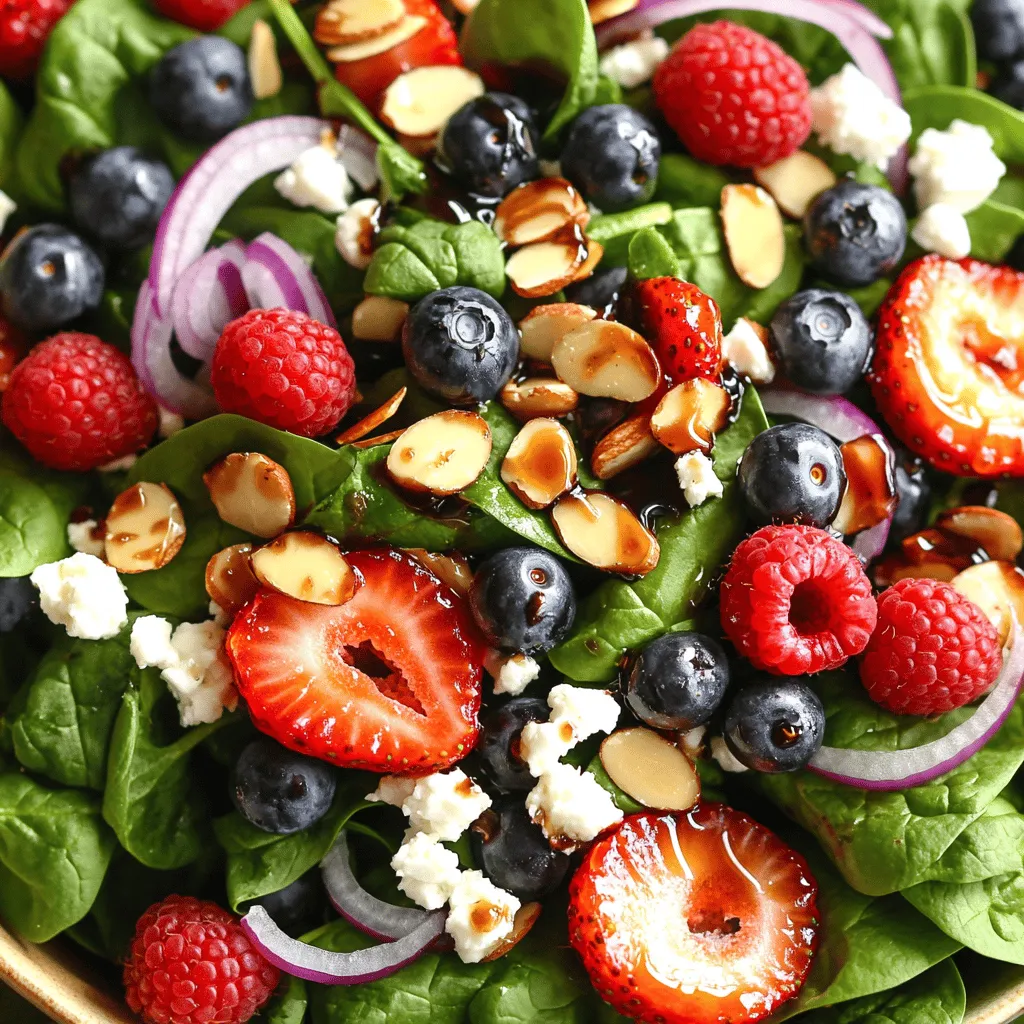 For the Summer Berry Spinach Salad, you will need: - 4 cups fresh spinach, washed and dried - 1 cup mixed berries (strawberries, blueberries, raspberries) - 1/2 cup feta cheese, crumbled - 1/4 cup sliced almonds or walnuts - 1/4 red onion, thinly sliced Fresh spinach is the base of this salad. It brings a crisp texture and bright color. Mixed berries add sweetness and a burst of flavor. Feta cheese gives a creamy touch, while nuts add crunch. Red onion contributes a mild bite. Together, these ingredients create a fresh and colorful dish. For the dressing, gather these ingredients: - 1 tablespoon honey - 2 tablespoons balsamic vinegar - 2 tablespoons olive oil This dressing balances sweetness and tang. Honey adds a light sweetness, while balsamic vinegar offers depth. Olive oil helps to blend the flavors and adds richness. Whisk these together for a simple yet tasty dressing. To finish the salad, you will need: - Salt and pepper to taste Salt and pepper are key for enhancing flavors. A pinch of salt can brighten the salad. Freshly cracked pepper adds a nice kick. Use these seasonings to taste, ensuring every bite is flavorful. This Summer Berry Spinach Salad is easy to make and delightful to eat. For the full recipe, check out the details. Start by washing and drying the spinach. Rinse it gently under cold water. Use a salad spinner to dry it well. This step ensures your salad stays crisp. Next, grab a large mixing bowl. Place the dried spinach into the bowl and set it aside. Now it’s time to add fresh produce. Rinse the mixed berries under cold water. If you have large strawberries, slice them into smaller pieces. Add the berries to your bowl with spinach. Next, thinly slice the red onion. Sprinkle the onion over the spinach and berries. This adds a nice crunch and flavor. For the dressing, take a small bowl. Whisk together honey, balsamic vinegar, and olive oil. Add salt and pepper to taste. This dressing balances sweetness and acidity. Taste it and adjust as needed. If you want more sweetness, add a bit more honey. Drizzle the dressing over the salad. Make sure to coat all the ingredients lightly. Use a large spoon to toss the salad gently. Be careful not to mash the berries. You want everything mixed well without squishing the fruit. Finally, sprinkle crumbled feta cheese and sliced almonds or walnuts on top. This adds creaminess and crunch. For the full recipe, follow the instructions above! When you shop for berries, choose what’s in season. Seasonal berries taste better and are often cheaper. For summer, look for strawberries, blueberries, and raspberries. These berries add great flavor to your salad. To tell if berries are ripe, check their color. Strawberries should be bright red. Blueberries must be deep blue with a slight bloom. Raspberries should be plump and firm, with no mushy spots. Smell them, too! Fresh berries have a sweet aroma. Spinach packs a lot of nutrients. It is low in calories but high in vitamins A and C. Eating spinach can help your skin and boost your immune system. Berries are also full of antioxidants. They help fight disease and keep your heart healthy. For protein, feta cheese adds a nice touch. You can also use nuts like almonds or walnuts. These not only provide protein but healthy fats, too. Together, they make the salad filling and nutritious. For a beautiful salad, serve it in a large shallow bowl. This allows the colors to shine. You can also use individual plates for a fancy look. Garnishing ideas include a sprinkle of extra feta or nuts on top. A few whole berries can make it pop with color. Drizzling a little extra dressing adds a nice finish. These simple touches will impress your guests. For the full recipe and more ideas, check out the [Full Recipe]. {{image_2}} If you want to make this salad vegan, swap the feta cheese for a plant-based cheese. Many brands offer tasty alternatives. You can also use avocado for creaminess. For a gluten-free option, check your balsamic vinegar. Most are gluten-free, but always read the label. This salad naturally fits into a gluten-free diet without any changes. I love using feta cheese in this salad. Its salty flavor pairs well with the sweet berries. Goat cheese is another great choice. It adds a tangy taste that complements the spinach. If you prefer plant-based choices, try cashew cheese or almond feta. Both options provide a rich flavor and creamy texture to your dish. You can mix in other fruits for added flavor. Think about including sliced peaches or juicy oranges. They add a nice sweetness and a pop of color. If you want more protein, grilled chicken is perfect. It makes the salad filling and hearty. Quinoa is another great add-in. It gives a nice crunch while boosting the nutrition. For the full recipe, check the details above. To store your leftover Summer Berry Spinach Salad, use a tight-sealing container. Glass or BPA-free plastic containers work well. Make sure the container is clean and dry before use. You want to keep the salad fresh and crisp. Store the salad in the fridge. Keep it away from strong-smelling foods like onions or garlic. This will help keep the salad's taste intact. Properly stored, your salad lasts about 2 to 3 days in the fridge. Look out for signs of spoilage. If the spinach wilts or the berries become mushy, it's time to toss it. A strange smell is also a clear sign that the salad is no longer good. You can get creative with leftover salad. Toss it into a wrap for a tasty lunch. Add leftover grilled chicken or fish for a hearty meal. You can also mix it into a grain bowl with quinoa or rice. This way, you reduce waste and enjoy new flavors! Yes, you can prep the salad ahead. I suggest preparing the spinach and berries first. Keep them separate from the dressing until you are ready to serve. This helps keep everything fresh and crisp. You can mix the salad a few hours in advance. Just store it in the fridge. I love using a mix of fresh berries. Strawberries, blueberries, and raspberries are my favorites. They all add a different flavor. You can even try blackberries if you like. Aim for ripe and juicy berries for the best taste. Yes, there are many great dressings for this salad. You could use a lemon vinaigrette for a fresh twist. A poppy seed dressing also pairs well with berries. If you want something creamy, a yogurt-based dressing could work too. Washing spinach is simple. Start by filling a bowl with cold water. Add the spinach and gently swish it around. This helps remove dirt. After rinsing, lift the spinach out and let it drain. You can also use a salad spinner to dry it well. This article covered how to make a fresh and tasty salad. We explored the best ingredients, like spinach, berries, cheese, and nuts. I shared simple steps to prepare and mix everything, along with tips for selecting great produce. Remember, you can switch ingredients to fit your diet or taste. Storing leftovers properly ensures your salad stays fresh. Enjoy creating your own variations and impressing friends and family. Eating healthy can be fun and delicious!