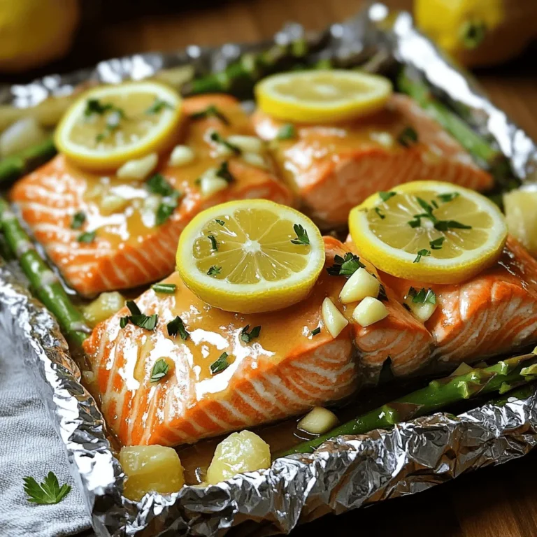 - 4 salmon fillets (about 6 oz each) - 4 tablespoons unsalted butter, melted - 4 cloves garlic, minced - 2 lemons (1 sliced into rounds, 1 juiced) - 1 teaspoon dried oregano The main ingredients for this dish are simple yet flavorful. Salmon fillets are the star. They are rich in omega-3 fatty acids and taste great. The unsalted butter adds creaminess, while garlic gives a punch of flavor. Lemons add freshness and brightness. Dried oregano rounds it out with a hint of earthiness. - 1 cup asparagus, trimmed and cut into 2-inch pieces (optional) - Fresh parsley, chopped (for garnish) - Salt and pepper Feel free to add asparagus for a veggie boost. It adds nice crunch and color. Fresh parsley makes a lovely garnish, giving your dish a pop of green. Don't forget salt and pepper to enhance the taste! - Aluminum foil - Baking sheet - Mixing bowl You will need basic tools to make this recipe easy. Aluminum foil helps with cooking and clean-up. A baking sheet supports the foil packs in the oven. A mixing bowl is great for blending your garlic butter mixture. For the full recipe, you can check [Full Recipe]. 1. Preheating the oven Start by preheating your oven to 400°F (200°C). This ensures your salmon cooks evenly. 2. Preparing aluminum foil Tear off 4 pieces of aluminum foil, each about 12 inches long. This will hold your salmon and veggies. 1. Mixing ingredients in a bowl In a small bowl, combine 4 tablespoons of melted butter, 4 minced garlic cloves, the juice of 1 lemon, and 1 teaspoon of dried oregano. Add salt and pepper to taste. Mix well to blend all the flavors. 2. Drizzling over salmon Take your garlic butter mixture and drizzle it generously over each salmon fillet. This adds rich flavor and moisture. 1. Arranging salmon and asparagus Place a salmon fillet in the center of each foil piece. If you’re using asparagus, divide it evenly around the salmon. This adds great crunch and nutrition. 2. Sealing the packets Fold the sides of the foil over the salmon and asparagus, sealing tightly to create a packet. Ensure no steam can escape during cooking. 1. Baking time and temperature Place the foil packets on a baking sheet. Bake in the preheated oven for 15-20 minutes. This allows the salmon to cook through. 2. Checking for doneness After baking, check if the salmon flakes easily with a fork. If it does, it’s ready to eat. Open the foil packs carefully, as steam will escape. This method makes for a simple and tasty meal. For the full recipe, don’t forget to check out the details! To get the best flavor, season your salmon well. Use salt and pepper generously. The garlic butter mixture adds great taste too. Mix it right before you cook. This keeps the flavors fresh. Letting salmon sit with the mixture for a few minutes helps absorb the flavors. Timing is key for perfect salmon. You want it flaky and moist. Cook for 15-20 minutes in a preheated oven. Check it at 15 minutes. If it flakes easily with a fork, it's ready. Overcooking can make it dry, so watch closely. Oven baking is the easiest way to cook foil packs. It gives even heat and cooks well. Just make sure to preheat your oven. You can also grill the foil packs for a smoky taste. Just place them on a medium grill for about the same time. Flip them halfway for even cooking. If you want another method, try cooking them on the stovetop. Place the foil packs in a large skillet with a lid. Cook on medium heat for about 15 minutes. Serve your garlic butter lemon salmon with a side of rice or quinoa. These add a nice base to soak up the flavors. You can also serve with a fresh salad for a light meal. For presentation, keep it simple. Open the foil packs carefully on plates. Garnish with chopped parsley for a pop of color. Slices of lemon on the side look great too. For the full recipe, check out the details above. {{image_2}} You can change the flavors in these foil packs easily. Try adding fresh herbs like thyme or dill for a new twist. You can also sprinkle in spices like paprika or chili powder for some heat. For a touch of sweetness, consider a drizzle of honey or maple syrup. Using different veggies can also add flavor. Try bell peppers, zucchini, or cherry tomatoes. These vegetables cook well with the salmon. Toss them in the garlic butter mix for extra taste. If you need gluten-free options, this recipe is already safe. All the main ingredients are gluten-free. Just make sure your butter is pure and check labels on any extras. Want a dairy-free version? You can swap the butter for olive oil or a dairy-free spread. The flavor will still shine through, and you'll keep it light. Not a fan of salmon? You can easily substitute it with other fish like trout or tilapia. These fish cook similarly and take on the garlic butter flavor well. You can also use chicken or pork if you prefer. Just make sure to adjust the cooking time. Chicken and pork need a longer time to cook through. Keep an eye on them to ensure they're done. For the full recipe, check out the complete guide on Garlic Butter Lemon Salmon Foil Packs. To keep your garlic butter lemon salmon foil packs fresh, refrigerate them right away. Place the foil packs in a shallow dish to catch any juices. Cover the dish with plastic wrap or a lid. This will keep the salmon moist for up to three days. Always let the packs cool before wrapping them. When you’re ready to enjoy your leftovers, reheating is simple. The best method is to use an oven. Preheat it to 350°F (175°C). Place the foil packs on a baking sheet and heat for about 10 minutes. You can also microwave the salmon. Use a microwave-safe dish and cover it. Heat it in 30-second bursts until warm. Make sure the salmon reaches 145°F (63°C) for safety. If you want to save salmon for later, freezing works well. Wrap each foil pack tightly in plastic wrap and then in aluminum foil. This helps prevent freezer burn. You can freeze them for up to three months. To thaw, move the packs to the fridge overnight. Once thawed, re-cook them in the oven at 350°F (175°C) until hot. This keeps the flavor and texture just right. Enjoy your garlic butter lemon salmon foil packs whenever you like! For the full recipe, check [Full Recipe]. Yes, you can use frozen salmon. Just make sure to thaw it first. Place it in the fridge overnight. If you’re short on time, you can also run it under cold water for about 30 minutes. Thawed salmon cooks more evenly. This will help you get that perfect flake when done. Salmon is done when it flakes easily with a fork. It should look opaque and firm. You can also use a food thermometer. Aim for an internal temp of 145°F (63°C). If you see white juice, called albumin, it’s a good sign it’s cooking well. Don’t worry; this is normal! Absolutely! Grilling adds a fun smoky flavor. Preheat your grill to medium heat. Place the foil packs directly on the grill grates. Cook for about 15-20 minutes, just like in the oven. Keep an eye on them to avoid burning. Enjoy that delicious taste! For the full recipe, check the earlier section. Garlic butter lemon salmon foil packs are simple and tasty. We explored key ingredients like salmon, butter, and garlic. You learned how to prepare, cook, and even store leftovers. This dish is flexible, allowing you to swap in new flavors or proteins. Try grilling for a different taste. Remember, cooking should be fun and creative! Enjoy making your delicious meals with confidence.