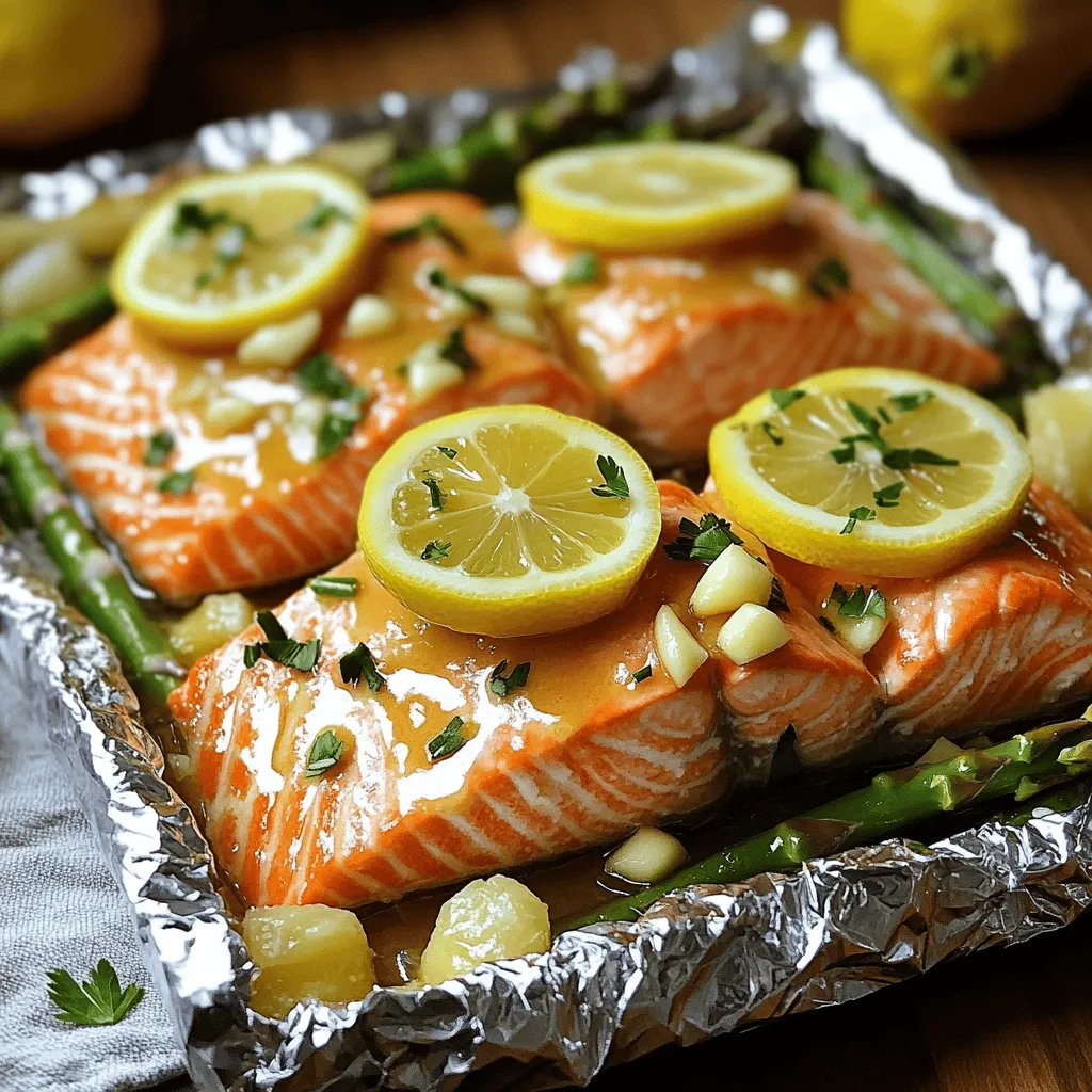- 4 salmon fillets (about 6 oz each) - 4 tablespoons unsalted butter, melted - 4 cloves garlic, minced - 2 lemons (1 sliced into rounds, 1 juiced) - 1 teaspoon dried oregano The main ingredients for this dish are simple yet flavorful. Salmon fillets are the star. They are rich in omega-3 fatty acids and taste great. The unsalted butter adds creaminess, while garlic gives a punch of flavor. Lemons add freshness and brightness. Dried oregano rounds it out with a hint of earthiness. - 1 cup asparagus, trimmed and cut into 2-inch pieces (optional) - Fresh parsley, chopped (for garnish) - Salt and pepper Feel free to add asparagus for a veggie boost. It adds nice crunch and color. Fresh parsley makes a lovely garnish, giving your dish a pop of green. Don't forget salt and pepper to enhance the taste! - Aluminum foil - Baking sheet - Mixing bowl You will need basic tools to make this recipe easy. Aluminum foil helps with cooking and clean-up. A baking sheet supports the foil packs in the oven. A mixing bowl is great for blending your garlic butter mixture. For the full recipe, you can check [Full Recipe]. 1. Preheating the oven Start by preheating your oven to 400°F (200°C). This ensures your salmon cooks evenly. 2. Preparing aluminum foil Tear off 4 pieces of aluminum foil, each about 12 inches long. This will hold your salmon and veggies. 1. Mixing ingredients in a bowl In a small bowl, combine 4 tablespoons of melted butter, 4 minced garlic cloves, the juice of 1 lemon, and 1 teaspoon of dried oregano. Add salt and pepper to taste. Mix well to blend all the flavors. 2. Drizzling over salmon Take your garlic butter mixture and drizzle it generously over each salmon fillet. This adds rich flavor and moisture. 1. Arranging salmon and asparagus Place a salmon fillet in the center of each foil piece. If you’re using asparagus, divide it evenly around the salmon. This adds great crunch and nutrition. 2. Sealing the packets Fold the sides of the foil over the salmon and asparagus, sealing tightly to create a packet. Ensure no steam can escape during cooking. 1. Baking time and temperature Place the foil packets on a baking sheet. Bake in the preheated oven for 15-20 minutes. This allows the salmon to cook through. 2. Checking for doneness After baking, check if the salmon flakes easily with a fork. If it does, it’s ready to eat. Open the foil packs carefully, as steam will escape. This method makes for a simple and tasty meal. For the full recipe, don’t forget to check out the details! To get the best flavor, season your salmon well. Use salt and pepper generously. The garlic butter mixture adds great taste too. Mix it right before you cook. This keeps the flavors fresh. Letting salmon sit with the mixture for a few minutes helps absorb the flavors. Timing is key for perfect salmon. You want it flaky and moist. Cook for 15-20 minutes in a preheated oven. Check it at 15 minutes. If it flakes easily with a fork, it's ready. Overcooking can make it dry, so watch closely. Oven baking is the easiest way to cook foil packs. It gives even heat and cooks well. Just make sure to preheat your oven. You can also grill the foil packs for a smoky taste. Just place them on a medium grill for about the same time. Flip them halfway for even cooking. If you want another method, try cooking them on the stovetop. Place the foil packs in a large skillet with a lid. Cook on medium heat for about 15 minutes. Serve your garlic butter lemon salmon with a side of rice or quinoa. These add a nice base to soak up the flavors. You can also serve with a fresh salad for a light meal. For presentation, keep it simple. Open the foil packs carefully on plates. Garnish with chopped parsley for a pop of color. Slices of lemon on the side look great too. For the full recipe, check out the details above. {{image_2}} You can change the flavors in these foil packs easily. Try adding fresh herbs like thyme or dill for a new twist. You can also sprinkle in spices like paprika or chili powder for some heat. For a touch of sweetness, consider a drizzle of honey or maple syrup. Using different veggies can also add flavor. Try bell peppers, zucchini, or cherry tomatoes. These vegetables cook well with the salmon. Toss them in the garlic butter mix for extra taste. If you need gluten-free options, this recipe is already safe. All the main ingredients are gluten-free. Just make sure your butter is pure and check labels on any extras. Want a dairy-free version? You can swap the butter for olive oil or a dairy-free spread. The flavor will still shine through, and you'll keep it light. Not a fan of salmon? You can easily substitute it with other fish like trout or tilapia. These fish cook similarly and take on the garlic butter flavor well. You can also use chicken or pork if you prefer. Just make sure to adjust the cooking time. Chicken and pork need a longer time to cook through. Keep an eye on them to ensure they're done. For the full recipe, check out the complete guide on Garlic Butter Lemon Salmon Foil Packs. To keep your garlic butter lemon salmon foil packs fresh, refrigerate them right away. Place the foil packs in a shallow dish to catch any juices. Cover the dish with plastic wrap or a lid. This will keep the salmon moist for up to three days. Always let the packs cool before wrapping them. When you’re ready to enjoy your leftovers, reheating is simple. The best method is to use an oven. Preheat it to 350°F (175°C). Place the foil packs on a baking sheet and heat for about 10 minutes. You can also microwave the salmon. Use a microwave-safe dish and cover it. Heat it in 30-second bursts until warm. Make sure the salmon reaches 145°F (63°C) for safety. If you want to save salmon for later, freezing works well. Wrap each foil pack tightly in plastic wrap and then in aluminum foil. This helps prevent freezer burn. You can freeze them for up to three months. To thaw, move the packs to the fridge overnight. Once thawed, re-cook them in the oven at 350°F (175°C) until hot. This keeps the flavor and texture just right. Enjoy your garlic butter lemon salmon foil packs whenever you like! For the full recipe, check [Full Recipe]. Yes, you can use frozen salmon. Just make sure to thaw it first. Place it in the fridge overnight. If you’re short on time, you can also run it under cold water for about 30 minutes. Thawed salmon cooks more evenly. This will help you get that perfect flake when done. Salmon is done when it flakes easily with a fork. It should look opaque and firm. You can also use a food thermometer. Aim for an internal temp of 145°F (63°C). If you see white juice, called albumin, it’s a good sign it’s cooking well. Don’t worry; this is normal! Absolutely! Grilling adds a fun smoky flavor. Preheat your grill to medium heat. Place the foil packs directly on the grill grates. Cook for about 15-20 minutes, just like in the oven. Keep an eye on them to avoid burning. Enjoy that delicious taste! For the full recipe, check the earlier section. Garlic butter lemon salmon foil packs are simple and tasty. We explored key ingredients like salmon, butter, and garlic. You learned how to prepare, cook, and even store leftovers. This dish is flexible, allowing you to swap in new flavors or proteins. Try grilling for a different taste. Remember, cooking should be fun and creative! Enjoy making your delicious meals with confidence.