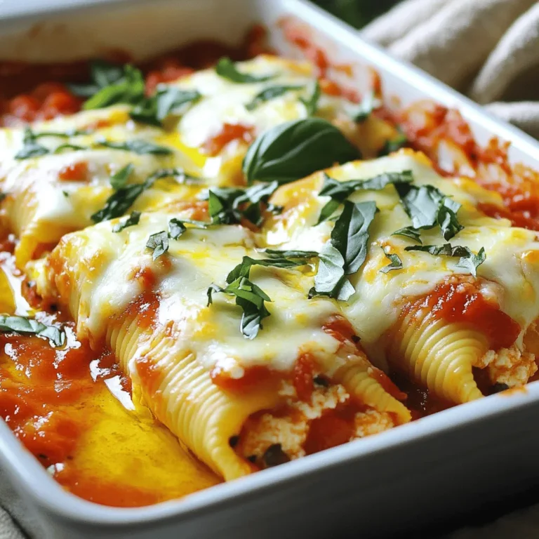 - 12 manicotti shells - 1 cup ricotta cheese - 1 cup mozzarella cheese, shredded - ½ cup parmesan cheese, grated - 2 cups marinara sauce (homemade or store-bought) - 1 egg, beaten - 1 tablespoon fresh basil, chopped (or 1 teaspoon dried) - 1 teaspoon garlic powder - Salt and pepper to taste - Olive oil for drizzling - Fresh basil or parsley for garnish In this recipe, I use three cheeses to create a rich filling. Ricotta, mozzarella, and parmesan blend perfectly. Each cheese adds a unique taste and creaminess that makes every bite delightful. If you're out of mozzarella, try provolone or gouda. These cheeses can give a nice twist. For gluten-free options, look for special manicotti shells made from rice or corn. You can also make your own marinara sauce. Just cook tomatoes, garlic, and herbs together for a fresh flavor. Choosing high-quality cheeses is vital. Fresh cheeses melt better and taste richer. For herbs, fresh basil offers more flavor than dried. If you decide to use store-bought marinara, check for natural ingredients. Homemade sauce can really elevate your dish and make it stand out. - Preheat your oven to 375°F (190°C). - Cook the manicotti shells according to the package. Make sure they are al dente. Drain them and set aside to cool. This helps avoid tearing. - In a bowl, mix ricotta cheese, ¾ cup mozzarella, half of the parmesan, a beaten egg, chopped basil, garlic powder, salt, and pepper. Stir until smooth. - Use a piping bag or spoon to gently stuff each manicotti shell with your cheese mix. Be careful not to overfill. - In a 9x13 inch baking dish, spread a thin layer of marinara sauce on the bottom. Arrange the stuffed shells in a single layer on top. - Pour the remaining marinara sauce over the manicotti. Sprinkle the rest of the mozzarella and parmesan cheese on top. - Drizzle a little olive oil over the dish. This adds flavor and helps prevent sticking. - Cover the baking dish with aluminum foil. Bake for 25 minutes. After that, remove the foil and bake for an extra 15 minutes, until the cheese is bubbly and golden brown. - Let the manicotti cool for about 5 minutes before serving. - Garnish with fresh basil or parsley for a bright look. - Serve with a crisp salad or garlic bread for a complete meal. Present it on a nice plate to impress your guests. - How to avoid tearing the shells: Cook the manicotti shells just until al dente. This keeps them firm. Handle them gently during filling. A little patience goes a long way! - Managing cheese filling consistency: Mix the filling until smooth. If it is too thick, add a splash of water or extra egg. This helps with stuffing. - Storing leftover sauce properly: Keep leftover sauce in an airtight container. Store it in the fridge for up to a week. You can also freeze it for longer storage. - Overcooking the shells: Keep an eye on the cooking time. Overcooked shells can break easily. Aim for a tender but firm texture. - Skipping the resting time after baking: Let your manicotti rest for at least five minutes after baking. This helps the flavors settle and makes serving easier. - Not seasoning the filling adequately: Don’t skip the salt and pepper. Taste your filling before stuffing the shells. Adjust as needed for a balanced flavor. - Adding spices to the filling: Consider adding dried oregano or red pepper flakes to the filling. This gives an extra kick to each bite. - Using different types of cheeses: Try mixing in goat cheese or feta for more depth. Each cheese adds its own unique flavor. - Baking covered vs. uncovered: Baking covered keeps the dish moist. Remove the cover for the last few minutes to crisp the cheese on top. {{image_2}} You can find many tasty Italian twists on manicotti. One classic is spinach and ricotta manicotti. The spinach adds color and flavor, making it vibrant and healthy. You can also try meat-filled options. Ground beef or sausage gives a hearty taste. For a Mediterranean touch, add sun-dried tomatoes or olives. These ingredients bring new flavors to your dish. If you're vegan, you can still enjoy this dish. Use plant-based cheeses and skip the egg. You can also make low-carb options. Zucchini or eggplant can replace the pasta shells. For those needing gluten-free meals, look for gluten-free manicotti shells. Many brands offer these, so you can still enjoy this meal. Southern Italian recipes often focus on fresh, local ingredients. You might see a lot of veggies and herbs in these dishes. Americanized twists usually add more cheese and sauce, making it richer. In some regions, cooks incorporate local flavors. Try adding local veggies or spices to make the dish your own. For the full recipe, check the details above. To store uncooked manicotti, place the shells in an airtight container. Keep them in the fridge for up to two days. If you want to store leftovers, let them cool first. Then, cover the dish tightly with plastic wrap before placing it in the fridge. You can keep leftovers for about three days. For long-term storage, freeze the stuffed manicotti. Use a freezer-safe dish and wrap it well in foil. It can last up to three months in the freezer. The best way to reheat manicotti is in the oven. Preheat it to 350°F (175°C). Place the manicotti in an oven-safe dish and cover it with foil. Heat for about 20 minutes. If you want to keep the cheese creamy, avoid the microwave. Microwaving can change the texture of the cheese. To prevent drying out, add a splash of marinara sauce before reheating. In the fridge, manicotti lasts for around 3 to 4 days. Check for any off-smells or mold before eating. If you freeze it, use it within three months for the best taste. Signs of spoilage include a sour smell or a change in texture. When stored properly, you can enjoy your delicious manicotti without worry. To make Three Cheese Manicotti from scratch, you start with the sauce and filling. For the sauce, use a mix of tomatoes, garlic, and herbs. You can even add a pinch of sugar to balance the flavors. For the filling, combine ricotta, mozzarella, and parmesan. Mix in an egg for binding. Don't forget to season with salt, pepper, and fresh herbs. Stuff the manicotti shells carefully, then layer them in a baking dish with sauce. Bake until bubbly and golden. Yes, you can prepare manicotti ahead of time. First, cook the shells and let them cool. Fill them with the cheese mixture. Then, place them in a baking dish and cover with sauce. You can store this dish in the fridge for up to 24 hours. When you're ready, just pop it in the oven. Increase the baking time slightly to ensure it heats through. Manicotti pairs well with many side dishes. A simple green salad with a light vinaigrette is great. Garlic bread adds a nice crunch and flavor. You might also enjoy steamed vegetables or a fresh Caprese salad. Each of these sides complements the rich flavors of the manicotti. Yes, Three Cheese Manicotti is great for freezing. To freeze, assemble the dish without baking it. Wrap the baking dish tightly in plastic wrap, then in foil. Label it with the date. When ready to eat, thaw it in the fridge overnight. Then bake it straight from the fridge, adding a few extra minutes to the bake time. To find the best Three Cheese Manicotti, check local Italian restaurants. Look for places with good reviews. Some grocery stores also sell fresh or frozen manicotti. Ask your friends for recommendations, too. You might be surprised at what you discover in your area. Three Cheese Manicotti typically has about 400-500 calories per serving. This can vary based on the amount of cheese and sauce used. To manage your intake, consider serving it with a side salad. This can help fill you up while keeping the meal balanced. Manicotti is a simple yet tasty dish made from easy ingredients. We covered how to choose quality items, prepare the dish, and avoid common mistakes. You can customize your manicotti to fit dietary needs or personal tastes. With proper storage, you can enjoy it later. Remember, practice makes perfect. Each time you make it, you’ll learn something new. Enjoy your cooking journey and delight in sharing this delicious dish with others.