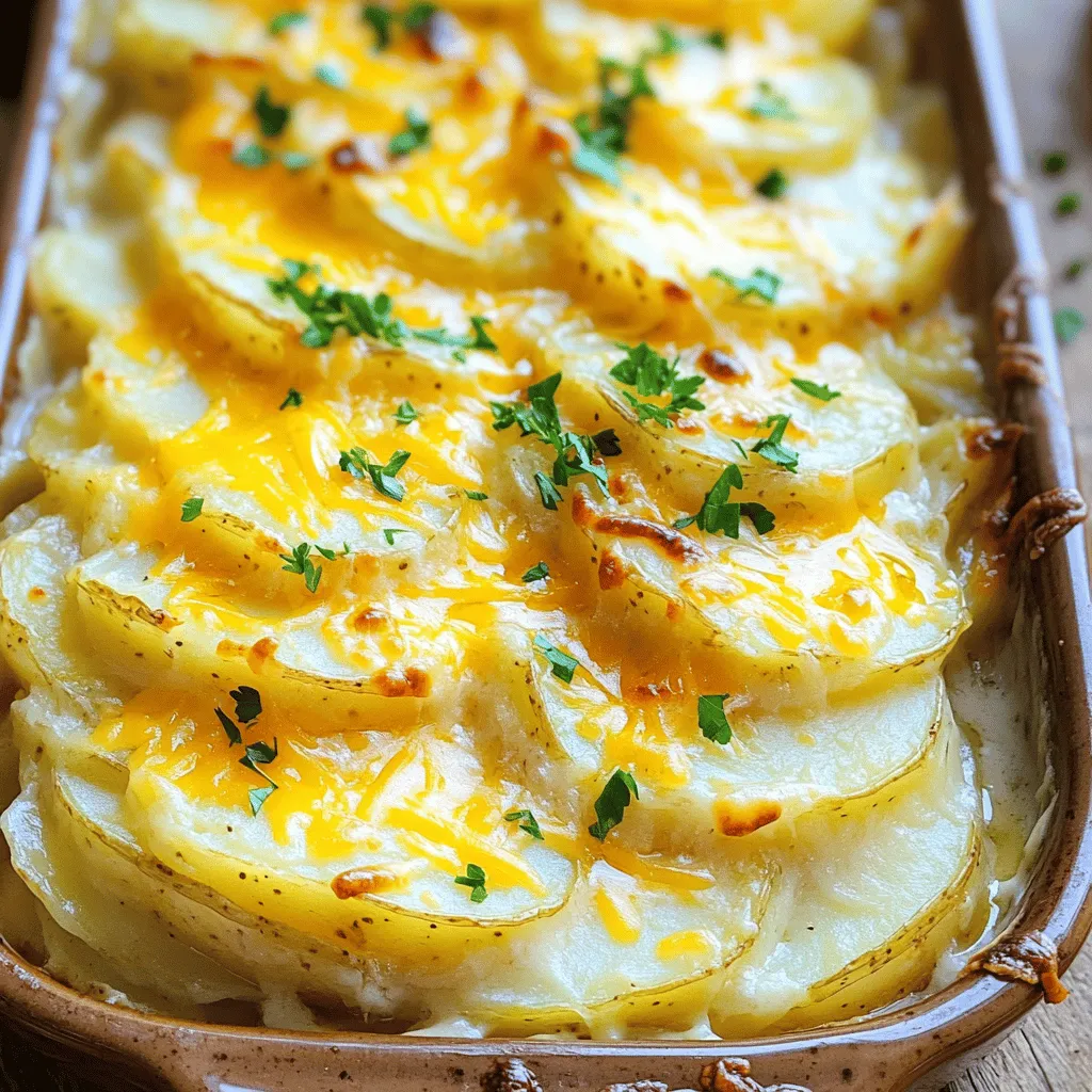 To make cheesy scalloped potatoes, you need just a few simple ingredients. Here’s what you’ll need: - 4 large russet potatoes, peeled and thinly sliced - 1 cup sharp cheddar cheese, grated - 1 cup Gruyère cheese, grated - 1 medium onion, finely chopped - 2 cloves garlic, minced - 2 cups heavy cream - 1 tablespoon butter - 1 teaspoon salt - 1/2 teaspoon black pepper - 1/4 teaspoon nutmeg - Fresh parsley, chopped (for garnish) Each ingredient plays a key role in creating that creamy, cheesy goodness. The potatoes provide the base, while the cheeses add flavor and richness. Choosing the right cheese is important. I love using sharp cheddar for its bold flavor. Gruyère brings a nice creaminess and a nutty taste. You can mix these cheeses or use others you like. Just remember, a good melt is what you want. While the basic recipe is tasty, you can add a few seasonings. Consider these: - Fresh thyme for a herbal note - Smoked paprika for a hint of smokiness - Red pepper flakes for some heat These add-ons can elevate your dish. You can adjust them based on your taste. For a full experience, follow the Full Recipe to bring these flavors together perfectly! First, gather all your ingredients. You need four large russet potatoes, sharp cheddar cheese, Gruyère cheese, an onion, garlic, heavy cream, butter, salt, black pepper, nutmeg, and fresh parsley. Peel and thinly slice the potatoes. I often use a mandoline for even slices. Finely chop the onion and mince the garlic. Next, melt one tablespoon of butter in a medium saucepan over medium heat. Add the chopped onion and minced garlic. Sauté until they turn soft and clear, about four to five minutes. This step adds great flavor. Pour in the two cups of heavy cream and mix in the salt, pepper, and nutmeg. Heat until it simmers, but do not boil. Remove from heat. Now, grease a 9x13 inch baking dish. Start by layering half of the sliced potatoes on the bottom. Spread them out evenly. Next, pour half of the cream mixture over the potatoes. Then, sprinkle half of the grated cheddar and Gruyère cheese on top. Do this carefully to cover all the potatoes. Repeat the process with the remaining ingredients. Layer the rest of the potatoes, followed by the cream mixture, and finish with the remaining cheese. This layering gives the dish its rich flavor and texture. Cover the baking dish with aluminum foil. Bake in the preheated oven at 375°F (190°C) for 45 minutes. This helps the potatoes cook through. After 45 minutes, carefully remove the foil. Bake uncovered for an additional 25 to 30 minutes. The top should turn golden brown, and the dish will bubble up. Let the scalloped potatoes cool for about ten minutes before serving. This cooling time helps the layers set. Garnish with fresh parsley for a pop of color. Enjoy this cheesy delight! To get the best creamy texture, use heavy cream. It gives a rich taste. Heat the cream slowly with salt and spices. This helps the flavors mix well. Avoid boiling the cream; just let it simmer. Layer the potatoes and cream mixture evenly in the dish. This allows every bite to be creamy and delicious. To achieve a golden, bubbly cheese top, remove the foil halfway through baking. This lets the heat reach the cheese directly. If you want an extra crispy top, add a bit more cheese before the last baking phase. Broil the dish for a few minutes at the end if you want even more browning. Just watch it closely to avoid burning. One common mistake is cutting the potatoes too thick. Thin slices cook evenly and absorb the cream better. Another mistake is skipping the onion and garlic. These add depth and flavor. Also, don’t rush the baking time. Ensure potatoes are tender before serving. Following the Full Recipe will keep you on track for success. {{image_2}} You can make cheesy scalloped potatoes vegetarian. Simply skip any meat or meat-based broths. Focus on using rich, creamy ingredients like heavy cream and cheese. Add layers of fresh vegetables, too. Spinach, mushrooms, or zucchini give great flavor and texture. They blend well with the potatoes and cheese, making each bite delightful. Cheese is key in this dish. You can play with different cheese blends. Try mozzarella for a gooey texture. Feta adds a nice tang, while gouda gives a smoky flavor. Mix and match your favorites to create a unique taste. Aim for a mix of sharp and creamy cheeses to balance the flavors. Want to make this dish heartier? Add proteins like cooked bacon or ham. Both add savory notes that complement the cheese. You can also sneak in some vegetables. Broccoli or asparagus works well. Simply chop them small and layer them with the potatoes. This not only enhances flavor but also boosts nutrition. For more detailed steps on making these variations, check out the Full Recipe. After you make your cheesy scalloped potatoes, let them cool first. This helps keep them fresh. Store the leftovers in an airtight container. They can stay good in the fridge for about three to four days. If you want to keep them longer, freezing is a great option. You can freeze cheesy scalloped potatoes for up to three months. To do this, make sure they cool completely. Cut them into portions. Wrap each piece tightly with plastic wrap. Then, place them in a freezer-safe bag. Label the bag with the date. This way, you’ll know when to use them. To reheat, take the potatoes out of the fridge or freezer. If frozen, let them thaw overnight in the fridge. Preheat your oven to 350°F (175°C). Place the leftovers in a baking dish. Cover with foil to keep them moist. Bake for about 20 to 30 minutes, or until hot. You can also microwave them, but the oven gives a better texture. Enjoy your cheesy scalloped potatoes just like the first time! For the full recipe, check out the [Full Recipe]. You can make cheesy scalloped potatoes a day before. Prepare the dish fully, then cover it with plastic wrap. Store it in the fridge overnight. When you are ready to bake, remove the wrap and let it sit at room temperature for 30 minutes. Then, bake as instructed in the Full Recipe. This method helps the flavors blend and saves time. Yes, you can use different potatoes. While I prefer russet potatoes for their creaminess, Yukon gold potatoes work well too. They add a nice buttery flavor. Just remember to slice them thinly for even cooking. Avoid waxy potatoes, as they may not soften well in the oven. Cheesy scalloped potatoes pair nicely with many dishes. They complement roast chicken, beef, or pork perfectly. You can also serve them with a fresh salad for a balanced meal. For a special touch, add some steamed green beans or sautéed spinach on the side. These options create a colorful plate and elevate your dining experience. You now know how to make cheesy scalloped potatoes from scratch. We covered essential ingredients, baking steps, and tips to avoid mistakes. Experiment with different cheeses and veggies for your own twist. Remember to store leftovers properly to enjoy later. Use these insights to impress your friends and family at your next meal. Happy cooking; I can’t wait for you to try this dish!