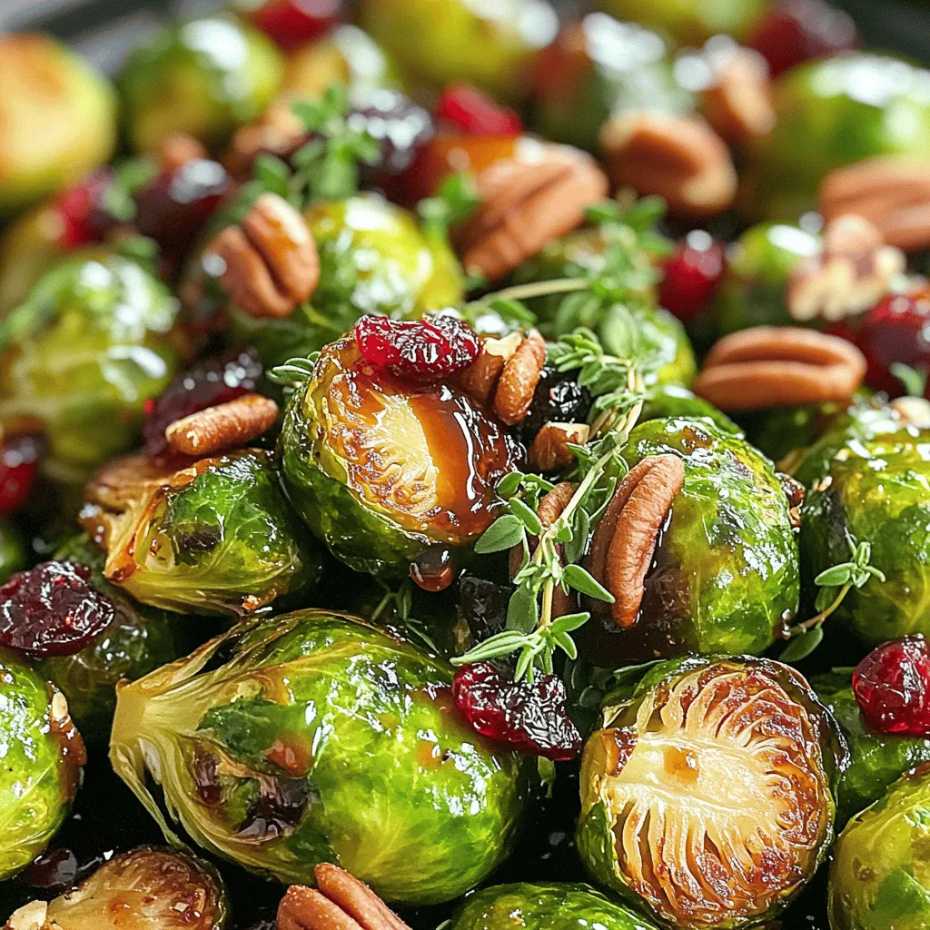 - 1 pound Brussels sprouts, trimmed and halved - 3 tablespoons olive oil - 1/4 cup pure maple syrup - 2 tablespoons balsamic vinegar - 1 teaspoon Dijon mustard - 1/2 teaspoon sea salt - 1/4 teaspoon freshly ground black pepper - 1/4 cup pecans, roughly chopped - 1/4 cup dried cranberries - Fresh thyme leaves for garnish (optional) When I make Maple Glazed Brussels Sprouts, I focus on fresh, high-quality ingredients. The main ingredients are simple yet powerful. I love using one pound of Brussels sprouts. Trim them carefully and cut them in half. This keeps them tender and allows for even cooking. The olive oil adds richness and helps the sprouts brown nicely. Maple syrup is the star of this dish. I always choose pure maple syrup. It adds sweetness and a unique flavor. The balsamic vinegar and Dijon mustard balance the sweetness. The sea salt enhances all the flavors without overpowering them. For garnishes, I often sprinkle freshly ground black pepper over the finished dish. Chopped pecans add crunch and nuttiness. Dried cranberries bring sweetness and a pop of color. If you want a fresh touch, add thyme leaves. These small details make the dish special. For the full recipe, check out the detailed cooking instructions. You will enjoy every bite! - Preheat your oven to 400°F (200°C). - In a large bowl, toss the Brussels sprouts with olive oil, salt, and pepper. This step coats them well and adds flavor. - Spread the Brussels sprouts in a single layer on a baking sheet. Make sure they are cut side down for even cooking. - Roast them for 20-25 minutes, until they are crispy and golden brown. You want them tender inside and crunchy outside. - In a small saucepan, whisk together maple syrup, balsamic vinegar, and Dijon mustard. - Heat this mixture over medium heat until well mixed. The glaze should be warm and smooth before you drizzle it on the sprouts. - After roasting, return the glazed Brussels sprouts to the oven for 5 more minutes. This helps the glaze caramelize. - When done, sprinkle with pecans and dried cranberries. If you like, garnish with fresh thyme leaves for a pop of color. For the complete recipe, check out [Full Recipe]. To make your maple glaze shine, use real maple syrup. It gives the best flavor. Store-bought syrups often lack depth. Keep an eye on the Brussels sprouts while roasting. They can burn quickly if you don't watch closely. You can change up the taste by adding nuts or dried fruits. Pecans add crunch, while cranberries add sweetness. Try adding a dash of cayenne or chili flakes if you like heat. This small change can make a big difference. If you have leftovers, store them in an airtight container. They will stay fresh for up to three days. When you want to eat them again, reheat in the oven. This helps keep their crispy texture. Enjoy your tasty dish again! For the full recipe, check out the Maple Glazed Brussels Sprouts recipe. {{image_2}} To make this dish vegan, you can replace butter with more olive oil. This keeps the flavor rich while sticking to plant-based options. Make sure all your ingredients are vegan-friendly. That way, everyone can enjoy this tasty treat. Maple glazed Brussels sprouts shine when you pair them with protein. Think grilled chicken or fish for a hearty meal. You can also serve these sprouts with quinoa or rice. This makes for a balanced and filling dinner. To add a fun twist, switch out dried cranberries for seasonal fruits. Roasted apples or pears make great substitutes. They bring extra sweetness and a lovely taste. This variation keeps your dish fresh and exciting with each season. To keep your maple glazed Brussels sprouts fresh, store them in an airtight container in the refrigerator. This helps retain their flavor and texture. They will stay good for up to three days. If you want to freeze them, start by laying the Brussels sprouts out on a baking sheet. Make sure they are not touching. Freeze them until solid, which usually takes about two hours. Once frozen, transfer them to a freezer-safe container. This method prevents them from sticking together. When you’re ready to enjoy your leftovers, reheat them to bring back that great crispiness. You can use the oven or a skillet. For the oven, set it to 375°F (190°C) and warm them for about 10-15 minutes. In a skillet, sauté them over medium heat until heated through. This keeps them tasty and crunchy. Enjoy your maple glazed Brussels sprouts again! For the full recipe, check out the details above. You can use honey or agave syrup. Both add sweetness. They work well in this recipe. Each gives a unique taste. Try them to find your favorite flavor. Yes, you can make this dish ahead. Just prepare the Brussels sprouts and glaze. Store them in the fridge. Reheat them before serving for the best taste. To reduce bitterness, blanch the Brussels sprouts first. Boil them in water for a few minutes. This softens their flavor. Pairing them with sweet ingredients, like maple syrup, also helps. These sprouts taste great with roasted meats. They also fit well in a vegetarian meal. Include them in a holiday feast or a cozy dinner. They bring a sweet and savory touch. This dish combines the tasty Brussels sprouts with a sweet maple glaze. You learned how to prepare and roast the sprouts perfectly. We also discussed fun variations and tips for enhancing flavor. In the end, Maple Glazed Brussels Sprouts can bring joy to any meal. Try them with your favorite proteins or grains. Enjoy the delicious mix of sweet and savory!