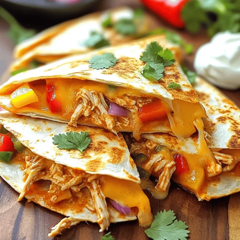 To make spicy chipotle chicken quesadillas, gather these ingredients: - 2 cups cooked chicken, shredded - 1 tablespoon chipotle pepper in adobo sauce, minced - 1 cup shredded Monterey Jack cheese - 1 cup shredded cheddar cheese - 1/2 cup bell peppers, thinly sliced - 1/4 cup red onion, finely chopped - 4 large flour tortillas - 2 tablespoons olive oil - 1 teaspoon garlic powder - 1 teaspoon cumin - Salt and pepper, to taste - Optional toppings: Sour cream and fresh cilantro These simple ingredients come together to create a tasty treat. The cooked chicken brings a nice base, while the chipotle pepper adds spice. The blend of cheeses gives a creamy texture. Bell peppers and red onion add crunch and sweetness. You can adjust the spice level with more or less chipotle. Don't forget the olive oil; it helps achieve a crispy quesadilla. For a complete guide, check out the Full Recipe to see how to use these ingredients effectively. To start, I take a large bowl and combine the shredded chicken with a tablespoon of minced chipotle pepper. I add garlic powder, cumin, salt, and pepper. I mix everything well. This step coats the chicken in the spicy chipotle blend. It gives the chicken a bold flavor that excites the taste buds. Next, I heat two tablespoons of olive oil in a large skillet over medium heat. I toss in thinly sliced bell peppers and finely chopped red onion. I sauté the veggies until they are soft, about 3 to 4 minutes. The smell fills the kitchen and adds extra flavor to the quesadillas. Now, I grab a tortilla and place it in the same skillet. I sprinkle half of it with a mix of Monterey Jack and cheddar cheese. Then, I spread half of the spicy chicken mixture over the cheese. I add the sautéed veggies on top and finish with more cheese. This layering creates a tasty filling. I fold the tortilla in half and cook it for about 3 to 4 minutes on each side. I look for a golden brown color and melted cheese. The crispy tortilla gives a nice crunch. I repeat this process with the other tortillas and fillings until I have a stack of golden quesadillas. Once cooked, I take the quesadillas out of the skillet and let them rest for a minute. I cut them into wedges, making them easy to grab. I serve them warm with dollops of sour cream and fresh cilantro on top. This adds a creamy, fresh touch that pairs perfectly with the spicy flavors. - Ensure your skillet is hot to get a crispy tortilla. - Avoid overfilling your quesadilla to prevent spills. Getting the temperature right is key. A hot skillet ensures the tortilla crisps up nicely. If your skillet is too cool, the tortilla may turn soggy. You want that golden color and crunch. When filling your quesadilla, remember less is more. Too much filling can make it hard to flip. It can also lead to mess as the filling spills out. Stick to a good balance for the best results. - Add jalapeños for extra heat. - Mix in other vegetables like mushrooms or spinach. If you like heat, try adding sliced jalapeños. They bring a fresh kick that pairs well with chipotle. You can also adjust the amount based on your spice level. Want more veggies? Toss in mushrooms or spinach. They add flavor and nutrients. Plus, they mix well with chicken and cheese. You can customize this dish to fit your taste. {{image_2}} You can change the protein in your quesadillas. If you want steak, use thin slices and season them well. Shrimp is another great choice. Just sauté them until they turn pink and tender. For a meat-free option, black beans work wonders. They add fiber and protein while keeping things hearty. Switching up the cheese can give you a new taste. Pepper jack cheese adds a spicy kick that pairs well with the chipotle flavor. If you're vegan or lactose intolerant, try a vegan cheese option. Many brands melt well and taste great in quesadillas. The type of tortilla can also change your dish. Whole wheat tortillas are a healthier option, packed with fiber. Corn tortillas have a nice, earthy flavor and are gluten-free. If you need a gluten-free option, check for gluten-free tortillas at your store. Each option adds a unique twist to your spicy chipotle chicken quesadillas. For the complete recipe, check out the Full Recipe section. Store leftovers in an airtight container for up to 3 days. Keeping them sealed helps maintain freshness. If you want to enjoy them later, make sure they cool down before sealing. Reheat them in a skillet or microwave when you're ready to eat. This way, you keep the flavors intact. To freeze quesadillas, let them cool completely. Place them in a single layer on a baking sheet. Freeze for about 1-2 hours until firm. Then, wrap each quesadilla in plastic wrap and place them in a freezer bag. They can stay frozen for up to 2 months. When you want to enjoy them, simply reheat in a skillet over medium heat for about 5-7 minutes, flipping halfway through until hot. You can also use the microwave, but the skillet gives a better texture. Enjoy your spicy chipotle chicken quesadillas anytime! To make your quesadillas crispy, use a hot skillet. Heat your skillet on medium-high heat before adding oil. Use just enough oil to coat the pan. Avoid overfilling the quesadillas. This helps keep the edges sealed. Press down lightly on the quesadilla while it cooks. Flip carefully to get both sides golden brown. Yes, you can use raw chicken. Start by cooking the chicken fully before adding it to the quesadilla. Cut the chicken into small pieces. Sauté the pieces in the skillet until they are no longer pink. Once cooked, mix with the chipotle and spices. This method ensures safe eating and adds flavor. Several sides work well with spicy chipotle chicken quesadillas. Consider serving a fresh salad. A simple green salad adds crunch and freshness. Guacamole is another great option. It balances the spice with creaminess. You can also serve salsa for an extra kick. Try the full recipe for Spicy Chipotle Chicken Quesadillas to make this tasty dish at home. You’ve learned how to make tasty Spicy Chipotle Chicken Quesadillas. We gathered key ingredients and steps to guide you. The tips on cooking and flavor add fun twists. Don't shy away from trying different fillings or tortillas. Remember, leftovers can be stored and enjoyed later. I hope you feel ready to make this dish at home. Enjoy every bite and share with friends. Your kitchen adventure starts now!