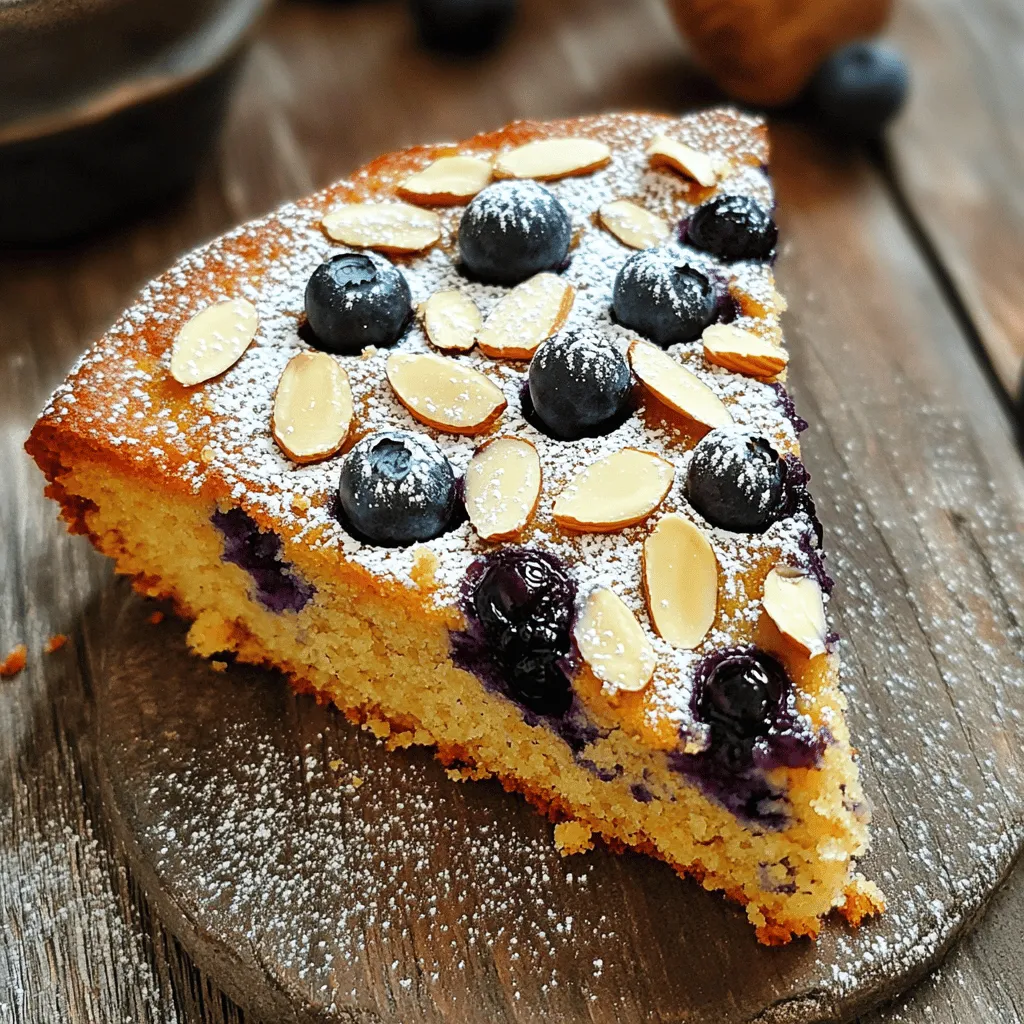 - 1 cup almond flour - 1 cup all-purpose flour - 1 teaspoon baking powder - ½ teaspoon baking soda - ½ teaspoon salt - ¾ cup granulated sugar - ½ cup unsalted butter, softened - 2 large eggs - 1 teaspoon vanilla extract - ¾ cup buttermilk (or regular milk with 1 tablespoon lemon juice added) - 1 cup fresh blueberries - ¼ cup sliced almonds - Zest of 1 lemon - Optional: Powdered sugar for dusting Gathering the right ingredients is key. Almond flour gives the cake a nutty flavor and a moist texture. The all-purpose flour helps the cake rise well. Baking powder and baking soda are both leavening agents that ensure the cake is light. Salt enhances all the flavors in your cake. Granulated sugar sweetens the cake. Softened butter adds richness and moisture. The eggs help bind everything together and give the cake structure. Vanilla extract adds a lovely aroma. Buttermilk (or the lemon juice mix) keeps the cake tender. Fresh blueberries burst with juice, adding a fruity kick. Sliced almonds on top provide a nice crunch. Lastly, lemon zest brightens the overall taste. For a sweet finish, you can dust the cake with powdered sugar. These ingredients work together to create a delicious breakfast treat. Be sure to check the Full Recipe for the complete steps! 1. Preheat your oven to 350°F (175°C). This ensures the cake bakes evenly. 2. Prepare a 9-inch round cake pan. Grease it well or line it with parchment paper. 3. In a medium bowl, combine the almond flour, all-purpose flour, baking powder, baking soda, and salt. Set this mixture aside for later. 1. In a large mixing bowl, cream together the softened butter and granulated sugar. Mix until it becomes light and fluffy, which takes about 3-4 minutes. 2. Beat in the eggs one at a time. Make sure to mix well after adding each egg. Then, stir in the vanilla extract and lemon zest for added flavor. 3. Gradually add the flour mixture to the butter mixture. Alternate it with the buttermilk, starting and ending with the flour. Mix until just combined. 1. Gently fold in the fresh blueberries. Be careful not to crush them as you mix. 2. Transfer the batter into the prepared cake pan. Use a spatula to smooth the top. 3. Sprinkle sliced almonds evenly over the batter for a nice crunch. 4. Bake in the preheated oven for 35-40 minutes. A toothpick inserted in the center should come out clean when done. The cake should be golden brown and spring back when touched. 5. Let the cake cool in the pan for 10 minutes after baking. Then, transfer it to a wire rack to cool completely. For the full recipe, check out the complete list of ingredients and instructions above. You can swap flours to change the taste and texture. For a nutty flavor, use all almond flour. For gluten-free, try a blend of oat and coconut flour. Each option gives a unique twist to the cake. If you're dairy-free, replace buttermilk with almond milk and add a splash of lemon juice. Coconut oil can also replace butter for a dairy-free option. These swaps let anyone enjoy this delicious treat. To ensure even baking, use room temperature ingredients. This helps the batter mix well and rise evenly. Rotate the cake halfway through baking for consistent heat. For a moist cake, do not overmix the batter. Mix just until combined. Also, add sour cream or yogurt for extra moisture. These tips give you a cake that is soft and fluffy. This cake pairs well with toppings like whipped cream or yogurt. Fresh fruit, like more blueberries or sliced strawberries, adds color and flavor. Serve it at brunch, a cozy morning, or when you need a sweet treat. It’s great for birthday breakfasts or any special occasion. It’s perfect for sharing with friends and family! For the complete recipe, check out the Full Recipe section. {{image_2}} You can easily change the taste of your Blueberry Almond Breakfast Cake. Adding spices like cinnamon or nutmeg brings warmth and depth. Just a teaspoon of cinnamon enhances the cake's flavor nicely. Nutmeg can add a sweet and spicy touch too. You can also switch out the blueberries for other fruits. Raspberries, diced peaches, or even strawberries work great. Each fruit adds its own charm. Mix and match to find your favorite combo. If you need a gluten-free option, use almond flour only. You can replace all-purpose flour with gluten-free flour blends. This keeps the cake tasty and safe for those with gluten sensitivities. For vegan adaptations, replace eggs with flax eggs or applesauce. Use coconut oil instead of butter. Almond milk or oat milk can stand in for buttermilk. These swaps keep the cake moist and delicious. How you present your cake can make it special. Try creative plating by cutting the cake into fun shapes. You can serve it on a colorful plate to brighten up the table. Decorate the top with fresh fruits and nuts. A sprinkle of sliced almonds or a handful of blueberries adds a nice touch. Dusting with powdered sugar makes it look fancy. For more ideas, check out the Full Recipe. To keep your Blueberry Almond Breakfast Cake fresh, store it in an airtight container. This prevents moisture loss and keeps it soft. If you have leftovers, place the cake in the container at room temperature for up to two days. For longer storage, consider refrigeration. Use a glass or plastic container with a tight lid for the best results. Freezing this cake is easy and a great way to save it for later. First, let the cake cool completely. Then, wrap it tightly in plastic wrap. After that, place the wrapped cake in a freezer-safe bag or container. This keeps out air and prevents freezer burn. When you're ready to enjoy it, take the cake out. Thaw it in the fridge overnight or at room temperature for a few hours. Serve it as is or warm it slightly in the oven. This cake will stay fresh for about 2-3 days at room temperature. In the fridge, it can last up to a week. If frozen, it can remain good for 2-3 months. Always check for signs of spoilage. Look for mold, an off smell, or changes in texture. If you notice any of these, it's best to throw the cake away. Can I substitute almond flour with regular flour? Yes, you can. If you use all-purpose flour, the cake will be lighter. Almond flour adds a nutty taste and moisture. If you swap it, use the same amount of regular flour. How can I make this cake less sweet? To cut the sweetness, reduce the sugar by ¼ cup. You can also add more blueberries. They bring natural sweetness and flavor. What should I do if my cake is too dense? If your cake is dense, it may need more mixing. Ensure you mix until just combined. Over-mixing can create a heavy cake. Make sure to measure ingredients correctly too. How do I know when the cake is fully baked? Check the cake at 35 minutes. Insert a toothpick in the center. If it comes out clean, the cake is done. It should also spring back when touched lightly. How long does the cake last at room temperature? The cake stays fresh for about 2 days at room temperature. Keep it covered to prevent drying out. Can I serve this cake warm? Yes, serving it warm is a great idea. It enhances the flavors and smells amazing. Just let it cool for about 10 minutes before serving. For the full recipe, check out the detailed guide. You now have all the details to bake a delicious blueberry cake. We covered the ingredients, step-by-step instructions, and helpful tips. Remember to adjust flavors and storage based on your needs. Baking should be fun, so don’t be afraid to get creative with this recipe. Enjoy your tasty treat at your next gathering or as a cozy dessert at home. Happy baking!
