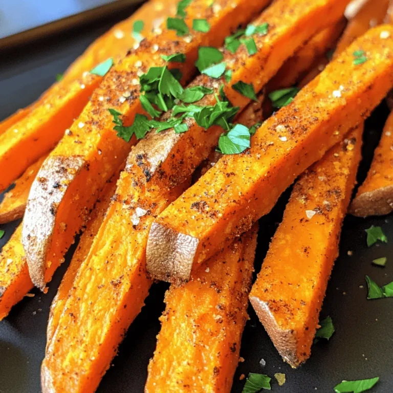 To make the best air fryer sweet potato fries, you need simple, fresh ingredients. Here’s what you will need: - 2 large sweet potatoes, peeled and cut into fries - 2 tablespoons olive oil - 1 teaspoon smoked paprika - 1 teaspoon garlic powder - 1/2 teaspoon cayenne pepper - 1 teaspoon salt - 1/2 teaspoon black pepper - Optional: Fresh parsley, chopped (for garnish) These ingredients work together to create a crispy and flavorful snack. Sweet potatoes offer a natural sweetness, while spices add a kick. Olive oil helps the fries crisp up nicely in the air fryer. Feel free to adjust the spice levels based on your taste. You can find the full recipe details in the section titled "Full Recipe." This recipe is easy to follow and perfect for a quick snack or side dish. First, preheat your air fryer to 400°F (200°C). This step takes about 5 minutes. Preheating the air fryer helps cook the fries evenly. Next, take your sweet potatoes. Peel them and cut them into fry shapes. In a large bowl, toss the sweet potato fries with 2 tablespoons of olive oil. Make sure each fry gets a nice coat of oil. This will help them crisp up while cooking. In a small bowl, mix together your spices. You will need 1 teaspoon of smoked paprika, 1 teaspoon of garlic powder, 1/2 teaspoon of cayenne pepper, 1 teaspoon of salt, and 1/2 teaspoon of black pepper. Feel free to adjust the cayenne pepper to fit your taste. Once mixed, sprinkle this seasoning over the fries. Toss them again until every fry is well coated. This adds tons of flavor to your fries. Now it's time to cook! Arrange the seasoned fries in a single layer in the air fryer basket. Avoid overcrowding; this helps them cook better. If you have a lot of fries, you may need to cook them in batches. Set your timer for 15-20 minutes. Halfway through cooking, shake the basket gently. This helps the fries cook evenly. When they turn crispy and golden brown, they are ready to enjoy. You can garnish them with fresh parsley if you'd like. For the complete details, check the Full Recipe. To get that perfect crunch, don’t overcrowd the basket. If you pack the fries too tight, they will steam instead of fry. This will make them soft. Cook in small batches for the best results. Shaking the basket during cooking is key too. Halfway through, give it a good shake. This helps the fries cook evenly. You’ll see that nice golden color all over. Adding extra flavor is easy. Try using spices like cumin or cinnamon for a twist. Fresh herbs like rosemary or thyme can also bring great taste. Always use fresh ingredients when you can. Fresh sweet potatoes taste better and have more nutrients. Fresh spices pack a punch and add depth to your fries. Dipping sauces are a must! I love pairing these fries with a tangy yogurt sauce or spicy ketchup. You can also try ranch or guacamole for a creamy option. For serving, think about your occasion. These fries are great for game day or a cozy movie night. You can even serve them as a fancy appetizer at dinner parties. Check out the Full Recipe for more tips! {{image_2}} You can mix it up with sweet and savory flavors for your sweet potato fries. For sweetness, try cinnamon and a touch of brown sugar. If you want savory, go for garlic and onion powder. You can also explore fun blends inspired by different cuisines. Cajun spice adds a nice kick. For a fresh twist, use lemon-herb seasoning. Just sprinkle your choice on the fries before cooking, and you’ll have a new flavor each time! If you don’t have an air fryer, you can still enjoy these fries. To bake them in the oven, preheat it to 425°F (220°C). Spread the seasoned fries on a baking sheet lined with parchment paper. Bake for about 25-30 minutes, flipping them halfway through. For those who love deep-fried fries, heat oil in a pot to 350°F (175°C). Fry the sweet potato strips in small batches until golden and crispy. Both methods yield delicious results! The shape of your fries can change the game. You can cut them into classic sticks or try crinkle cuts for more texture. Wedges are another fun option. Different types of sweet potatoes can add variety too. Orange-fleshed sweet potatoes are sweet and creamy. Purple sweet potatoes bring a unique color and flavor. Experiment with shapes and types to find your favorite way to enjoy your sweet potato fries. For a full recipe, check out the Crispy Air Fryer Sweet Potato Fries! To store your sweet potato fries, place them in an airtight container. This keeps them fresh and prevents them from getting soggy. You can store them in the fridge for up to three days. If you want them to last longer, consider freezing them. Just make sure they cool down first. Freeze them flat in a single layer on a baking sheet, then transfer them to a freezer bag. They can last up to three months in the freezer. When reheating your fries, the goal is to keep them crispy. The best method is to use your air fryer again. Preheat it to 350°F (175°C), then place the fries in for about 5-7 minutes. This will refresh their crispness. If you only have a microwave, use it with caution. Microwaving can make them soft. If you must use it, heat them for a short time, no more than 1 minute. Then, finish them in a hot pan for a few minutes to restore some crunch. To make sweet potato fries crispy, start with the right temperature. Preheat your air fryer to 400°F (200°C). This heat helps the fries cook quickly and get that nice crunch. Next, coat the fries well. Use about 2 tablespoons of olive oil for 2 large sweet potatoes. Toss them until they have an even layer of oil. Consider using a mix of spices for extra flavor. I like to use smoked paprika, garlic powder, cayenne pepper, salt, and black pepper. Sprinkle this mix over the fries and toss again. This adds flavor while helping them crisp up. Finally, don’t overcrowd the basket. Lay the fries in a single layer. This allows hot air to flow around each fry. Shake the basket halfway through cooking, about 15-20 minutes. This ensures even cooking and crispiness. Yes, you can use other types of potatoes. Regular potatoes, like russets or Yukon golds, work well too. However, sweet potatoes have a natural sweetness. This sweetness enhances the taste of the fries. They also have more nutrients than regular potatoes. Regular potatoes tend to be starchier. This makes them crispier when cooked properly. If you choose to use regular potatoes, follow the same steps as for sweet potatoes. The cooking time may vary slightly, so keep an eye on them. Sweet potato fries pair well with many sauces. Here are some popular options: - Ketchup - Ranch dressing - Honey mustard - Chipotle mayo - Garlic aioli You can make a simple garlic aioli by mixing mayonnaise with minced garlic and lemon juice. For chipotle mayo, blend mayonnaise with chipotle in adobo sauce. Each of these dips brings out the unique flavors of the fries, making your snack even better. For the full recipe, check out the Crispy Air Fryer Sweet Potato Fries section above. In this post, we explored how to make crispy air fryer sweet potato fries. We covered the right ingredients, preparation steps, and cooking method. I also shared tips for flavor and storage. Sweet potatoes can be fun to cook in many ways. Use different spices or shapes to keep things interesting. Enjoy these fries with your favorite dips for a delightful treat.