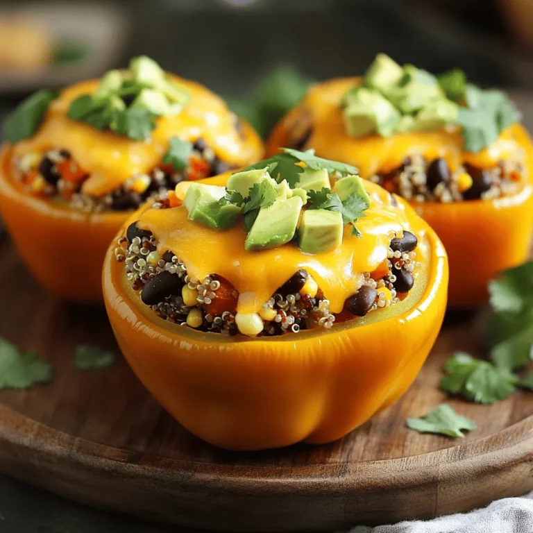 To make your Southwest stuffed peppers, gather these simple ingredients. They bring color and flavor to the dish. Here’s what you need: - 4 large bell peppers (any color) - 1 cup quinoa, rinsed - 2 cups vegetable broth - 1 can (15 oz) black beans, drained and rinsed - 1 cup corn kernels (fresh or frozen) - 1 small red onion, diced - 2 cloves garlic, minced - 1 teaspoon ground cumin - 1 teaspoon smoked paprika - 1 teaspoon chili powder - Salt and pepper to taste - 1 cup shredded cheddar cheese (optional) - 1 avocado, diced (for garnish) - Fresh cilantro, chopped (for garnish) These ingredients create a tasty and satisfying meal. Quinoa adds protein and texture, while black beans and corn give it a hearty feel. The spices, like cumin and chili powder, bring that Southwest flair. If you like cheese, sprinkle it on top for a creamy finish. Don't forget the avocado and cilantro for a fresh garnish! For the full recipe, refer to the recipe section above. - Preheat oven to 375°F (190°C). - Prepare bell peppers by cutting tops and removing seeds. Start by heating your oven. A warm oven helps the peppers cook evenly. Cut the tops off the bell peppers. This lets you fill them later. Make sure to remove all the seeds inside. It keeps the dish tasty and not bitter. Place the peppers upright in a baking dish. This helps them stay filled during cooking. - Bring vegetable broth to a boil. - Add quinoa and simmer until fluffy. Next, grab a saucepan and pour in the vegetable broth. Heat it until it bubbles. Once it boils, add the rinsed quinoa. Cover the pot and lower the heat. Let it cook for about 15 minutes. The quinoa will soak up the broth and become fluffy. This step adds great flavor to your peppers. - Sauté onions and garlic. - Combine filling ingredients and pack into peppers. - Sprinkle cheese on top if desired. Now it’s time to make the filling. In a skillet, heat a bit of oil. Sauté the diced onions and minced garlic until they soften. This takes about 3-4 minutes. You’ll love the smell! Then, mix in the black beans, corn, and fluffy quinoa. Add cumin, smoked paprika, chili powder, salt, and pepper. Stir it well to combine all the flavors. Next, carefully pack the filling into each bell pepper. Press down gently so it fits well. If you like cheese, sprinkle some on top of each pepper. This will melt and create a delicious layer. You can find the full recipe with specifics on cooking times and serving suggestions. - Avoid overcooking the peppers. You want them tender but still firm. - Consider using different grains for added texture. Brown rice or farro can work well. - Add more spices for a kick. Try cayenne or crushed red pepper for heat. - Include other vegetables in the filling. Zucchini, bell peppers, or spinach can boost flavor. - Best garnished with avocado and cilantro. This adds freshness and color to the dish. - Pair with a side salad or bread for a complete meal. A crisp salad balances the dish nicely. For more detailed cooking guidance, check the Full Recipe. {{image_2}} Dietary needs can change how we make Southwest stuffed peppers. Here are some easy ways to adapt the recipe. If you want a vegan option, skip the cheese. You can use vegan cheese instead. This keeps the dish tasty for everyone. For those who need gluten-free meals, check that all ingredients are certified GF. This way, you can enjoy every bite without worry. You can switch things up with different ingredients. Use brown rice instead of quinoa for a hearty base. Brown rice offers a nice chew and fits well. If you prefer, swap black beans for kidney beans. This change adds a new flavor and texture to the dish. To give your peppers some extra kick, add jalapeños to the filling. They bring a nice heat that many love. You can also enhance the flavor by adding taco seasoning. This spice mix makes the dish even more vibrant and tasty. For the full recipe, check the instructions above. You can keep your Southwest stuffed peppers for later. Place them in an airtight container. Store them in the fridge for up to 5 days. When you want to eat them, reheat in the oven or microwave. If you want to save them longer, freeze your stuffed peppers. Make sure to freeze them without any toppings. This way, they keep their taste and texture. When you're ready to enjoy them, thaw the peppers in the refrigerator. This step helps them heat evenly. To reheat, the oven works best. It heats the peppers evenly and keeps them moist. If you want extra flavor, add fresh garnishes like avocado or cilantro before serving. They make the dish look great and taste even better. To add heat, try these tips: - Use jalapeños in the filling. - Add cayenne pepper to taste. - Include hot sauce on top before serving. - Use spicy black beans or chorizo for more flavor. These options will give your dish a delightful kick! Yes, you can! Here are some great choices: - Poblano peppers for a smoky flavor. - Anaheim peppers for milder spice. - Banana peppers for a tangy taste. Each type will change the dish slightly, adding your own twist! I suggest these sides: - A fresh green salad with lime dressing. - Cilantro lime rice to complement the flavors. - Cornbread for a sweet and savory touch. These sides will round out your meal perfectly! Stuffed peppers typically take about 35-40 minutes to cook. - Bake them at 375°F (190°C). - Cover with foil for the first 25 minutes. - Remove foil and bake for another 10-15 minutes. This method ensures the peppers are tender and the filling is hot. For the full recipe, check the detailed cooking steps! We covered how to make tasty Southwest stuffed peppers using simple ingredients. You learned how to prepare, cook, and fill the peppers for a satisfying meal. Remember, you can adjust flavors, fit diets, and even store leftovers easily. Enjoy experimenting with this dish to match your taste. Your kitchen will smell great, and the flavors will impress everyone! Keep this recipe handy for a quick and healthy meal that never gets old.