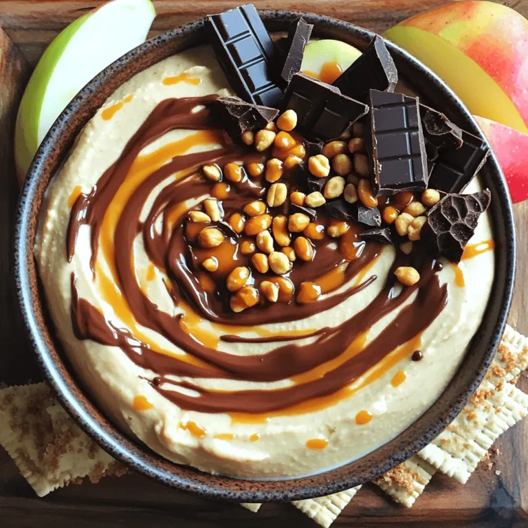 To make this tasty dip, you need simple ingredients. Here they are: - 8 oz cream cheese, softened - 1 cup powdered sugar - 1 cup whipped topping (like Cool Whip) - 1 cup chocolate syrup - 1 cup chopped peanuts - 1/2 cup caramel sauce - 1 teaspoon vanilla extract These ingredients blend to create a rich and creamy treat. The cream cheese gives it a smooth base, while the chocolate syrup adds sweetness. The chopped peanuts bring a nice crunch. Garnishes make your dip look special. You can use: - Mini chocolate bars - Extra chopped peanuts These add fun and flavor. Just sprinkle them on top for a great look. They also give a hint of what is inside the dip. You can dip many things in this dessert dip. Some tasty choices are: - Apple slices - Graham crackers These options work well. The apple slices add crispness, while graham crackers give a sweet touch. You can even try pretzels for a salty crunch. For the full recipe, check out the details above. Enjoy making this fun and easy Snickers Inspired Dessert Dip! Start by placing the softened cream cheese in a mixing bowl. Use an electric mixer to beat it until smooth. This step is key for a creamy dip. Next, slowly add the powdered sugar while mixing. This will sweeten your dip nicely. After that, gently fold in the whipped topping with a spatula. This helps keep the dip fluffy. Now, stir in the chocolate syrup and vanilla extract. Mix until you see a lovely chocolate color. Finally, add the chopped peanuts and caramel sauce. Fold them in carefully to keep the texture nice. To get a perfect creamy dip, ensure your cream cheese is very soft. Let it sit at room temperature for about 30 minutes before mixing. Mixing well at each step is also important. If you find your dip too thick, add a bit more whipped topping or caramel sauce. This will help make it smooth. For a great presentation, transfer the dip to a nice serving bowl. Drizzle extra caramel sauce and chocolate syrup on top. This adds visual appeal and flavor. You can also garnish with mini chocolate bars or chopped peanuts. Serve with apple slices or graham crackers on the side. This way, everyone can enjoy dipping! For the full recipe, check the earlier section. To get the best flavor, mix sweet and salty. The cream cheese gives a nice base. The powdered sugar adds sweetness. The chopped peanuts bring salt and crunch. This dip tastes best when you balance these flavors. You can add more caramel or chocolate syrup to suit your taste. A little extra caramel can enhance the sweet notes. One common mistake is overmixing. If you mix too much, the dip can become runny. Always fold in the whipped topping gently. Another mistake is not tasting as you go. Always sample your dip while mixing. This way, you can adjust flavors as needed. Don’t skip the vanilla extract. It adds a nice depth to your dip. Serve this dip with fresh apple slices for a fruity twist. Graham crackers also work well for dipping. For a fun touch, use pretzel sticks for a sweet-salty combo. You can even put the dip in small cups for easy serving. Arrange mini chocolate bars on top for a great look. This makes the dip look extra special, perfect for parties or gatherings. Enjoy this tasty treat with friends and family! {{image_2}} You can switch up the nuts to change the flavor. Try using almonds or walnuts. They add a nice crunch and a different taste. If you prefer no nuts, simply leave them out. The dip will still taste great! To make a low-carb or sugar-free version, use sugar-free powdered sugar. You can also swap the caramel sauce for a sugar-free option. This way, you keep the sweet taste without the extra carbs. It remains a tasty treat for everyone! If you have dietary needs, you can adjust the recipe. Use dairy-free cream cheese for a vegan option. You can also use gluten-free graham crackers or apple slices for dipping. These changes make the dip friendly for more diets without losing flavor. For the full recipe, check out the Snickers Inspired Dessert Dip 🥜! To keep your Snickers Inspired Dessert Dip fresh, store it in an airtight container. This helps maintain its creamy texture and flavor. Place it in the fridge right after serving. If you have a large bowl, cover it tightly with plastic wrap. This way, you avoid any odors from other foods in the fridge. You can freeze this dip for later use. First, scoop it into a freezer-safe container. Leave some space at the top, as the dip may expand when frozen. Seal it well to avoid freezer burn. When you’re ready to eat it, thaw it in the fridge overnight before serving. Make sure to stir it well after thawing to regain its smooth texture. In the fridge, this dessert dip lasts about 3 to 5 days. If you freeze it, it can last up to 2 months. Always check for any changes in smell or texture before eating. If it looks or smells off, it’s best to toss it. Enjoy your sweet treat knowing you can store it safely for future cravings! You can use many tasty options as dippers. I love using fresh apple slices. They add a nice crunch and sweetness. Graham crackers are another great choice. They have a mild flavor that pairs well with the dip. You can also try pretzels for a salty twist. If you want a little more fun, use cookies like vanilla wafers or chocolate chip cookies. Each dipper brings a different taste and texture. Yes, you can make this dip ahead of time. I recommend preparing it a day in advance. This way, the flavors mix and deepen. Just cover the dip well with plastic wrap or a lid. Store it in the fridge until you’re ready to serve. The dip stays fresh for about 3 to 5 days in the fridge. Make sure to keep it in an airtight container. If you notice any changes in smell or texture, it's best to toss it. Enjoy it while it's fresh for the best taste! You can find the full recipe for the Snickers Inspired Dessert Dip above. This blog post covered everything you need to know about making a Snickers inspired dessert dip. We looked at key ingredients, step-by-step instructions, and tips for great flavor. I shared fun variations and how to store leftovers. In the end, this dip is easy and fun to make. Enjoy it with friends or family! With a few tweaks, it fits any diet. Get creative and have fun with your flavors!