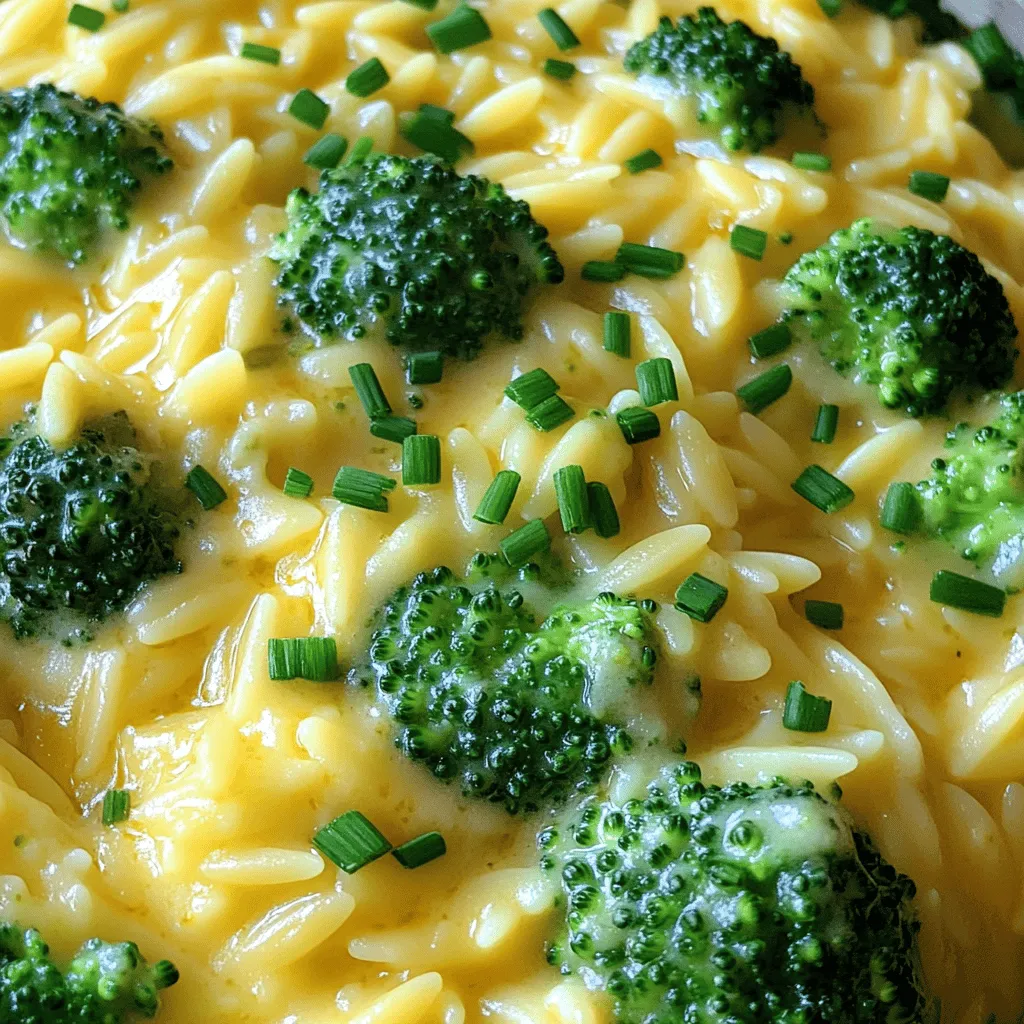 - 1 cup orzo pasta - 2 cups broccoli florets - 1 tablespoon olive oil - 1 small onion, finely chopped - 2 garlic cloves, minced - 4 cups vegetable broth - 1 cup heavy cream - 1 ½ cups sharp cheddar cheese, grated - ½ teaspoon mustard powder - ¼ teaspoon black pepper - Salt to taste - Chopped chives for garnish (optional) - You can use gluten-free orzo if needed. - For a dairy-free option, try dairy-free cheese. - Each serving has about 450 calories. - It includes protein, carbs, and fat for a balanced meal. This recipe captures comfort and flavor in one bowl. The creamy texture and cheesy taste make it a hit. I often enjoy adding broccoli for a healthy twist. The sharp cheddar gives it a rich flavor that pairs well with the creamy sauce. When cooking, feel free to swap ingredients based on what you have. This flexibility helps make each dish unique. For example, using gluten-free orzo allows everyone to enjoy this meal. Remember, always check the nutritional labels on your ingredients. It helps you stay informed about what you eat. For the full recipe, check the link provided. To start, you need to bring the vegetable broth to a boil. Use a medium saucepan and set the heat to medium. Pour in 4 cups of vegetable broth. Keep an eye on it. When bubbles form, it's boiling. Next, add the orzo. Stir it gently. Cook the orzo according to the package instructions, which is usually about 8 to 10 minutes. Three minutes before the orzo is done, toss in the broccoli florets. This way, they cook together and stay bright green. While the orzo and broccoli cook, let’s sauté the aromatics. Grab a large skillet and heat 1 tablespoon of olive oil over medium heat. Add 1 small chopped onion. Sauté it for about 4 minutes until it turns soft and clear. Now, add 2 minced garlic cloves to the skillet. Cook them for just 1 more minute. This short cooking time brings out their sweet and fragrant flavor. If you let them cook too long, they might burn, and we don’t want that! Once the orzo and broccoli are cooked, drain them well. Add them to the skillet with the sautéed onion and garlic. It's time for the creaminess! Pour in 1 cup of heavy cream. Then sprinkle in 1 ½ cups of grated sharp cheddar cheese, ½ teaspoon of mustard powder, ¼ teaspoon of black pepper, and salt to taste. Stir everything together. Make sure the cheese melts fully. This creates a rich, creamy sauce. If it seems too thick, add a splash more cream. Cook for an extra 2 to 3 minutes on low heat. This step allows all the flavors to blend well. Taste your dish and adjust the seasoning if needed. Now, you're ready to enjoy your creamy broccoli cheddar orzo. For a special touch, you can garnish with chopped chives. To avoid overcooking broccoli, add it to the pot in the last three minutes. This keeps the broccoli bright green and crisp. If you cook it too long, it turns mushy and loses its flavor. Ensure the orzo is al dente by checking it a minute before the package time ends. Al dente means it should have a slight bite. This texture adds depth to your dish. You can add spices or herbs for more depth. A pinch of paprika or a sprinkle of thyme can elevate the dish. Experiment with flavors you love. Suggested toppings or garnishes can include chopped chives or extra cheese. These not only add flavor but also make the dish look pretty. The best pan for cooking orzo is a large saucepan. A non-stick pot works well to prevent sticking. Make sure it has enough space for the pasta and broccoli. Helpful kitchen tools for preparation include a good knife for chopping and a sturdy spoon for stirring. A fine grater helps with the cheese. Each tool makes the process smoother and more enjoyable. For the full recipe, check the earlier section. {{image_2}} You can easily modify Creamy Broccoli Cheddar Orzo to fit different diets. For a vegan or vegetarian version, replace the heavy cream and cheddar cheese. Use coconut cream and a plant-based cheese instead. This keeps the dish creamy and rich without dairy. For those looking for low-carb options, swap out the orzo for cauliflower rice. This change cuts carbs while still giving you a nice texture. You can follow the same cooking method for a tasty alternative. Adding proteins can take this dish to a new level. Chicken or shrimp pairs well with the creamy sauce. Simply cook your protein in the skillet before adding the onion and garlic. This adds depth to the flavors. You can also mix in other vegetables. Sweet peas, bell peppers, or even spinach work great. Just chop them up and add them to the pot. This not only boosts nutrition but also adds color to your meal. If you want to switch the cheese, there are great substitutes for cheddar. You can try gouda or mozzarella for a different taste. Nutritional yeast is also a good choice for a cheesy flavor without dairy. For cream alternatives, consider using almond milk or cashew cream. Both can make your dish creamy without the heaviness of dairy. Adjust the amounts to get the right consistency. For the full recipe, check out the detailed instructions above. Creamy Broccoli Cheddar Orzo lasts up to three days in the fridge. Store it in a tight container. Glass or plastic containers work best. Make sure it cools down before sealing. This helps prevent moisture build-up. To freeze Creamy Broccoli Cheddar Orzo, let it cool completely. Then, place it in a freezer-safe container. Leave some space at the top for expansion. It can last up to three months in the freezer. When ready to eat, thaw it in the fridge overnight. Reheat gently on the stove or in the microwave. Adding a splash of broth or cream will help keep it creamy. For reheating, use low heat on the stove or a microwave. Stir often to avoid hot spots. If it seems dry, add a bit of broth or cream. Taste it after reheating. You may want to add salt or pepper to enhance the flavor. For the full recipe, you can refer to the earlier sections where I detailed the steps. Enjoy your delicious Creamy Broccoli Cheddar Orzo! Yes, you can make Creamy Broccoli Cheddar Orzo ahead of time. Store it in an airtight container in the fridge for up to three days. To reheat, add a splash of vegetable broth or cream. This helps keep the dish creamy and moist. Heat it on low in a pan, stirring gently until warm. Avoid high heat to prevent the cheese from becoming gritty. Creamy Broccoli Cheddar Orzo pairs well with many side dishes. Try serving it with a simple green salad. A fresh Caesar salad also complements the rich flavors of the orzo. For a heartier meal, grilled chicken or baked salmon works great. You can also add garlic bread for extra flavor and texture. You can easily customize this recipe to suit your taste. Add cooked chicken or shrimp for extra protein. If you like spice, sprinkle some red pepper flakes. You can also mix in other vegetables like bell peppers or spinach. Fresh herbs, such as parsley or basil, can add a burst of flavor. Don't be afraid to experiment with different cheeses too! Yes, you can use other types of pasta in this recipe. Small shapes like ditalini or fusilli work well. If you prefer a gluten-free option, look for gluten-free orzo or pasta made from rice or corn. Just keep an eye on the cooking times, as they may differ from orzo. Enjoy the versatility of this dish! In this post, we explored making Creamy Broccoli Cheddar Orzo. We covered the required ingredients, step-by-step cooking instructions, tips for perfect texture, and variations to suit your taste. Remember, you can tweak this dish for dietary needs or flavor preferences. With simple techniques, you can create a comforting meal that warms hearts. Enjoy the creamy goodness with your loved ones!