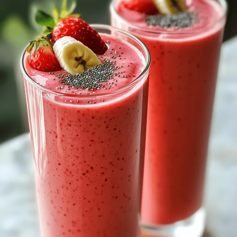 This strawberry banana protein smoothie packs a punch. It is quick to make and full of flavor. You can enjoy it as a snack or a meal. The recipe serves two, so it’s perfect to share or save for later. Here’s what you’ll need for the smoothie: - 1 ripe banana, sliced - 1 cup fresh or frozen strawberries - 1 cup almond milk (or any milk of choice) - 1 scoop vanilla protein powder - 1 tablespoon chia seeds - 1 tablespoon honey or maple syrup (optional) - A pinch of cinnamon (optional) - Ice cubes (if using fresh strawberries) - Banana: This fruit gives you energy and helps with digestion. It’s rich in potassium, which is good for your heart. - Strawberries: These berries are high in vitamin C. They boost your immune system and are low in calories. - Almond Milk: This milk is dairy-free and low in calories. It has healthy fats that keep you full. - Protein Powder: It helps build muscles and keeps you satisfied. It’s great for after a workout. - Chia Seeds: These tiny seeds are full of fiber and omega-3s. They help with digestion and heart health. With these ingredients, you get a tasty drink that fuels your day. Enjoy the full recipe for more details! To make a strawberry banana protein smoothie, start by gathering your ingredients. You will need: - 1 ripe banana, sliced - 1 cup fresh or frozen strawberries - 1 cup almond milk (or any milk of choice) - 1 scoop vanilla protein powder - 1 tablespoon chia seeds - 1 tablespoon honey or maple syrup (optional) - A pinch of cinnamon (optional) - Ice cubes (if using fresh strawberries) This smoothie is simple and quick to prepare. It takes only about 5 minutes from start to finish. Begin by placing the sliced banana and strawberries into your blender. If you're using fresh strawberries, toss in a handful of ice cubes. This helps keep your smoothie nice and cold. Next, pour in the almond milk. Then, add the scoop of vanilla protein powder and the chia seeds. If you want a touch of sweetness, add honey or maple syrup now. For those who enjoy a hint of spice, sprinkle in a pinch of cinnamon. Blend on high for about 30 to 60 seconds. You want everything to mix well and become smooth. After blending, taste your smoothie. If you want it sweeter, add more honey or syrup and blend again. Once your smoothie is ready, pour it into a tall glass or two smaller glasses. This recipe serves two, so share it with a friend or keep one for later. Enjoy your smoothie right away for the best taste and texture. You can also add toppings like sliced strawberries or a sprinkle of chia seeds for a nice touch. For the full recipe, refer to the earlier section. Choose ripe strawberries for the best flavor. Look for bright red berries with no white spots. They should feel firm but not hard. For bananas, pick ones that are slightly speckled. This means they are sweet and ready to eat. If you can, buy organic fruits. They taste better and are better for you. To get a creamier texture, use frozen strawberries. They help thicken the smoothie and keep it cold. You can also add half an avocado. This adds creaminess without changing the flavor much. If you want even more creaminess, consider adding Greek yogurt. It’s rich and full of protein. Taste your smoothie before serving. If it’s not sweet enough, add honey or maple syrup. Start with a small amount and blend again. You can also use dates for natural sweetness. If you want a spice kick, add a pinch of cinnamon. This gives the smoothie a warm flavor. For a fresh twist, try adding a splash of vanilla extract. For the complete recipe, check out the Full Recipe section. {{image_2}} You can add greens to your smoothie for more nutrients. Spinach is a great choice. It has a mild taste and blends well. Kale is another option, but it has a stronger flavor. Start with a small handful and blend it in. You won't taste the greens, but you'll get the benefits! If you want to swap protein powder, there are good options. Greek yogurt adds creaminess and protein. Cottage cheese gives a nice texture and protein boost too. You can also use nut butter like almond or peanut butter. They add flavor and healthy fats. Mixing in flavors can make your smoothie exciting. Try adding a scoop of cocoa powder for a chocolate twist. Vanilla extract offers a warm flavor that pairs well. You can also add some fresh mint or ginger for a kick. These small changes can take your smoothie to the next level! For the complete recipe, check out the Strawberry Banana Protein Smoothie. To keep your strawberry banana protein smoothie fresh, store it in a sealed container. Glass jars work well. Use an airtight lid to keep out air. This helps prevent oxidation. Smoothies are best enjoyed fresh, but you can store them in the fridge for up to 24 hours. Shake or stir before drinking if you see separation. Freezing smoothies is a great way to save them for later. Pour the smoothie into freezer-safe bags or containers. Make sure to leave some space at the top. This allows for expansion. When you're ready to enjoy it, thaw it in the fridge overnight. You can also blend it directly from frozen. Just add a splash of milk to help it blend smoothly. If your smoothie has been stored, it may separate. This is normal. Simply pour it back into the blender. Add a bit of milk to help with consistency. Blend until smooth again. This will bring back its creamy texture and flavor. For the best results, always enjoy your smoothie fresh, but these tips help you save it for later! Yes, you can make the smoothie without protein powder. You can still enjoy a tasty drink. If you skip the protein powder, try adding Greek yogurt or nut butter. Both add creaminess and protein. Greek yogurt gives a nice tang, while nut butter adds flavor and richness. You might need to adjust the liquid amount to keep the right texture. To make this smoothie vegan, use plant-based milk. Almond milk or oat milk works well. Skip the honey and use maple syrup instead for sweetness. You can also add more chia seeds to boost nutrition. This keeps your smoothie tasty while meeting vegan needs. You get a creamy texture without any animal products. Protein smoothies offer many health benefits. They can aid in muscle repair after workouts. Protein helps you feel full longer, which can help with weight control. Strawberries and bananas provide vitamins and minerals. Strawberries are high in vitamin C, and bananas offer potassium. Chia seeds add fiber and omega-3 fats. Overall, this smoothie supports energy and recovery while tasting great. This blog post shared a simple and fun way to make a smoothie. We covered key ingredients, step-by-step instructions, and tips for the best results. Remember, choosing ripe strawberries and bananas key to great taste. You can also add greens or flavor boosts for variety. Store extras properly for later enjoyment. Smoothies can fit any diet, from vegan to protein-packed. Enjoy experimenting with your own creations, and savor the blend of flavors and health benefits!