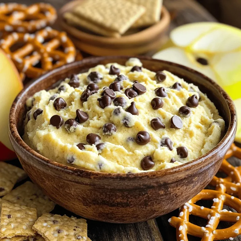 - 1 cup all-purpose flour - ½ cup brown sugar, packed - ½ cup granulated sugar - ½ cup unsalted butter, softened - 1 teaspoon vanilla extract - 1 cup cream cheese, softened - 1 cup mini chocolate chips - Pinch of salt - Optional: ½ cup chopped nuts (walnuts or pecans) When I make Chocolate Chip Cookie Dough Dip, I love using these simple ingredients. The flour gives it that classic cookie dough texture. Brown sugar adds a deep, rich flavor, while granulated sugar adds sweetness. Softened unsalted butter makes everything creamy and smooth. Vanilla extract brings warmth and aroma that ties it all together. Cream cheese is key here; it gives the dip its rich, creamy base. Mini chocolate chips add bursts of chocolate in every bite. If you want a little crunch, adding chopped nuts like walnuts or pecans is a great choice. The pinch of salt balances the sweetness and enhances the flavors. - Graham crackers - Pretzels - Apple slices Now, let’s talk about serving options. I find that graham crackers work great for dipping. They are sweet and crunchy, making them perfect for this dip. Pretzels add a salty twist that pairs well with the sweet dip. For something fresh, try apple slices. They add a nice crunch and a hint of tartness, which balances the sweetness of the dip. Each option makes eating this dip even more fun! You can find the full recipe [here](#). 1. In a mixing bowl, combine softened butter, brown sugar, and granulated sugar. 2. Beat this mixture until it is creamy and smooth. 3. Next, add the cream cheese and vanilla extract. 4. Continue to beat until the mix is fluffy and well combined. 5. Now, sift in the all-purpose flour and a pinch of salt. 6. Mix on low speed or gently by hand until just combined. 1. Fold in the mini chocolate chips and optional nuts if you like. 2. Make sure they are evenly mixed in the dip. 3. Transfer the dip to a serving bowl. 4. Cover it with plastic wrap and chill in the fridge. 1. Serve the dip after it has chilled for at least 30 minutes. 2. Pair it with graham crackers, pretzels, or apple slices for dipping. This simple process gives you a great treat to enjoy. For the full details, check the Full Recipe. - Ensure all ingredients are at room temperature. This helps them blend well. - Chill time enhances flavor. Let it sit for at least 30 minutes. - Skipping the chilling step can lead to a dip that's too soft. - Overmixing the batter makes it tough. Mix just until combined. - Experiment with flavored extracts like almond or hazelnut. A little goes a long way. - Adjust sweetness by varying sugar amounts. Taste as you go for the best balance. With these tips, you’ll create a dip that everyone will love! For the complete method, check the Full Recipe. {{image_2}} You can switch up the flavors to keep things fun. For a peanut butter twist, mix in ½ cup of creamy peanut butter. This adds a nutty taste that pairs great with chocolate. If you crave a coffee kick, try a mocha chocolate chip dip. Just add 1 tablespoon of instant coffee to the mix. The coffee brings a rich depth that coffee lovers will adore. If you need gluten-free options, use 1 cup of gluten-free flour. This swap works perfectly and keeps the dip tasty. For those avoiding dairy, choose a dairy-free cream cheese. Brands like Tofutti or Kite Hill offer great alternatives. They keep the creamy texture while being dairy-free. Make your dip festive with holiday-themed sprinkles. These colorful touches can brighten any dessert table. In summer, try adding dried fruit, like cranberries or apricots. This gives your dip a juicy burst and a fun twist. You can mix and match these ideas to find your favorite combo. For the full recipe, click [Full Recipe]. To keep your chocolate chip cookie dough dip fresh, store it in an airtight container. This helps prevent it from drying out. You can use any clean, sealable bowl or jar. Make sure the lid fits tight. For best results, place the dip in the fridge. This will keep it cool and tasty. The dip stays fresh for about 5 days in the fridge. After that, it may lose flavor or texture. Check for signs of spoilage. If it smells off or has a strange color, it's best to toss it. Always trust your senses when it comes to food safety. You can freeze this dip for later use. To do this, place it in a freezer-safe container. Leave some space at the top, as it will expand. When you want to enjoy it again, simply move it to the fridge to thaw overnight. This way, it stays creamy and delicious. Enjoy your dip with graham crackers, pretzels, or apple slices after thawing! You can swap the cream cheese for Greek yogurt or whipped silken tofu. Both options work well. Greek yogurt adds a nice tang, while silken tofu keeps it smooth. Make sure to choose plain yogurt. This change makes the dip lighter and still tasty. Yes, you can make this dip up to 2 days in advance. Just keep it in the fridge. This helps the flavors blend well. When you are ready to serve, just take it out and let it sit for a bit. Then, enjoy it with your favorite dippers. You have many options beyond graham crackers. Try cookies, fresh fruits, or pretzels. Each choice adds a fun crunch or sweetness. Apples and strawberries are great for a refreshing contrast. Have fun mixing and matching to find your favorite pairings! This blog post covered how to make a delightful chocolate chip cookie dough dip. You learned about essential ingredients like cream cheese, sugars, and mini chocolate chips. I shared tips for the best results and common mistakes to avoid. You also discovered flavor variations and storage tips. In my experience, this dip is fun and easy. It works well for gatherings or just a tasty snack. Enjoy trying out different dippers and flavors!