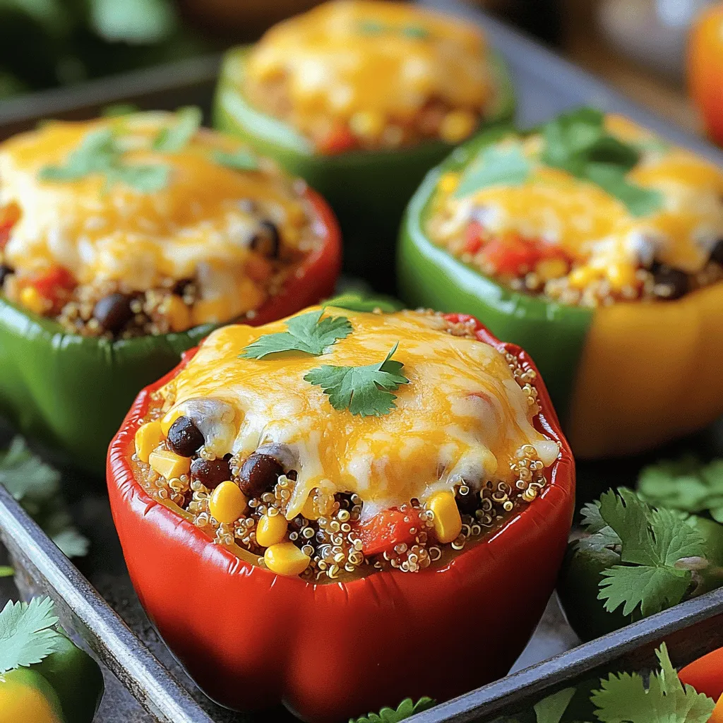 - Bell peppers: You can use any color bell pepper. Red, yellow, and green all work well. They add sweet and crunchy flavors to the dish. - Quinoa: To cook quinoa, rinse it first to remove bitterness. Use two cups of water for every cup of quinoa. Bring to a boil, then simmer for about 15 minutes. Fluffy quinoa is a great base for this recipe. - Black beans: These beans are packed with protein and fiber. They help keep you full. Use canned black beans for ease. Just rinse and drain them before adding. - Spices: Cumin adds warmth, paprika gives depth, and chili powder can add a kick. These spices make the filling flavorful and exciting. - Tomatoes: You can use fresh or canned tomatoes. Canned tomatoes are easy and save time. Fresh tomatoes can add a bright taste if you have them. - Cheese: Cheddar and mozzarella melt well and enhance flavor. You can mix cheeses for more taste. Just sprinkle it on top before baking. For the complete dish, check the Full Recipe. Prepping the bell peppers: Cutting and cleaning tips First, choose four large bell peppers. You can pick any color you like. Slice the tops off the peppers. Use a knife to cut around the stem. Remove the seeds and membranes. This makes the pepper ready to fill. Hold the pepper upside down to shake out any seeds. Cooking the quinoa properly: How to achieve the right texture To cook quinoa, rinse it well in cold water. This removes the bitter taste. Use a pot with two cups of water for one cup of quinoa. Bring it to a boil, then lower the heat. Cover and let it simmer for about 15 minutes. When done, fluff it with a fork. Sautéing the onion and garlic: Keys to great flavor In a large skillet, heat one tablespoon of olive oil over medium heat. Add the diced onion. Cook it until it turns soft, about five minutes. Then add the minced garlic. Cook for one more minute until it smells great. Mixing the filling: How to combine ingredients evenly In the skillet, add the cooked quinoa, black beans, corn, and diced tomatoes. Sprinkle in cumin, paprika, chili powder, salt, and pepper. Mix everything together well. Cook for another five minutes. This lets the flavors mix nicely. Assembling the stuffed peppers: Techniques for filling them right Take the cooked filling and spoon it into each bell pepper. Pack it tightly, so they are full. This ensures each bite is tasty. Baking tips for perfect texture: Temperature and timing Preheat your oven to 375°F (190°C). Place the stuffed peppers in a baking dish. Cover it with foil and bake for 25 minutes. After that, remove the foil and bake for another 10-15 minutes. This makes the peppers soft and the cheese golden. Enjoy your delicious dish! For the full recipe, check out the earlier section. Adjusting spice levels: You can change the heat in this dish. For less spice, skip the chili powder. If you like heat, add a dash of cayenne or even jalapeños. Taste as you go to find what you enjoy best. Cheese alternatives: If you want a dairy-free option, try using vegan cheese. It melts well and adds nice flavor. Nutritional yeast is another great option. It gives a cheesy taste and adds B vitamins. Garnishing with cilantro: Fresh cilantro adds a pop of green. It also brightens the flavors in the dish. Just sprinkle some on top before serving for a fresh look. Serving suggestions: Pair your stuffed peppers with a fresh salad or rice. A side of guacamole or salsa can add extra flavor. These sides complement the stuffed peppers nicely and add variety to your meal. {{image_2}} Quinoa alternatives: If you want to switch things up, try using brown rice, farro, or millet. Each grain adds its own flavor and texture. Brown rice is nutty, farro has a chewy bite, and millet is light. These grains work well as a base for stuffing. Just make sure to cook them before adding to the peppers. Black bean substitutes: If you can't use black beans, chickpeas or kidney beans are great options. Chickpeas offer a creamy texture, while kidney beans have a rich flavor. Both keep the dish hearty and filling, making them perfect for this recipe. Adding extra veggies: You can boost nutrition by adding more vegetables. Spinach, zucchini, or mushrooms fit well in this mix. Chop them fine and sauté with onion and garlic. This adds color, flavor, and more vitamins to your meal. Changing up the spices: Don’t be afraid to play with spices. Try adding oregano for a Mediterranean twist or coriander for a bright taste. You can also use curry powder for an Indian flair. Each spice brings a new flavor that can change the whole dish. To keep your leftover quinoa black bean stuffed peppers fresh, store them in the fridge. - Place the peppers in an airtight container. - This will help maintain their flavor and moisture. - They will stay good for about 3 to 5 days. If you want to store them for longer, freezing is a great option. - Wrap each stuffed pepper tightly in plastic wrap. - Then, place them in a freezer-safe bag. - They can last up to 3 months in the freezer. - When you're ready to eat, thaw them in the fridge overnight. When it's time to enjoy your stuffed peppers again, reheating properly is key. - The best method is to use the oven. - Preheat your oven to 350°F (175°C). - Place the peppers in a baking dish and cover with foil. - Heat for about 20 minutes or until warm. You can also use the microwave if you're short on time. - Place one pepper on a microwave-safe plate. - Heat it for about 2 to 3 minutes. - Check if it's warm throughout. This will help you keep the flavor and texture just right. Can I make this recipe ahead of time? Yes, you can prepare quinoa black bean stuffed peppers ahead of time. You can cook the filling and stuff the peppers. Then, cover them and store in the fridge. Bake them when you are ready to eat. This saves time on busy days and makes meal prep easy. Is it possible to grill stuffed peppers instead of baking them? Absolutely! Grilling gives stuffed peppers a smoky flavor. To grill, prepare as you would for baking. Place the peppers on a grill over medium heat. Cook them for about 20-25 minutes, turning them so they cook evenly. Check for doneness by ensuring the peppers are tender. What are the nutritional benefits of quinoa and black beans? Quinoa and black beans are both very healthy. Quinoa is a complete protein, meaning it has all nine essential amino acids. It also has fiber, which helps with digestion. Black beans are rich in protein, fiber, and antioxidants. Together, they make a filling meal that is good for your heart and overall health. For the full recipe, click here. In this blog post, we explored how to make delicious quinoa black bean stuffed peppers. We covered main ingredients like bell peppers, quinoa, and black beans. Cooking tips helped you prepare the filling and bake your peppers to perfection. You learned how to customize flavors and presented them nicely. Remember, these stuffed peppers are versatile and easy to make. Whether you choose fresh spices or experiment with different grains, the options are endless. Enjoy making this dish and sharing it with others!