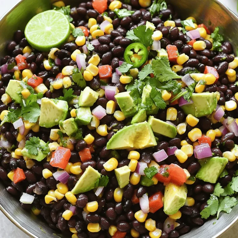 For this tasty Southwest Black Bean Salad, gather the following main ingredients: - 1 can (15 oz) black beans, rinsed and drained - 1 cup corn kernels (fresh, frozen, or canned) - 1 red bell pepper, diced - 1/2 cup red onion, finely chopped - 1 jalapeño, deseeded and minced - 1 avocado, diced - 1/4 cup fresh cilantro, chopped - Juice of 2 limes - 3 tablespoons olive oil - 1 teaspoon cumin - 1 teaspoon smoked paprika - Salt and pepper to taste These ingredients create a colorful salad full of flavor and nutrition. You can add extra ingredients to enhance taste. Consider: - 1 cup cherry tomatoes, halved - 1/2 cup feta cheese, crumbled - 1/4 cup chopped green onions - 1 teaspoon chili powder These additions bring new textures and flavors to your salad. Not every ingredient may be on hand. Here are some easy swaps: - Use black-eyed peas instead of black beans. - Swap fresh corn for canned or frozen corn. - Replace avocado with diced mango for a sweeter touch. - If you don’t have cilantro, parsley works too. Feel free to mix and match based on what you like. The Full Recipe offers all you need to know for preparation. To start, gather all your ingredients. You need a can of black beans, corn, a red bell pepper, red onion, jalapeño, avocado, cilantro, limes, olive oil, cumin, smoked paprika, salt, and pepper. Rinse and drain the black beans first. This helps remove excess salt. Next, chop the vegetables. Dice the bell pepper and onion into small pieces. Mince the jalapeño, but you can adjust the heat by removing the seeds. Dice the avocado last. This keeps it fresh and intact. In a large mixing bowl, combine the black beans, corn, diced bell pepper, chopped onion, and minced jalapeño. Gently fold in the avocado and cilantro. Be careful not to mash the avocado. In a smaller bowl, whisk the lime juice, olive oil, cumin, smoked paprika, salt, and pepper together. Pour this dressing over the salad. Toss the salad gently to coat all the ingredients. Taste it and adjust the seasoning if needed. Let the salad sit for 10-15 minutes. This allows the flavors to mix well. For the best texture, use fresh ingredients. Make sure your avocado is ripe but not overripe. This keeps it firm. You can also chill the salad before serving. This gives it a refreshing taste. If you want crunch, add some tortilla chips right before serving. This keeps them crispy. For a fun twist, layer the salad in jars. It looks great and is easy to grab. Follow these steps, and you'll have a vibrant Southwest Black Bean Salad. You can find the full recipe above. When picking an avocado, look for one that feels slightly soft. Press gently with your fingers. If it gives a little but isn’t mushy, it’s ripe. The skin should be dark green to black, but not too wrinkled. Avoid any with large dents or dark spots. A perfect avocado adds creaminess to your salad. You can prepare this salad ahead of time. Make it up to a day before serving. Store the salad without the avocado. Add the avocado just before serving to keep it fresh. This way, it stays green and tasty. The flavors mix well when you let it sit for a bit, too. Serve this salad on its own or with grilled chicken. It also goes great with tacos or burritos. You can use it as a topping for nachos for an extra kick. Try it with a side of tortilla chips for crunch. For a refreshing drink, pair it with lemonade or iced tea. This salad is both filling and fun! {{image_2}} You can change up the salad by adding protein. Cooked chicken or shrimp works well. Grilled chicken adds a nice smoky taste. You can also use rotisserie chicken for quick prep. For shrimp, sauté them gently with garlic and lime. This extra protein makes the salad more filling. This salad is already vegan-friendly. If you want to keep it vegetarian, you can add cheese. Feta or cotija cheese adds a creamy touch. For a protein boost, consider adding tofu. Just cube the tofu and toss it in with the other ingredients. You can also add nuts or seeds for crunch and extra nutrition. You can make this salad fit the seasons. In summer, use fresh tomatoes and cucumbers. They add a refreshing crunch. In winter, consider roasted vegetables like sweet potatoes or squash. This adds warmth and depth to the dish. Using seasonal ingredients keeps the salad fresh and exciting. For a full recipe, check out the Southwest Black Bean Salad. To keep your Southwest Black Bean Salad fresh, place leftovers in an airtight container. Make sure to seal it tightly. If you know you won't eat it right away, store the dressing separately. Combine it with the salad just before serving. This keeps the salad crisp and tasty. Choose clear glass or plastic containers for storage. Glass containers are great because they do not stain or hold odors. If you use plastic, pick BPA-free options. Always pick containers with tight-fitting lids. This helps keep air out and preserves freshness. When stored correctly, your salad lasts about 3 to 5 days in the fridge. If you see any signs of spoilage, like off smells or mold, toss it out. For the best taste, eat it within the first few days. This salad is best fresh, so enjoy it soon after making the full recipe! Southwest Black Bean Salad can last for about three days in the fridge. Store it in an airtight container. The vegetables will stay crisp, but the flavors get better. After a day, the taste intensifies. If you notice any browning on the avocado, it's best to eat it soon. To keep it fresh, add the avocado right before serving. Yes, you can use dried beans, but they need extra time. First, soak the dried black beans for at least 6-8 hours. After soaking, cook them until tender. This can take 1-2 hours. Using dried beans may add a deeper flavor, and you can control the salt. Just make sure to rinse them well after cooking. To boost flavor, consider these seasonings: - Cumin - Smoked paprika - Chili powder - Garlic powder - Lime zest These spices add depth and warmth. You can adjust the amount based on your taste. For a kick, try adding cayenne pepper or more jalapeño. If you want a touch of sweetness, mix in some honey or maple syrup. Explore different combinations to find your favorite blend. For the full recipe, check out the complete instructions above. In this post, we explored all you need for a great Southwest Black Bean Salad. We discussed the main and optional ingredients and shared some key substitutions. I provided step-by-step instructions for preparing, mixing, and perfecting the salad's texture. You learned tips on choosing avocados and how to serve this dish. We also covered protein options and seasonal variations. Remember, this salad is flexible and fun. Experiment with ingredients to make it your own! Enjoy fresh flavors any time of year.