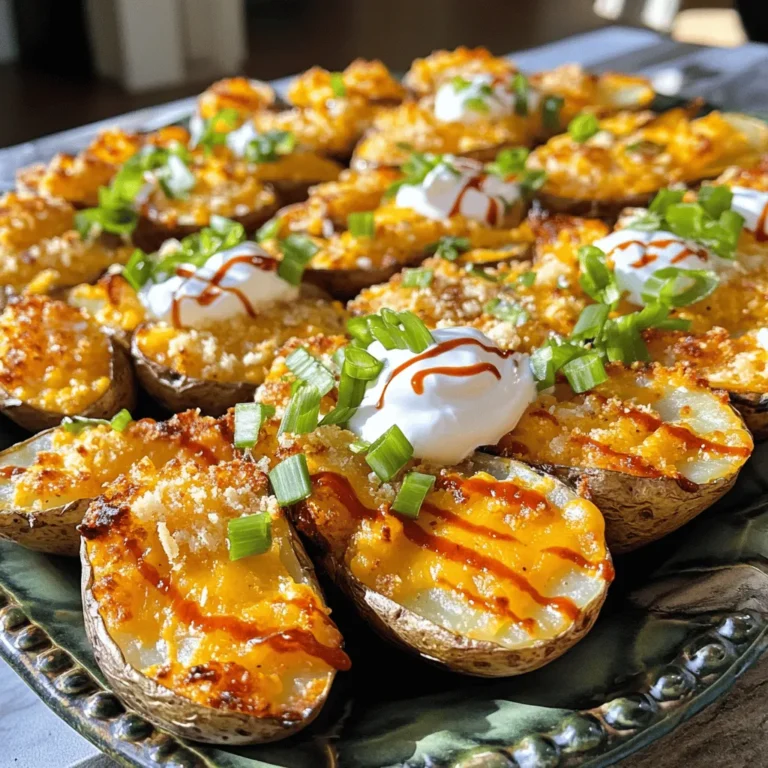 To make crispy Parmesan ranch potato skins, you need a few simple and tasty items. Here’s what you will need: - 4 medium russet potatoes - 1 tablespoon olive oil - 1 teaspoon garlic powder - 1 teaspoon onion powder - 1 teaspoon dried parsley - ½ teaspoon salt - ¼ teaspoon black pepper - ½ cup grated Parmesan cheese - ½ cup shredded cheddar cheese - ½ cup sour cream - 2 green onions, sliced - Optional: hot sauce for drizzling These ingredients blend well together to create bold flavors. The russet potatoes shine with their fluffy texture. Olive oil helps the skins crisp up nicely. Garlic and onion powders add great depth to every bite. Parmesan cheese gives a sharp, rich taste, while cheddar brings creaminess. If you want to switch things up, you can try different cheeses, like mozzarella or pepper jack. You can also use sweet potatoes for a twist. Adjust the spices based on your taste, too. You can add more garlic powder or even a pinch of cayenne for heat. This recipe is flexible and can be made to suit your preferences. For the full recipe, check the instructions above. Start by preheating your oven to 400°F (200°C). This step is key for crispy potato skins. While the oven heats, wash the potatoes well. Use a fork to pierce each potato several times. This helps steam escape and ensures even cooking. Place the potatoes on a baking sheet. Bake them for 45-60 minutes until they are fork-tender. After baking, remove the potatoes and let them cool for about 10 minutes. Once they are cool enough to handle, cut each potato in half lengthwise. Use a spoon to scoop out some of the insides, leaving about a ¼-inch thick shell. This gives you the perfect base for your toppings. Next, brush the potato skins with olive oil, both inside and out. This step adds flavor and helps achieve that crispy texture. In a small bowl, mix together garlic powder, onion powder, dried parsley, salt, and black pepper. This seasoning blend will bring great taste to your skins. Sprinkle this mix evenly inside each potato skin. Now, it’s time to layer on the cheese. Start with the grated Parmesan cheese, then add the shredded cheddar cheese on top. The cheese will melt beautifully and add a rich flavor to each bite. Place the potato skins back on the baking sheet, cheese-side up. Return them to the oven and bake for another 15-20 minutes. Keep an eye on them until the cheese is melted and the edges are crispy. After baking, remove the skins from the oven and let them cool slightly. Top each one with a dollop of sour cream and garnish with sliced green onions. If you like a kick, drizzle some hot sauce on top. Enjoy this tasty treat with friends or family. For a complete guide, refer to the Full Recipe. To get those potato skins extra crispy, start with the right oil. I use olive oil because it adds flavor and helps the skins crisp up. Brush the oil on both the inside and outside of the potato skins. This step is key! When baking, make sure to keep an eye on the skins. Check them at the 15-minute mark. The cheese should melt, and the edges should turn golden brown. If they look a bit soft, give them a few more minutes. Trust your eyes; crispy is the goal! Want to kick up the flavor? You can add more spices. Try paprika or cayenne for some heat. A sprinkle of smoked paprika can give a nice smoky taste. If you want to modify the ranch flavor, consider adding some herbs. Fresh dill or chives can brighten things up. You can also mix in a little ranch seasoning for extra zing! These small changes can transform your potato skins into an even tastier snack. {{image_2}} You can change the cheeses to mix things up. Try using gouda or mozzarella. These cheeses melt well and add great taste. You can also use feta for a tangy twist. For toppings, consider adding cooked bacon bits or jalapeños for heat. Switching up the seasonings can create unique flavors. Instead of garlic and onion powder, try smoked paprika or chili powder. These spices give a warm, smoky flavor that is hard to resist. You can also add a sprinkle of ranch seasoning for extra zest. If you want to make these potato skins vegan, swap the cheese for a plant-based version. Nutritional yeast can also add a cheesy flavor without dairy. For the sour cream, use a vegan alternative made from cashews or coconut. To make these skins gluten-free, just ensure your seasoning blends are free from gluten. You can also use gluten-free breadcrumbs if you want extra crunch. If you want to cut down on fat, use less cheese and opt for low-fat dairy products. You can also brush the skins with cooking spray instead of oil. This way, you keep the flavor while making them lighter. For the full recipe, check out the [Full Recipe]. To keep your crispy Parmesan ranch potato skins fresh, store them in the fridge. Place them in an airtight container. This helps keep them crisp for a few days. Use wax paper or parchment paper between layers to avoid sogginess. When you want to reheat them, preheat your oven to 375°F (190°C). Place the skins on a baking sheet and heat for about 10-15 minutes. This keeps them nice and crispy, just like when they were fresh. If you want to save some for later, you can freeze potato skins. Start by baking them and letting them cool completely. Once cool, wrap each skin individually in plastic wrap. Then, place them in a freezer bag. This helps prevent freezer burn. To thaw, move them to the fridge overnight. When you’re ready to eat, reheat them in the oven at 375°F (190°C) for about 15 minutes. They will taste almost as good as fresh from the oven! For the full recipe, check out the Crispy Parmesan Ranch Potato Skins details. Yes, you can use different types of potatoes. Each type brings a unique flavor and texture. For example, russet potatoes are fluffy and great for crisping. Yukon golds are creamier and add a buttery taste. Red potatoes hold their shape well but may not get as crispy. Experiment with what you like best. Just remember to keep the skin thick enough for filling. To make these potato skins healthier, you can swap some ingredients. Use low-fat cheese for less fat. Greek yogurt can replace sour cream for a protein boost. You can also skip cheese entirely and pile on veggies, like bell peppers or spinach. This way, you keep the flavor but cut down on calories. Choose olive oil spray instead of pouring oil to control the amount used. Yes, you can prep these potato skins ahead of time. Bake the potatoes and scoop them out. Store the skins in an airtight container in the fridge. You can also mix your seasonings and cheese ahead. When you’re ready to eat, just assemble and bake. This method saves time and makes it easy to enjoy a tasty snack. In this article, we covered making delicious potato skins. You learned the key flavors, portion sizes, and how to prep and bake. We shared tips for maximum crispiness and enhancements for extra taste. You saw variations for different diets and storage methods for leftovers. These potato skins can be fun and easy to make. With some practice, you'll impress everyone with your tasty creations. Enjoy your cooking journey!